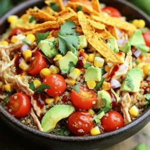 This High Protein BBQ Chicken Salad is packed with flavor and good stuff. Here’s what you need: - 2 cups cooked chicken breast, shredded - 1 cup cooked quinoa - 1 cup cherry tomatoes, halved - 1 cup corn (fresh, frozen, or canned) - 1 ripe avocado, diced - ½ red onion, finely chopped - ½ cup black beans, rinsed and drained - ½ cup BBQ sauce (low-sugar option recommended) - 2 tablespoons fresh lime juice - ¼ cup fresh cilantro, chopped - Salt and pepper to taste - Optional: Crispy tortilla strips for garnish Each ingredient adds its own flavor and texture. Shredded chicken gives protein, while quinoa offers a nutty taste. Cherry tomatoes bring sweetness, and corn adds crunch. The creamy avocado balances the salad. Red onion gives a bite, and black beans add more protein. BBQ sauce ties it all together with a tangy kick. Lime juice brightens the dish, and cilantro adds freshness. You can top it off with crispy tortilla strips for a fun crunch. For the full recipe, check out the details and step-by-step instructions. - First, combine the chicken, quinoa, tomatoes, corn, avocado, onion, and black beans in a large bowl. This mix gives the salad great texture and taste. - Next, in a small bowl, mix the BBQ sauce and lime juice. This will be your zesty dressing. - Drizzle the BBQ dressing over the chicken and veggies. Toss gently so everything gets coated well. - Season with salt, pepper, and chopped cilantro to add fresh flavor. - Let the salad rest for about 10 minutes. This helps the flavors blend together nicely. - When ready to serve, place the salad in bowls or on a platter. You can add crispy tortilla strips on top for extra crunch. This High Protein BBQ Chicken Salad is not just tasty but also packed with nutrients. The full recipe provides a great way to enjoy a fresh and filling meal. - Use leftover or rotisserie chicken for quicker prep. It saves time and energy. - Opt for low-sugar BBQ sauce to maintain healthiness. This way, you cut down on extra sugar. - Adjust seasoning to personal taste. Everyone has different preferences, so make it yours! - Add extra spices or herbs for additional flavor. Try smoked paprika or fresh basil for a twist. - Include a squeeze of lemon for acidity. This brightens up the dish and adds freshness. For a full recipe, check out the High Protein BBQ Chicken Salad! {{image_4}} You can easily change the protein in this salad. If you want a twist, use turkey instead of chicken. Turkey is lean and tasty. Tofu is another great option. It adds protein and is plant-based. For a fun crunch, add some nuts or seeds. Almonds or sunflower seeds can really enhance the flavor and texture. Want to mix things up? Swap out the lettuce for spinach or kale. Both greens are healthy and add a nice texture. You can also change the corn for roasted bell peppers. Roasted bell peppers bring a sweet and smoky flavor to the dish. These small changes can make your High Protein BBQ Chicken Salad exciting every time you make it. For the full recipe, check out the earlier section. To keep your High Protein BBQ Chicken Salad fresh, refrigerate the leftovers in an airtight container. This way, you maintain the salad's taste and texture. It's best to consume the salad within 2-3 days for optimal flavor. The ingredients can lose their crunch and freshness over time, so don't wait too long! You can freeze the salad without the dressing for future use. This helps preserve the salad's integrity. When you're ready to enjoy it again, simply thaw it in the fridge overnight. Once thawed, add your favorite BBQ sauce before serving. This method keeps your meal prep simple and effective! To make this salad vegan, you can swap the chicken for plant-based proteins like chickpeas or tofu. Choose a vegan BBQ sauce or a homemade version using tomato paste, vinegar, and spices. This way, you keep the flavor while making it plant-based. Yes, you can prepare this salad in advance. To keep it fresh, store each component separately. Mix the chicken, quinoa, and veggies together, but keep the dressing in a jar. Add the dressing just before serving to maintain crunch and flavor. This high protein salad pairs well with whole grain bread or a fruit salad. You might also enjoy it with roasted sweet potatoes or a simple green side salad. These sides add variety and balance to your meal. Absolutely! This salad is great for meal prep. Store individual servings in airtight containers. Keep the dressing separate to ensure freshness. This way, you can enjoy a quick and nutritious meal throughout the week. Check the full recipe for more details on prepping this dish. This salad combines cooked chicken, quinoa, and veggies into a tasty dish. You can dress it with BBQ sauce and lime juice for great flavor. Remember to use fresh ingredients and adjust spices to match your taste. You can even swap ingredients for variety. Store leftovers properly for later enjoyment. With these tips, you can make a healthy meal that fits your needs. Enjoy this easy, healthy salad today!