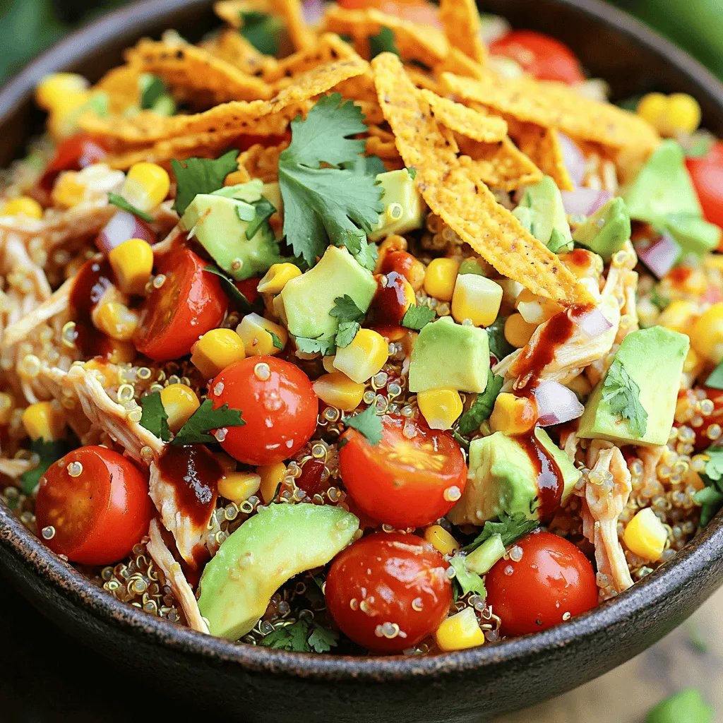This High Protein BBQ Chicken Salad is packed with flavor and good stuff. Here’s what you need: - 2 cups cooked chicken breast, shredded - 1 cup cooked quinoa - 1 cup cherry tomatoes, halved - 1 cup corn (fresh, frozen, or canned) - 1 ripe avocado, diced - ½ red onion, finely chopped - ½ cup black beans, rinsed and drained - ½ cup BBQ sauce (low-sugar option recommended) - 2 tablespoons fresh lime juice - ¼ cup fresh cilantro, chopped - Salt and pepper to taste - Optional: Crispy tortilla strips for garnish Each ingredient adds its own flavor and texture. Shredded chicken gives protein, while quinoa offers a nutty taste. Cherry tomatoes bring sweetness, and corn adds crunch. The creamy avocado balances the salad. Red onion gives a bite, and black beans add more protein. BBQ sauce ties it all together with a tangy kick. Lime juice brightens the dish, and cilantro adds freshness. You can top it off with crispy tortilla strips for a fun crunch. For the full recipe, check out the details and step-by-step instructions. - First, combine the chicken, quinoa, tomatoes, corn, avocado, onion, and black beans in a large bowl. This mix gives the salad great texture and taste. - Next, in a small bowl, mix the BBQ sauce and lime juice. This will be your zesty dressing. - Drizzle the BBQ dressing over the chicken and veggies. Toss gently so everything gets coated well. - Season with salt, pepper, and chopped cilantro to add fresh flavor. - Let the salad rest for about 10 minutes. This helps the flavors blend together nicely. - When ready to serve, place the salad in bowls or on a platter. You can add crispy tortilla strips on top for extra crunch. This High Protein BBQ Chicken Salad is not just tasty but also packed with nutrients. The full recipe provides a great way to enjoy a fresh and filling meal. - Use leftover or rotisserie chicken for quicker prep. It saves time and energy. - Opt for low-sugar BBQ sauce to maintain healthiness. This way, you cut down on extra sugar. - Adjust seasoning to personal taste. Everyone has different preferences, so make it yours! - Add extra spices or herbs for additional flavor. Try smoked paprika or fresh basil for a twist. - Include a squeeze of lemon for acidity. This brightens up the dish and adds freshness. For a full recipe, check out the High Protein BBQ Chicken Salad! {{image_4}} You can easily change the protein in this salad. If you want a twist, use turkey instead of chicken. Turkey is lean and tasty. Tofu is another great option. It adds protein and is plant-based. For a fun crunch, add some nuts or seeds. Almonds or sunflower seeds can really enhance the flavor and texture. Want to mix things up? Swap out the lettuce for spinach or kale. Both greens are healthy and add a nice texture. You can also change the corn for roasted bell peppers. Roasted bell peppers bring a sweet and smoky flavor to the dish. These small changes can make your High Protein BBQ Chicken Salad exciting every time you make it. For the full recipe, check out the earlier section. To keep your High Protein BBQ Chicken Salad fresh, refrigerate the leftovers in an airtight container. This way, you maintain the salad's taste and texture. It's best to consume the salad within 2-3 days for optimal flavor. The ingredients can lose their crunch and freshness over time, so don't wait too long! You can freeze the salad without the dressing for future use. This helps preserve the salad's integrity. When you're ready to enjoy it again, simply thaw it in the fridge overnight. Once thawed, add your favorite BBQ sauce before serving. This method keeps your meal prep simple and effective! To make this salad vegan, you can swap the chicken for plant-based proteins like chickpeas or tofu. Choose a vegan BBQ sauce or a homemade version using tomato paste, vinegar, and spices. This way, you keep the flavor while making it plant-based. Yes, you can prepare this salad in advance. To keep it fresh, store each component separately. Mix the chicken, quinoa, and veggies together, but keep the dressing in a jar. Add the dressing just before serving to maintain crunch and flavor. This high protein salad pairs well with whole grain bread or a fruit salad. You might also enjoy it with roasted sweet potatoes or a simple green side salad. These sides add variety and balance to your meal. Absolutely! This salad is great for meal prep. Store individual servings in airtight containers. Keep the dressing separate to ensure freshness. This way, you can enjoy a quick and nutritious meal throughout the week. Check the full recipe for more details on prepping this dish. This salad combines cooked chicken, quinoa, and veggies into a tasty dish. You can dress it with BBQ sauce and lime juice for great flavor. Remember to use fresh ingredients and adjust spices to match your taste. You can even swap ingredients for variety. Store leftovers properly for later enjoyment. With these tips, you can make a healthy meal that fits your needs. Enjoy this easy, healthy salad today!