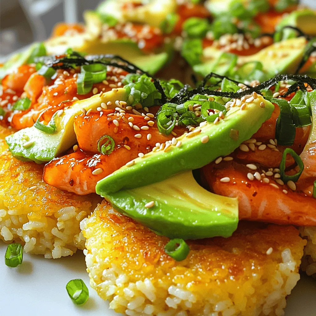- 2 cups sushi rice - 2 ½ cups water - 1 lb fresh salmon, skinless, diced - 1 tablespoon soy sauce - 1 tablespoon sriracha sauce - 1 teaspoon sesame oil - 1 avocado, sliced - 2 green onions, finely chopped - 1 tablespoon rice vinegar - 1 teaspoon sugar - Sea salt, to taste - Nori sheets, cut into strips for garnish - Toasted sesame seeds, for garnish - Additional toppings or garnishes - Vegetables to complement the dish When I create Crispy Rice with Spicy Salmon, I love to start with fresh, high-quality ingredients. Sushi rice is key here. It gives that sticky texture we all love. Also, fresh salmon makes a big difference in taste. Dicing it into small pieces helps it mix well with the sauces. Soy sauce and sriracha add depth and a kick to the dish. Sesame oil brings a nutty essence that balances everything out. I always use ripe avocados for a creamy contrast. Green onions add a nice crunch and brightness. For extra flair, nori strips and toasted sesame seeds make the dish pop visually. Plus, they add fun textures. I often think about customizing this dish. You can play with different toppings or even add vegetables like cucumber or radish. This way, you can cater the dish to your taste. If you want the full recipe, check out the details to get started on this flavorful adventure! - Rinse the Rice: Start by rinsing the sushi rice with cold water. Keep rinsing until the water runs clear. This step helps remove excess starch and makes the rice less sticky. - Cook the Rice: In a medium pot, mix the rinsed rice with 2 ½ cups of water. Turn the heat to high and bring it to a boil. Once it boils, lower the heat and cover the pot. Let it simmer for 20 minutes until the water is gone. After that, remove it from heat but keep it covered for another 10 minutes to steam. - Season the Rice: In a small bowl, mix rice vinegar and sugar until the sugar dissolves. Gently fold this mixture into the cooked rice. This adds flavor and helps the rice cool to room temperature. - Prepare the Salmon: In a bowl, combine diced salmon, soy sauce, sriracha, sesame oil, and a pinch of sea salt. Mix well to coat the salmon. Let it marinate for 10 to 15 minutes at room temperature. - Crisp the Rice: Heat a non-stick skillet over medium heat and lightly oil it. Take some cooled rice and form a patty about ½ inch thick. Cook it in the skillet for 4 to 5 minutes until it is golden brown and crispy. Flip it over and cook for another 4 to 5 minutes. Repeat with the rest of the rice. - Assemble the Dish: Once all rice patties are crispy, place them on a plate. Top each patty with a generous scoop of the marinated salmon. - Garnish: Add slices of avocado around the patties. Sprinkle with green onions and toasted sesame seeds. For an extra touch, place nori strips on top. - What to watch for when cooking the rice: Make sure the rice absorbs all the water. If it’s too wet, it won’t get crispy. - Tips for marinating salmon effectively: Let the salmon sit in the marinade long enough to soak up the flavors but not too long that it gets mushy. About 10 to 15 minutes works best. For the full recipe, check out the [Full Recipe]. - Achieving the perfect crispy texture: To get that ideal crunch, use cold, cooked sushi rice. When you shape the rice into patties, make them firm but not too tight. This helps them hold together while crisping nicely. Use a non-stick skillet to prevent sticking. Heat the skillet to medium. Let each rice patty cook for 4-5 minutes until golden brown, then flip and repeat. - How to balance flavors with garnishes: The right garnishes can elevate your dish. Sliced avocado adds creaminess, while green onions give a fresh crunch. Nori strips contribute a nice umami flavor. A sprinkle of sesame seeds adds a nutty touch. Drizzle extra sriracha for more heat if you like it spicy. These elements create a balanced taste in each bite. - Overcooking the rice: Cooking sushi rice can be tricky. If you overcook it, the rice will become mushy. Follow the cooking time closely. Once the water is absorbed, let it steam for an extra 10 minutes. This step is key to fluffy rice. - Incorrect marinating time: Marinating salmon is crucial for flavor. Don’t rush this step. Let the salmon sit in the marinade for 10-15 minutes at room temperature. If you marinate for too long, the fish can become too salty or lose its texture. Keep an eye on the clock for the best results. You can find the full recipe for Crispy Rice with Spicy Salmon [here](#). {{image_4}} You can switch up the protein in this dish. Try using diced tuna or shrimp instead of salmon. Both options provide a fresh taste and a unique twist. If you prefer a milder flavor, opt for cooked shrimp. For a bolder choice, use spicy tuna with extra sriracha. Experiment with different seasonings, too. Add a dash of lime juice for a zesty kick. You can also sprinkle some chili flakes for added heat. Garlic powder or ginger can enhance the aroma. Each option allows you to create a new flavor profile. Crispy Rice with Spicy Salmon pairs beautifully with a few side dishes. Consider serving it with a light cucumber salad. The crunch and freshness balance the richness of the salmon. Another great choice is pickled vegetables, which add a tangy contrast. For drinks, chilled green tea works wonders. Its subtle flavor complements the dish without overpowering it. A light, fruity sake also enhances your dining experience. Both options refresh the palate and elevate your meal. You can find the full recipe for this dish to explore more variations. To keep your crispy rice tasty, store leftovers in an airtight container. This helps maintain the texture and flavor. Place the rice in the fridge within two hours after cooking. It stays fresh for up to three days. To reheat, try using a non-stick skillet. Heat the skillet over medium heat and add a little oil. Place the rice patties in the skillet for about 2-3 minutes on each side. This method helps regain that crispy texture. You can also use a microwave, but the texture may not be as good. Yes, you can freeze crispy rice! This is great for meal prep or saving extra servings. Cut the rice patties into individual pieces for easy thawing. Use freezer-safe containers or bags. Make sure to remove as much air as possible to prevent freezer burn. Label your containers with the date. They can last up to three months in the freezer. When you’re ready to eat, thaw them overnight in the fridge. Then, reheat using the skillet method for the best results. This way, you can enjoy the bold flavors of crispy rice with spicy salmon any time! For the full details on making this dish, check the Full Recipe. What is the best rice for making crispy rice? The best rice for crispy rice is sushi rice. It has the right stickiness to hold together. This type of rice cooks well and gives a nice bite. Other short-grain rice can work too, but sushi rice is my top choice. Can I make this recipe ahead of time? Yes, you can prepare the rice and salmon mix ahead of time. Keep the rice in the fridge and the salmon mixture in a separate container. When you're ready, crisp the rice patties in a hot skillet. This keeps everything fresh and tasty. Is this dish suitable for meal prep? Absolutely! This dish works great for meal prep. You can make extra rice patties and store them in the fridge. Just crisp them up when you want to eat. The salmon mixture can also be stored, making it easy to enjoy later. Where to find the best restaurants serving Crispy Rice with Spicy Salmon? To find the best spots, check online reviews and food blogs. Look for restaurants that focus on Asian cuisine. Sushi bars often serve crispy rice dishes that are delicious. You can also explore food festivals for local favorites. Can I adjust the spice level in this recipe? Yes! You can adjust the spice level to fit your taste. Add less sriracha for a milder flavor. If you want more heat, add some chili flakes or even a dash of hot sauce. Tailor it to what you enjoy. - For more delicious ideas, check out my other recipes like spicy tuna tartare or avocado toast. - Watch video tutorials online for step-by-step guidance on making crispy rice and perfecting your salmon. These can help you see the techniques in action. This blog post covered how to make crispy rice with spicy salmon. We discussed essential ingredients, detailed steps, and tips to avoid mistakes. You can customize your dish with optional toppings and find the best pairings for serving. Remember to pay attention to cooking times and marinating techniques. By following these guidelines, you'll enjoy a flavorful meal. Whether you share it or savor it solo, this dish brings joy to your table. Dive into your cooking adventure, and delight in the crispy joy!