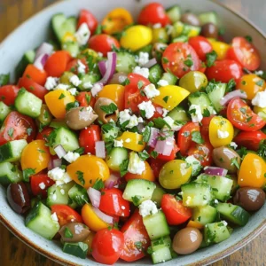 - 1 cup cherry tomatoes, halved - 1 cucumber, diced into bite-sized pieces - 1 bell pepper (any color), chopped into small cubes - 1/2 red onion, thinly sliced - 1 cup Kalamata olives, pitted and halved - 1 cup feta cheese, crumbled - 1/4 cup fresh parsley, finely chopped - 3 tablespoons extra virgin olive oil - 2 tablespoons fresh lemon juice - 1 teaspoon dried oregano - Salt and black pepper, to taste Gather these fresh ingredients for a bright Mediterranean salad. The cherry tomatoes add a sweet burst of flavor. Cucumber offers a cool crunch, while bell pepper brings a sweet note. Red onion adds a sharp taste that balances well with the feta cheese's creaminess. Kalamata olives add a briny touch that ties all the flavors together. This salad is not just tasty; it's also healthy. Each serving holds about 200 calories with 15 grams of fat, 6 grams of protein, and 10 grams of carbs. The healthy fats from olive oil and feta support heart health. The fresh veggies provide vitamins and minerals, making this salad a great choice for any meal. - Mixing bowl - Whisk - Spatula Use a large mixing bowl to combine your ingredients easily. A whisk helps mix the dressing well, ensuring all flavors blend. A spatula is perfect for gently folding in the feta cheese and olives without breaking them apart. These tools make creating your Mediterranean salad simple and fun. You can find the full recipe here for detailed steps! To make your Mediterranean salad shine, start with the vegetables. First, wash the cherry tomatoes. Cut each tomato in half. Next, grab a cucumber. Dice it into bite-sized pieces. Choose a bell pepper, any color you like. Chop it into small cubes. Finally, take a red onion. Slice it thinly. Make sure all these pieces are even and ready for mixing. Now, it's time to mix. In a large bowl, add your prepared vegetables: cherry tomatoes, cucumber, bell pepper, and onion. Gently stir them together. Then, toss in the Kalamata olives. Cut them in half if they aren't already. Add the crumbled feta cheese. Use a spatula to fold everything together. Be gentle to keep the feta intact. You want a lovely blend of colors and flavors. Next, let’s make the dressing. In a small bowl, combine extra virgin olive oil and fresh lemon juice. Add dried oregano, salt, and black pepper. Whisk the mixture until it’s well combined. This will create a bright and zesty dressing. Drizzle it over your salad mix. Toss gently, ensuring all ingredients get coated. This dressing makes the salad fresh and flavorful. For the full recipe, check out the details above. To make a great Mediterranean salad, start with fresh ingredients. Go for bright, firm cherry tomatoes. Choose cucumbers that feel heavy and have smooth skin. Pick bell peppers that are shiny and firm. A crisp red onion adds a nice bite. Fresh herbs like parsley really boost flavor. To keep your salad vibrant, chop ingredients just before serving. This helps lock in their crunch and color. A quick rinse under cold water also helps revive wilting greens. Serve your Mediterranean salad chilled or at room temperature. It tastes best when the flavors meld. Use a large, shallow bowl for a pretty presentation. You can garnish with extra parsley or feta on top. Try serving it with crusty bread or grilled chicken for a full meal. One common mistake is overmixing delicate ingredients. Stir gently to keep the feta and olives whole. Another mistake is using too much dressing. Start with a little, then add more if needed. This way, you keep the salad light and tasty. {{image_4}} You can easily jazz up your Mediterranean salad with some fun add-ins. Here are a few tasty options: - Avocados: They add creaminess and healthy fats. Just dice them and mix in. - Chickpeas: These add protein and a nice texture. Use canned ones for ease! - Different Cheeses: Try using goat cheese or mozzarella for a twist. They melt nicely! Adding these ingredients boosts flavor and nutrition. Feel free to experiment with your favorites! Seasons change, and so can your salad! You can swap ingredients based on what's fresh. - Summer: Add in juicy peaches or fresh basil for a sweet touch. - Autumn: Include roasted butternut squash or apples for warmth. Using seasonal ingredients keeps your salad vibrant and full of flavor. Plus, it’s a great way to support local farms! If you have specific diet needs, you can adapt this Mediterranean salad easily. Here are some ideas: - Gluten-Free: This salad is naturally gluten-free! Just ensure your dressing is safe. - Vegan: Skip the feta cheese and use tofu or a nut-based cheese instead. These swaps keep the dish inclusive and tasty for everyone. Enjoy the freedom to create your own version! To store leftovers, place the salad in an airtight container. Keep it in the fridge. This salad lasts about 2 to 3 days. The veggies will stay fresh, but the feta may soften. Freezing this salad isn’t ideal. Fresh veggies lose crunch and taste when frozen. If you must freeze, store only the olives and feta in a separate bag. They freeze well. Use them later to make a fresh salad. You don’t need to reheat this salad. It tastes best cold or at room temperature. If it sits in the fridge for a while, mix it gently before serving. This will refresh the flavors and textures. Enjoy this delightful salad straight from the fridge or let it sit out for about 15 minutes to take off the chill. For the full recipe, check out the Mediterranean Bliss Salad. A Mediterranean salad can last for about 3 days in the fridge. Make sure to store it in an airtight container. The veggies will stay crisp, but the feta may soften a bit. To keep it fresh longer, store the dressing separately. This way, you keep the salad crunchy until you are ready to eat. Yes, you can make this salad ahead of time. Prepare it a day before serving. Just remember to keep the dressing separate until you are ready to serve. This helps to keep the ingredients fresh and crunchy. It’s a great option for parties or meal prep. If you want to skip feta, try goat cheese or ricotta. For a dairy-free option, use vegan feta or even avocado. These swaps will still give you a creamy texture. Each option brings its own unique flavor, so choose what you like best. Yes, this Mediterranean salad is naturally gluten-free. All the ingredients are free from gluten. If you are gluten-sensitive, this salad is a safe choice. You can enjoy it without worries. You can customize your Mediterranean salad in many ways. Add ingredients like chickpeas, artichokes, or even roasted vegetables. For extra protein, toss in grilled chicken or shrimp. You can also change the herbs or use different dressings. The options are endless, so make it your own! This Mediterranean salad is fresh, quick, and easy to make. We covered the ingredients, preparation, and tips for the best taste and freshness. Remember to use good tools and store leftovers well for later enjoyment. Whether you customize it with add-ins or enjoy it as is, this salad is a versatile dish. Overall, it’s a healthy option for any meal. Enjoy trying these ideas in your kitchen!