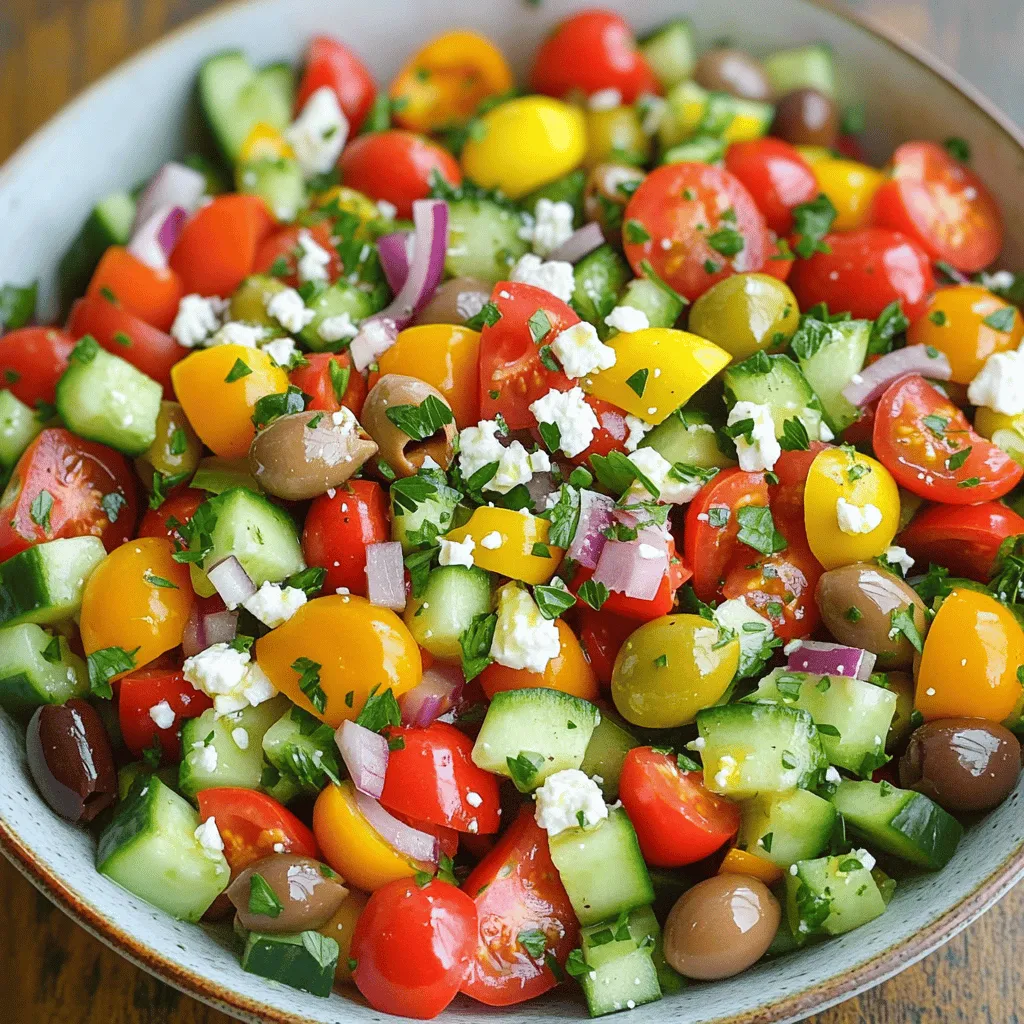 - 1 cup cherry tomatoes, halved - 1 cucumber, diced into bite-sized pieces - 1 bell pepper (any color), chopped into small cubes - 1/2 red onion, thinly sliced - 1 cup Kalamata olives, pitted and halved - 1 cup feta cheese, crumbled - 1/4 cup fresh parsley, finely chopped - 3 tablespoons extra virgin olive oil - 2 tablespoons fresh lemon juice - 1 teaspoon dried oregano - Salt and black pepper, to taste Gather these fresh ingredients for a bright Mediterranean salad. The cherry tomatoes add a sweet burst of flavor. Cucumber offers a cool crunch, while bell pepper brings a sweet note. Red onion adds a sharp taste that balances well with the feta cheese's creaminess. Kalamata olives add a briny touch that ties all the flavors together. This salad is not just tasty; it's also healthy. Each serving holds about 200 calories with 15 grams of fat, 6 grams of protein, and 10 grams of carbs. The healthy fats from olive oil and feta support heart health. The fresh veggies provide vitamins and minerals, making this salad a great choice for any meal. - Mixing bowl - Whisk - Spatula Use a large mixing bowl to combine your ingredients easily. A whisk helps mix the dressing well, ensuring all flavors blend. A spatula is perfect for gently folding in the feta cheese and olives without breaking them apart. These tools make creating your Mediterranean salad simple and fun. You can find the full recipe here for detailed steps! To make your Mediterranean salad shine, start with the vegetables. First, wash the cherry tomatoes. Cut each tomato in half. Next, grab a cucumber. Dice it into bite-sized pieces. Choose a bell pepper, any color you like. Chop it into small cubes. Finally, take a red onion. Slice it thinly. Make sure all these pieces are even and ready for mixing. Now, it's time to mix. In a large bowl, add your prepared vegetables: cherry tomatoes, cucumber, bell pepper, and onion. Gently stir them together. Then, toss in the Kalamata olives. Cut them in half if they aren't already. Add the crumbled feta cheese. Use a spatula to fold everything together. Be gentle to keep the feta intact. You want a lovely blend of colors and flavors. Next, let’s make the dressing. In a small bowl, combine extra virgin olive oil and fresh lemon juice. Add dried oregano, salt, and black pepper. Whisk the mixture until it’s well combined. This will create a bright and zesty dressing. Drizzle it over your salad mix. Toss gently, ensuring all ingredients get coated. This dressing makes the salad fresh and flavorful. For the full recipe, check out the details above. To make a great Mediterranean salad, start with fresh ingredients. Go for bright, firm cherry tomatoes. Choose cucumbers that feel heavy and have smooth skin. Pick bell peppers that are shiny and firm. A crisp red onion adds a nice bite. Fresh herbs like parsley really boost flavor. To keep your salad vibrant, chop ingredients just before serving. This helps lock in their crunch and color. A quick rinse under cold water also helps revive wilting greens. Serve your Mediterranean salad chilled or at room temperature. It tastes best when the flavors meld. Use a large, shallow bowl for a pretty presentation. You can garnish with extra parsley or feta on top. Try serving it with crusty bread or grilled chicken for a full meal. One common mistake is overmixing delicate ingredients. Stir gently to keep the feta and olives whole. Another mistake is using too much dressing. Start with a little, then add more if needed. This way, you keep the salad light and tasty. {{image_4}} You can easily jazz up your Mediterranean salad with some fun add-ins. Here are a few tasty options: - Avocados: They add creaminess and healthy fats. Just dice them and mix in. - Chickpeas: These add protein and a nice texture. Use canned ones for ease! - Different Cheeses: Try using goat cheese or mozzarella for a twist. They melt nicely! Adding these ingredients boosts flavor and nutrition. Feel free to experiment with your favorites! Seasons change, and so can your salad! You can swap ingredients based on what's fresh. - Summer: Add in juicy peaches or fresh basil for a sweet touch. - Autumn: Include roasted butternut squash or apples for warmth. Using seasonal ingredients keeps your salad vibrant and full of flavor. Plus, it’s a great way to support local farms! If you have specific diet needs, you can adapt this Mediterranean salad easily. Here are some ideas: - Gluten-Free: This salad is naturally gluten-free! Just ensure your dressing is safe. - Vegan: Skip the feta cheese and use tofu or a nut-based cheese instead. These swaps keep the dish inclusive and tasty for everyone. Enjoy the freedom to create your own version! To store leftovers, place the salad in an airtight container. Keep it in the fridge. This salad lasts about 2 to 3 days. The veggies will stay fresh, but the feta may soften. Freezing this salad isn’t ideal. Fresh veggies lose crunch and taste when frozen. If you must freeze, store only the olives and feta in a separate bag. They freeze well. Use them later to make a fresh salad. You don’t need to reheat this salad. It tastes best cold or at room temperature. If it sits in the fridge for a while, mix it gently before serving. This will refresh the flavors and textures. Enjoy this delightful salad straight from the fridge or let it sit out for about 15 minutes to take off the chill. For the full recipe, check out the Mediterranean Bliss Salad. A Mediterranean salad can last for about 3 days in the fridge. Make sure to store it in an airtight container. The veggies will stay crisp, but the feta may soften a bit. To keep it fresh longer, store the dressing separately. This way, you keep the salad crunchy until you are ready to eat. Yes, you can make this salad ahead of time. Prepare it a day before serving. Just remember to keep the dressing separate until you are ready to serve. This helps to keep the ingredients fresh and crunchy. It’s a great option for parties or meal prep. If you want to skip feta, try goat cheese or ricotta. For a dairy-free option, use vegan feta or even avocado. These swaps will still give you a creamy texture. Each option brings its own unique flavor, so choose what you like best. Yes, this Mediterranean salad is naturally gluten-free. All the ingredients are free from gluten. If you are gluten-sensitive, this salad is a safe choice. You can enjoy it without worries. You can customize your Mediterranean salad in many ways. Add ingredients like chickpeas, artichokes, or even roasted vegetables. For extra protein, toss in grilled chicken or shrimp. You can also change the herbs or use different dressings. The options are endless, so make it your own! This Mediterranean salad is fresh, quick, and easy to make. We covered the ingredients, preparation, and tips for the best taste and freshness. Remember to use good tools and store leftovers well for later enjoyment. Whether you customize it with add-ins or enjoy it as is, this salad is a versatile dish. Overall, it’s a healthy option for any meal. Enjoy trying these ideas in your kitchen!