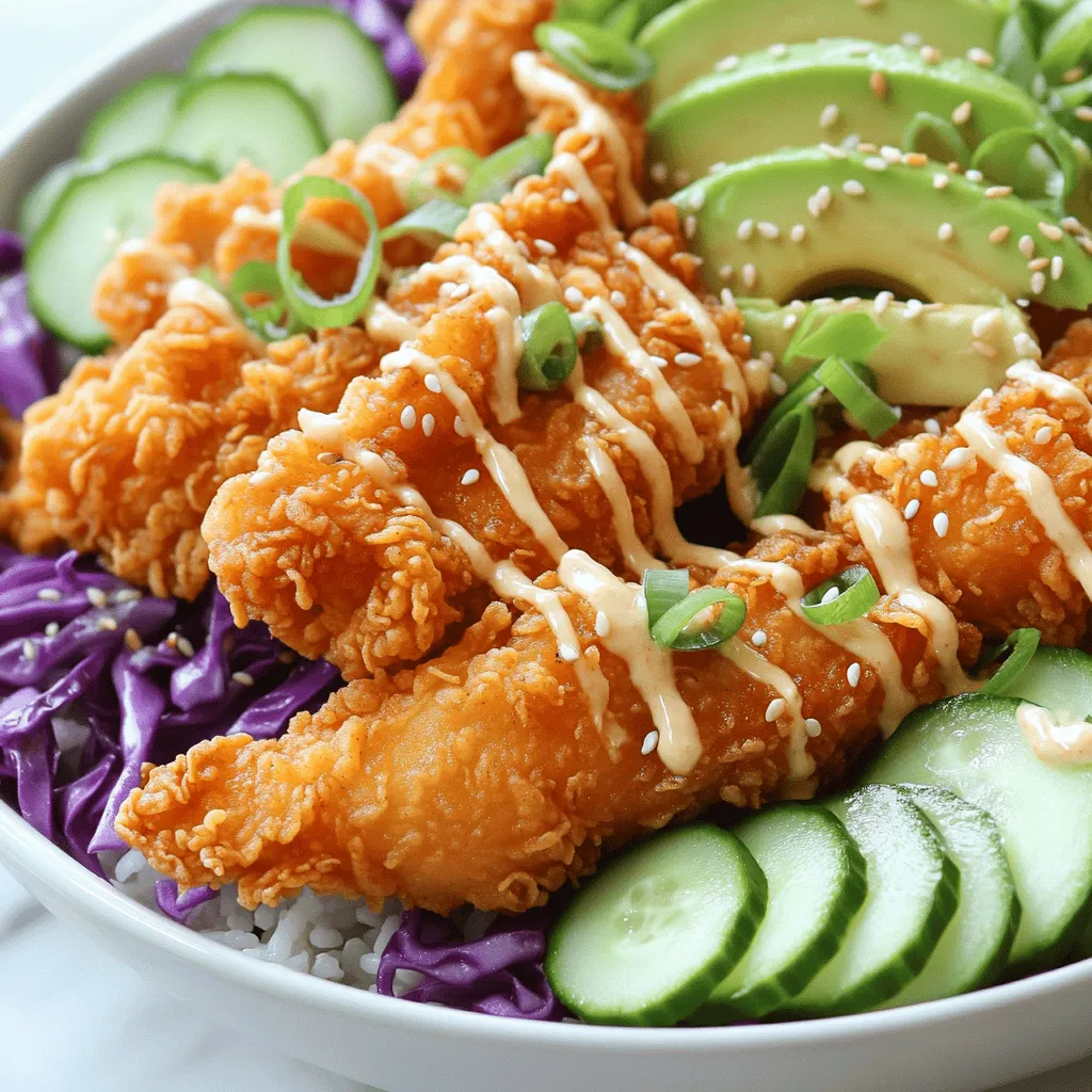 - 2 boneless, skinless chicken breasts - 1 cup buttermilk - 1 cup all-purpose flour - 1/2 cup cornstarch - 1 teaspoon paprika - 1 teaspoon garlic powder - 1/2 teaspoon cayenne pepper - Salt and pepper to taste - Oil for frying - 1 cup cooked jasmine rice - 1 cup shredded cabbage (green or purple) - 1/2 cup sliced cucumbers - 1 avocado, sliced - 3 green onions, thinly sliced (for garnish) - Sesame seeds (for garnish) - 1/2 cup mayonnaise - 2 tablespoons sweet chili sauce - 1 tablespoon sriracha (adjust for heat) - 1 teaspoon lime juice - Use gluten-free flour if needed. - Swap chicken for tofu or shrimp for a different protein. - Choose low-calorie sauce options for a lighter meal. Using fresh and vibrant ingredients makes this bowl a healthy choice. Each item adds flavor and nutrition. The chicken gives you protein. The veggies add crunch and color. The rice acts as a hearty base. You can easily adjust this recipe to fit your diet or taste. For the full recipe, check the detailed steps to create this amazing dish. - Soaking Time: Start by placing the chicken breasts in a bowl of buttermilk. Let them soak for at least 30 minutes. This helps to tenderize the meat and adds a rich flavor. - Importance of Buttermilk: Buttermilk is key here. It breaks down the proteins in chicken, making it juicy and soft. Plus, it adds a nice tangy taste. - Mixing Dry Ingredients: In another bowl, combine the all-purpose flour, cornstarch, paprika, garlic powder, and cayenne pepper. Add salt and pepper to taste. Whisk everything together until it’s well mixed. This blend creates a crispy crust. - Coating Technique: After marinating, take the chicken out of the buttermilk. Let the excess drip off. Dredge the chicken in the flour mix. Press the mixture onto the chicken for even coverage. This step is crucial for that crunchy bite. - Frying Method: Heat about 1 inch of oil in a large skillet over medium heat. To check if the oil is hot, drop in a small piece of bread. If it bubbles, you’re ready to fry. - Ensuring Proper Doneness: Place the coated chicken in the hot oil carefully. Fry for about 5-7 minutes on each side. Look for a golden brown color. Make sure the chicken is cooked through to keep it safe and tasty. - Mixing Ingredients: While the chicken rests, make the Bang Bang sauce. In a small bowl, mix the mayonnaise, sweet chili sauce, sriracha, and lime juice. Stir well until smooth. This sauce adds a sweet and spicy kick to your bowl. - Adjusting Spice Levels: Taste the sauce. If you want it spicier, add more sriracha. If you prefer it milder, reduce the sriracha. It’s all about your taste! - Layering Ingredients: Grab your serving bowls. Start with a scoop of cooked jasmine rice. Layer on the shredded cabbage, sliced cucumbers, and avocado. This creates a colorful and fresh base for your meal. - Presenting the Dish: Slice the fried chicken into strips after it rests. Place the strips over the veggies. Drizzle a good amount of Bang Bang sauce on top, making it look appetizing. - Garnishing Tips: For extra flair, sprinkle sliced green onions and sesame seeds over the top. This adds texture and flavor. - Serving Suggestions: Serve your Bang Bang Chicken Bowl warm. It’s perfect for a quick lunch or dinner. Enjoy the flavor explosion in every bite! - Recommended Frying Temperature: Heat the oil to about 350°F. This helps ensure a crispy outer layer. - Resting Time After Cooking: Let the chicken rest for 5 minutes after frying. This keeps it juicy and tender. - Customizing Heat Levels: Adjust the sriracha for spice. Add more for a fiery kick or less for a mild flavor. - Flavor Boosting Tips: Try adding a splash of soy sauce or a bit of honey. These add depth and sweetness. - Colorful Ingredient Combinations: Use green cabbage and purple cabbage together. This creates a vibrant look. - Stylish Serving Suggestions: Serve in deep bowls. Drizzle extra Bang Bang sauce on top for an eye-catching finish. By following these tips, you can elevate your Bang Bang Chicken Bowl to new heights. Enjoy the process of crafting a dish that looks as good as it tastes! For the complete guide on making this dish, check out the Full Recipe. {{image_4}} For a meatless twist, use tofu or cauliflower. Both options soak up flavor well. - Using Tofu or Cauliflower: Choose firm tofu for a good texture. Cut it into cubes. For cauliflower, break it into small florets. Both can be marinated in buttermilk to add flavor. - Adjusting Cook Time: Tofu cooks faster, so fry it for about 4-5 minutes. Cauliflower needs about 5-7 minutes until golden brown and tender. If you love heat, try a spicy version. You can easily ramp up the flavor. - Increasing Sriracha: Add more sriracha to the sauce. Start with an extra tablespoon and taste as you go. - Adding Fresh Chili Peppers: Sliced fresh chili peppers bring a punch. Jalapeños or Thai bird chilies work great. For a lighter meal, swap rice for cauliflower rice. This keeps the bowl fresh and healthy. - Substituting Rice with Cauliflower Rice: Grate cauliflower to create rice-sized pieces. Sauté it briefly to soften. - Extra Veggie Additions: Load up on veggies like bell peppers, zucchini, or spinach. They add color and nutrients. Explore all these variations to suit your taste! Check out the Full Recipe for the base preparation. To keep your Bang Bang chicken bowl fresh, store it properly. First, let the dish cool to room temperature. Place any leftovers in an airtight container. - Refrigeration Guidelines: Store in the fridge for up to 3 days. Make sure it’s sealed tightly to keep it fresh. - Freezing Tips: You can freeze leftovers for up to 2 months. Use a freezer-safe container. Just be sure to label it with the date. When it’s time to enjoy your leftovers, reheating is key. You want to keep that chicken crispy! - Best Practices for Keeping Chicken Crispy: Reheat in the oven at 375°F for about 10-15 minutes. This helps keep the chicken nice and crunchy. - Microwave vs. Oven: The microwave is quick but may make the chicken soggy. Use it only if you’re short on time. Knowing how long your dish lasts is important. - How Long the Dish Lasts in the Fridge: The Bang Bang chicken bowl stays good for 3 days in the fridge. - Signs of Spoilage: Watch for any off smells, changes in color, or a slimy texture. If you see these, it’s best to throw it away. Yes, you can bake Bang Bang Chicken. To do this, preheat your oven to 400°F (200°C). After coating the chicken, place it on a baking sheet lined with parchment paper. Bake for 20-25 minutes, flipping halfway through. This method keeps the chicken crispy and healthy. If you want a mayo substitute, try Greek yogurt or avocado. Both options add creaminess and a tasty flavor. Greek yogurt gives a tangy touch, while avocado adds richness. You can also use dairy-free mayo for a vegan option. To kick up the heat, add more sriracha to the sauce. You can also mix in red pepper flakes or diced fresh chili peppers. Adjust these ingredients to fit your taste. Just remember, start small and taste as you go! Yes, the Bang Bang Chicken Bowl can be healthy. It includes lean chicken, fresh veggies, and wholesome rice. You can make it even healthier by using brown rice or quinoa. The dish is balanced with protein, carbs, and healthy fats. You can prepare some parts ahead of time. Marinate the chicken and make the sauce a day before. Just keep them in the fridge. Cook the chicken and assemble the bowl right before serving for the best taste. I recommend jasmine rice for this dish. Its fluffy texture and subtle flavor pair well with the chicken and sauce. You can also use brown rice for a nuttier taste and more fiber. Both options work great for a Bang Bang Chicken Bowl. In this post, you learned how to create a delicious Bang Bang Chicken Bowl. We covered the key ingredients, from the chicken to the colorful veggies and the zesty sauce. You also discovered cooking tips and variations to match your taste. Remember, you can switch ingredients for dietary needs or personal preference. With these steps, you can enjoy a flavorful dish any time. Now it's time to gather your ingredients and bring this bowl to life!