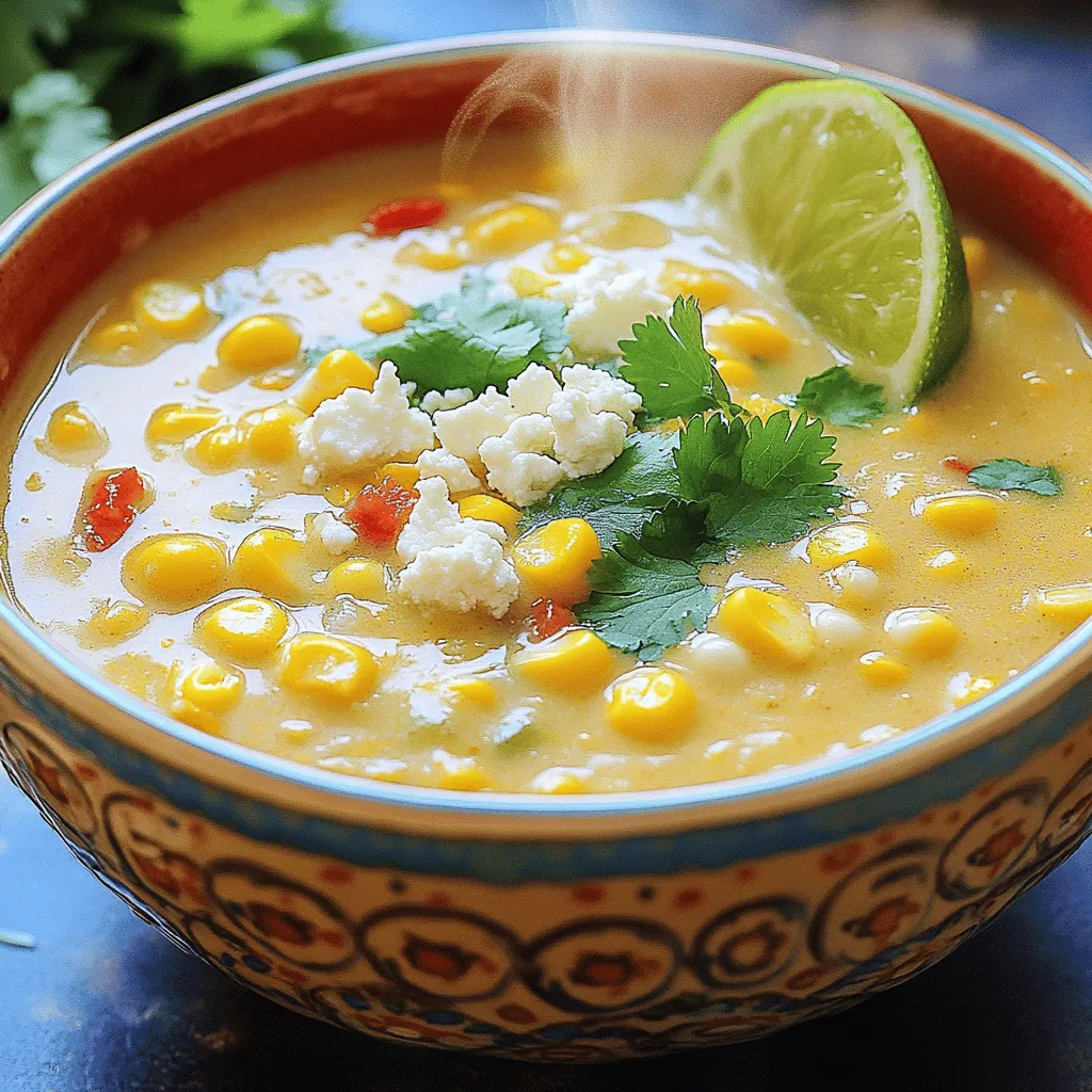 To make Mexican Street Corn Soup, you need a few simple ingredients. Here’s what you’ll need: - 4 ears of fresh corn, husked and kernels removed - 1 tablespoon olive oil - 1 small onion, finely diced - 2 cloves garlic, minced - 1 red bell pepper, finely diced - 1 jalapeño, seeds removed (optional for spice) - 4 cups vegetable broth - 1 cup coconut milk - 1 teaspoon smoked paprika - 1 teaspoon ground cumin - Salt and black pepper to taste - 1/2 cup crumbled queso fresco or feta cheese (for garnish) - 1/4 cup freshly chopped cilantro (for garnish) - Juice of 1 lime Each ingredient plays a key role in building the soup's flavor. The fresh corn brings sweetness. The onion and garlic add depth. The bell pepper and jalapeño offer a nice crunch and spice. Coconut milk gives a creamy texture, balancing the spices. Smoked paprika and cumin add warmth. The queso fresco and cilantro make a lovely garnish. Finally, a squeeze of lime brightens every bite. You can find the full recipe in the section above. Now, gather these ingredients, and let’s cook up something delicious! - Sauté the aromatics: Start by heating olive oil in a large pot over medium heat. Add the diced onion and cook until it turns clear. This takes about 3 to 4 minutes. - Incorporate the vegetables: Next, mix in the minced garlic, diced red bell pepper, and optional jalapeño. Stir and cook for about 3 minutes. The veggies should be soft but not mushy. - Add the corn and spices: Now it's time to add the corn kernels, smoked paprika, ground cumin, salt, and black pepper. Stir this mixture for 2 to 3 minutes. This will help the corn get a nice caramel color and bring out its sweet flavor. - Simmer the soup: Pour in the vegetable broth and increase the heat until it boils. Once boiling, lower the heat and let it simmer for 10 to 15 minutes. This allows the flavors to mix well. - Blend for creaminess: Use an immersion blender to puree the soup until smooth. If you don’t have one, carefully blend in batches in a regular blender. - Finish with coconut milk: Return the blended soup to the pot and mix in the coconut milk. Let it simmer for another 5 minutes on low heat. This will warm it up and blend all the flavors. - Add lime juice and serve: Off the heat, add fresh lime juice and stir well. This gives the soup a bright and zesty touch. Ladle the soup into bowls and top with crumbled queso fresco and chopped cilantro for that perfect finish. You can find the complete recipe in the [Full Recipe] section. Enjoy every spoonful of this comforting soup! - How to select fresh corn: Look for corn with bright green husks. The silk should be moist and golden. Fresh kernels should feel plump and firm. If they feel dry, pass them by. - Adjusting spice level with jalapeño: If you want a kick, add jalapeño. Remove the seeds for less heat. Start with a small amount, then taste. You can always add more if you want it spicier. - Using an immersion blender versus regular blender: An immersion blender is easy. You blend right in the pot. It saves time and reduces mess. If you use a regular blender, be careful. Blend in small batches to avoid splatters. - Creaminess hacks for a richer texture: For a creamier soup, add more coconut milk. You can also fold in some cream cheese or sour cream after blending. This adds richness and depth to your soup. - Ideal garnishes for presentation: Sprinkle crumbled queso fresco on top. Add chopped cilantro for a pop of color. A squeeze of lime brightens the dish, making it visually appealing. - Flavor variations with different cheese options: Try feta cheese for a tangy twist. Parmesan can add a salty note. Each type of cheese will change the flavor, so pick based on your taste. For the complete recipe, check out the Full Recipe section! {{image_4}} You can easily switch out some ingredients in this recipe. - Replace coconut milk with regular dairy milk or almond milk. - If you don’t like cilantro, try fresh parsley or green onions instead. This soup can be vegan-friendly with a few changes. - Use vegetable broth and coconut milk, which are both plant-based. - To make it heartier, add black beans or chickpeas for protein. You can make this soup even better with some sides. - Serve with tortilla chips for crunch or avocado for creaminess. - To make a full meal, add grilled chicken or shrimp on top. For the full recipe, visit the [Full Recipe] link. To keep your Mexican Street Corn Soup fresh, store it in the fridge. Place it in a container with a tight seal. This helps keep the flavors and texture intact. I recommend using glass containers. They do not retain odors and are easy to clean. You can freeze this soup for later. First, let it cool to room temperature. Then, use freezer-safe bags or containers. Remove as much air as possible before sealing. This helps prevent freezer burn. When you’re ready to eat, thaw the soup in the fridge overnight. For quick thawing, place it under cold running water. To reheat your soup, use a pot on low heat. Stir often to keep it from sticking. You can also use a microwave. Heat in short bursts, stirring in between. This method keeps the soup creamy and flavorful. If it seems thick, add a splash of broth or water. Enjoy your soup just as delicious as the first time! You can find the Full Recipe above. What is the origin of Mexican Street Corn Soup? Mexican Street Corn Soup comes from the beloved street food called elote. This dish features grilled corn on the cob, slathered in creamy toppings. The soup takes those rich flavors and turns them into a comforting bowl. You can find it sold by vendors across Mexico. Can I make this soup ahead of time? Yes, you can! Making this soup a day ahead is a great idea. Just store it in the fridge after it cools down. The flavors will deepen overnight. When you are ready to eat, heat it on the stove until warm. How to make the soup spicier or more flavorful? To amp up the spice, add more jalapeño or use a hotter pepper like serrano. You can also mix in cayenne pepper. For more flavor, try adding fresh herbs like cilantro or more smoked paprika. Adjust these to fit your taste. What can I serve with Mexican Street Corn Soup? This soup pairs well with tortilla chips or crusty bread. You might also enjoy it with a fresh salad or tacos. Top it with extra cheese or avocado for a fun twist. How long does the soup last in the fridge? The soup lasts about 3 to 4 days in the fridge. Store it in an airtight container to keep it fresh. If you notice any off smell, it’s best to toss it out. For the full recipe, check out the [Full Recipe]. This article shared a simple and tasty recipe for Mexican Street Corn Soup. You learned what ingredients to use, how to make it step-by-step, and some helpful tips. You can customize the soup with different garnishes or spice levels. Don't forget the storage tips to enjoy leftovers later. I hope you feel inspired to cook this warm dish. Enjoy your cooking and share this recipe with friends!