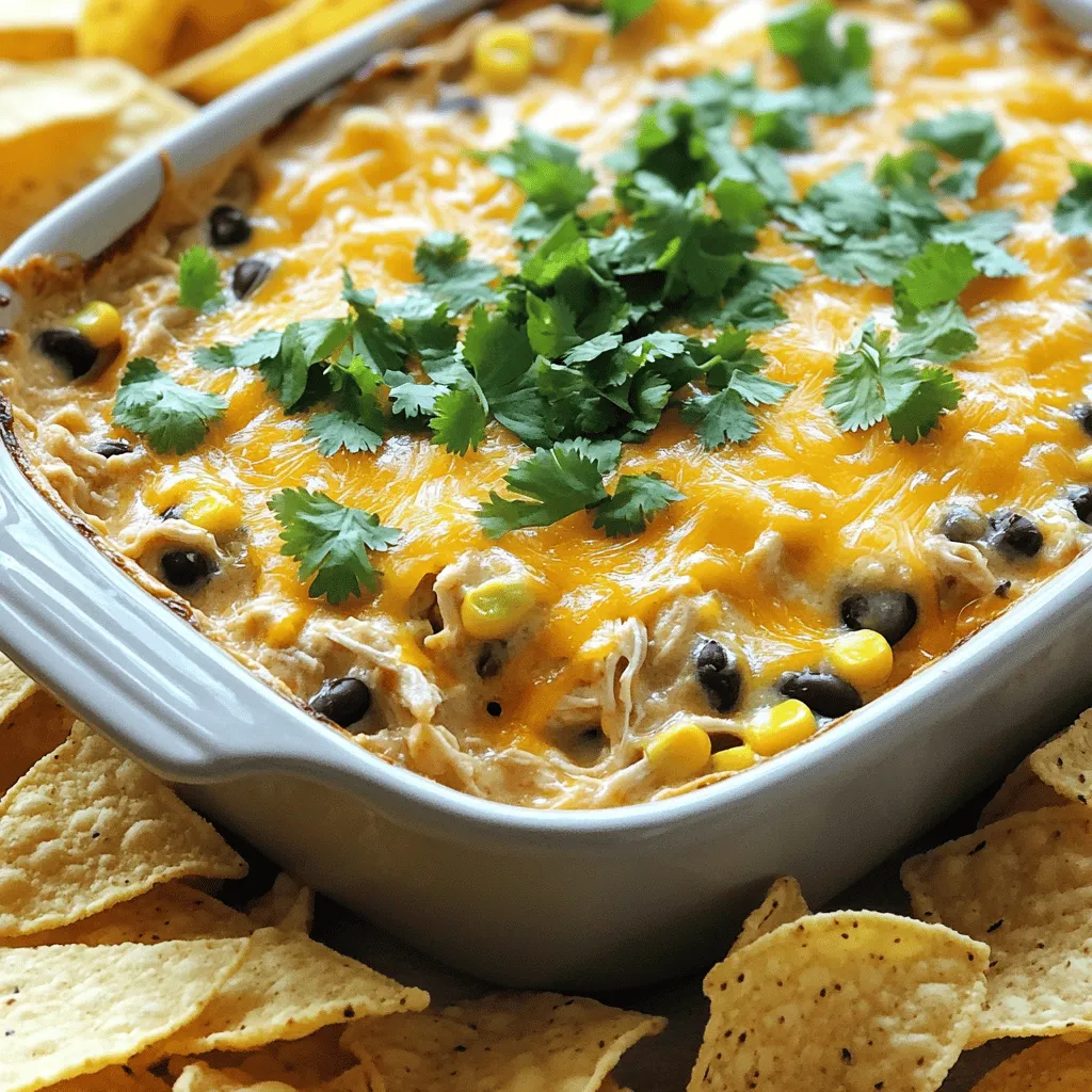 - 2 cups cooked chicken, shredded - 1 can (15 oz) black beans, drained and rinsed - 1 cup corn kernels (fresh, frozen, or canned) - 1 cup cream cheese, softened - 1 cup sour cream - 1 cup shredded cheddar cheese, divided - 1 cup salsa (mild or spicy) - 1 teaspoon chili powder - 1 teaspoon garlic powder - 1 teaspoon ground cumin - Salt and pepper, to taste - Fresh cilantro, for garnish - Tortilla chips, for serving To make chicken taco dip, gather these ingredients first. Start with cooked chicken, as it adds great flavor. Black beans boost protein and fiber. Corn adds sweetness and texture. Softened cream cheese and sour cream create a creamy base. Shredded cheddar cheese gives that cheesy goodness we all love. Salsa brings in a punch of flavor, while spices add warmth. Don’t forget cilantro for garnish and tortilla chips for dipping. This list makes it easy to prep. For the full recipe, check out the steps later in this article. - Preheat Your Oven: First, set your oven to 350°F (175°C). This step ensures your dip bakes evenly and gets bubbly and golden. - Cream Cheese and Sour Cream Mixture: In a large bowl, add 1 cup of softened cream cheese and 1 cup of sour cream. Use a hand mixer or spatula to blend them until smooth. This creates a creamy base for your dip. - Add Seasonings: Now, stir in 1 teaspoon each of chili powder, garlic powder, and ground cumin. Add salt and pepper to taste. Mix well so that all spices spread evenly through the cream mixture. - Incorporate Chicken, Beans, Corn, Salsa, and Cheese: Next, fold in 2 cups of shredded chicken, 1 can of drained black beans, 1 cup of corn, and 1 cup of your choice of salsa. Don’t forget to add 1/2 cup of shredded cheddar cheese. Mix everything gently until combined. - Prepare for Baking: Once mixed, pour the creamy mixture into a 9x9 inch baking dish. Spread it out evenly to make sure it cooks well. - Transfer to Baking Dish and Top with Cheese: After spreading, sprinkle the remaining 1/2 cup of shredded cheddar cheese over the top. This cheese layer melts beautifully and creates a tasty crust. - Baking Time and Tips for Perfecting: Place the dish in your preheated oven. Bake for about 25-30 minutes. Look for bubbly edges and golden cheese on top. This marks your dip as ready to enjoy! Now you have a warm, cheesy Chicken Taco Dip that’s perfect for sharing. For the full recipe with ingredient details, check out [Full Recipe]. - Importance of Softened Cream Cheese: Start with cream cheese that is soft. This makes mixing easy. If it’s cold, your dip will be lumpy. Let it sit out for 30 minutes before use. - Mixing Techniques for Uniformity: Use a hand mixer or a spatula. Start slow and then increase speed. This helps blend all ingredients well. Mix until the texture is smooth and even. - Suggestions for Additional Spices: Add some cayenne pepper for heat. You can also try smoked paprika for a rich taste. Just a pinch can take your dip to the next level. - Choosing the Right Salsa: Pick a salsa that fits your taste. For milder flavors, go for a smooth, mild salsa. If you like spice, choose a chunky, hot salsa to add a kick. - Ideal Pairings with Tortilla Chips: Serve the dip warm with crispy tortilla chips. The crunch of the chips pairs well with the creamy dip. You can also try veggie sticks for a healthy twist. - Presentation Tips for Parties: Use a colorful dish to serve your dip. Sprinkle fresh cilantro on top for a pop of color. Arrange chips around the dip for easy access. This makes your dip look inviting and delicious. For the full recipe, follow the steps I have outlined earlier. Enjoy making your Chicken Taco Dip! {{image_4}} You can easily change the proteins in this dip. Instead of chicken, try ground beef or turkey. Both options taste great and add a different twist. If you're looking for a dairy-free dish, use vegan cheese or a plant-based yogurt. These swaps keep the dip creamy without dairy. Want to control the heat? You have choices! Start with mild salsa for a gentle flavor. If you like it warmer, use medium salsa or add fresh jalapeños. Hot sauce is another great option. Just a few drops can make your dip spicy without overwhelming it. Tortilla chips are classic for dipping. But you can get creative! Use fresh vegetables like celery, carrots, or bell peppers for a healthy twist. You can also serve the dip in soft tortillas for a fun taco-style treat. Each option offers a new way to enjoy this tasty dish! To keep your chicken taco dip fresh, follow these tips: - Best Practices for Refrigeration: Once cooled, place the dip in an airtight container. Refrigerate it within two hours of cooking. This helps prevent bacteria growth. It can stay good in the fridge for up to three days. - Freezing Instructions for Long-Term Storage: If you want to keep it longer, you can freeze the dip. Use a freezer-safe container and seal it tightly. You can freeze it for up to three months. Make sure to label it with the date for easy tracking. When it's time to enjoy your leftovers, here’s how to reheat them right: - Oven vs. Microwave Reheating: For the best taste, use the oven. Preheat it to 350°F (175°C). Place the dip in an oven-safe dish and reheat for about 15-20 minutes. If you use the microwave, heat it in short bursts of one minute, stirring in between. - Ensuring the Dip Doesn’t Dry Out: To keep the dip creamy, add a splash of sour cream or salsa before reheating. Cover the dish with foil in the oven to trap moisture. Knowing how long your dip lasts is key: - Duration for Safe Consumption: The dip is safe to eat for up to three days in the fridge. If frozen, it can last for three months. - Signs of Spoilage: Before eating, check for any off smells or mold. If it looks or smells funny, it's best to toss it. Always trust your senses! Can I make Chicken Taco Dip ahead of time? Yes, you can make Chicken Taco Dip ahead of time. Prepare the dip and store it in the fridge. It will last up to two days. When you’re ready to serve, just bake it in the oven until warm. What is the best way to reheat Chicken Taco Dip? The best way to reheat Chicken Taco Dip is in the oven. Preheat it to 350°F (175°C). Place the dip in a baking dish and cover it with foil. Heat for about 15-20 minutes, or until it’s hot and bubbly. Can I use other beans besides black beans? Yes, you can use other beans! Great options include pinto beans or kidney beans. They add a nice flavor and texture. Just remember to drain and rinse them before mixing. How do I make Chicken Taco Dip spicier? To make Chicken Taco Dip spicier, add fresh jalapeños or hot sauce. You can also use spicy salsa instead of mild. Adjust these ingredients to match your heat level. Is Chicken Taco Dip gluten-free? Yes, Chicken Taco Dip is gluten-free. All the ingredients are naturally gluten-free. Just ensure the tortilla chips you serve are also gluten-free for dipping. For the full recipe, check out my Fiesta Chicken Taco Dip! This blog post showed you how to make a tasty Chicken Taco Dip. We covered the key ingredients, step-by-step instructions, helpful tips, and fun variations. You learned how to store and reheat leftovers too. Remember, customizing the dip with spices or different beans can make it fun. Enjoy sharing this dish at your next gathering. It’s sure to please. Dive into this easy recipe and impress your friends with your cooking!