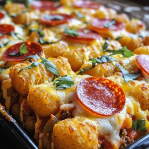 This Pizza Tater Tot Casserole is a fun and easy dish. It combines classic pizza flavors with crispy tater tots. You can make it in about 45 minutes. This dish is perfect for family dinners or gatherings. - Frozen tater tots - Ground beef or turkey - Fresh vegetables (onion, bell pepper, garlic) - Pizza sauce - Seasonings (Italian seasoning, garlic powder) - Cheeses (mozzarella, cheddar) - Pepperoni slices - Salt and pepper for taste - Fresh herbs for garnish Using these simple ingredients, you can create a dish that everyone will love. The tater tots give it a crunchy top, while the meat and cheese make it hearty. Don't forget to check the Full Recipe for detailed steps! 1. Preheat the oven: Start by setting your oven to 425°F (220°C). A hot oven makes the tater tots crispy. 2. Cooking the meat and vegetables: In a large skillet, cook 1 pound of ground beef or turkey over medium heat. Add a small, chopped onion, a diced bell pepper, and 2 minced garlic cloves. Stir it all together until the meat is brown and the veggies are soft. Drain any extra fat to keep it tasty and not greasy. 3. Adding pizza sauce and seasonings: Now, pour in 1 cup of pizza sauce. Add 1 teaspoon of Italian seasoning and 1 teaspoon of garlic powder. Season it with salt and pepper to taste. Mix well until it’s hot and combined. 4. Layering the casserole: Lightly grease a 9x13 inch baking dish. Spread the meat mixture evenly on the bottom. This creates a yummy base for your casserole. 5. Baking instructions: Next, cover the meat with a single layer of frozen tater tots. Make sure they sit evenly on top. Sprinkle 1 cup of shredded mozzarella and 1 cup of shredded cheddar cheese over the tater tots. Finally, add 1 cup of sliced pepperoni for that pizza flavor you love. 6. Place the dish in your preheated oven. Bake for 25-30 minutes. You want the tater tots to turn golden brown and the cheese to melt and bubble. - Allowing the casserole to cool: After taking it out of the oven, let it cool for a few minutes. This step helps avoid burns from hot cheese and makes serving easier. - Presentation tips: Use a spatula to cut the casserole into squares. Place them on plates and drizzle a bit of extra pizza sauce on the side for dipping. You can also garnish with fresh basil or parsley to make it look even nicer. Enjoy your delicious Pizza Tater Tot Casserole Delight! To get crispy tater tots, spread them evenly in the baking dish. Avoid stacking them too high. This allows hot air to circulate and crisp them up. Bake them until they turn golden brown. Mixing flavors can make this dish even better. Add some Italian sausage or mushrooms to the meat mix. This can deepen the taste and add extra texture. You can adjust spiciness by adding red pepper flakes or jalapeños. For a milder dish, skip these. You can also use sweet bell peppers for a hint of sweetness. Use a 9x13 inch baking dish for this casserole. It provides enough space for layers without overflow. A large skillet works well for cooking the meat and veggies. You’ll need a spatula to serve the casserole. A sharp knife is handy for cutting it into squares. Have a cutting board ready for chopping the vegetables. These tools make cooking easier and more fun! {{image_4}} You can switch up the protein in your Pizza Tater Tot Casserole. Try using chicken or sausage instead of ground beef or turkey. Each option gives a unique twist to the dish. For a vegetarian or vegan version, use plant-based meat or skip the meat altogether. You can add more veggies like mushrooms or spinach for flavor and texture. If you're gluten-sensitive, look for gluten-free tater tots. Many brands offer tasty options that work well in this recipe. To kick up the flavor, add toppings or spices. Consider adding olives, jalapeños, or even pineapple for a sweet twist. Experiment with different cheeses too. Try provolone or pepper jack for a bold taste. Mixing cheeses can create a rich, gooey topping that everyone loves. For the full recipe, check out the [Full Recipe]. - Storing in the refrigerator: After you enjoy your Pizza Tater Tot Casserole, let it cool. Place any leftovers in an airtight container. Store it in the fridge for up to three days. This helps keep the flavors fresh and tasty. - Freezing for later use: If you want to save more for later, you can freeze it. Cut the casserole into portions. Wrap each piece tightly in plastic wrap, then place in a freezer-safe bag. It can last up to three months in the freezer. - Best ways to reheat for optimal crispiness: To keep the tater tots crispy, use the oven. Preheat it to 350°F (175°C). Place the casserole in an oven-safe dish. Cover it loosely with foil to stop it from drying out. Heat for about 20-25 minutes. Check that it is warm all the way through before serving. Enjoy your tasty leftovers! You can serve a fresh salad. A simple green salad adds crunch and balance. Garlic bread is another great option. It pairs well with the cheesy casserole. For drinks, try soda or iced tea to keep it casual. Yes, you can prepare the casserole a day in advance. Just follow the steps until you layer the tater tots. Cover it and place it in the fridge. When you're ready, bake it straight from the fridge. This saves time on busy nights. You can store leftovers in the fridge for about 3-4 days. Make sure to place them in an airtight container. For longer storage, freeze the casserole. It can last up to 2-3 months in the freezer. Just reheat it thoroughly when you’re ready to enjoy it again. Using fresh tater tots is a great idea. Just note that you may need to adjust the cooking time. Fresh tots may cook faster, so keep an eye on them. The goal is a crispy top and melted cheese underneath. This blog post guides you through making a tasty Pizza Tater Tot Casserole. We covered the ingredients you'll need, like frozen tater tots, ground meat, and fresh veggies. I shared step-by-step cooking instructions and tips for perfect texture and flavor. You can even explore different ingredient options and storage tips. With this recipe, you'll create a dish that is fun and easy. Enjoy cooking and experimenting with flavors unique to you!