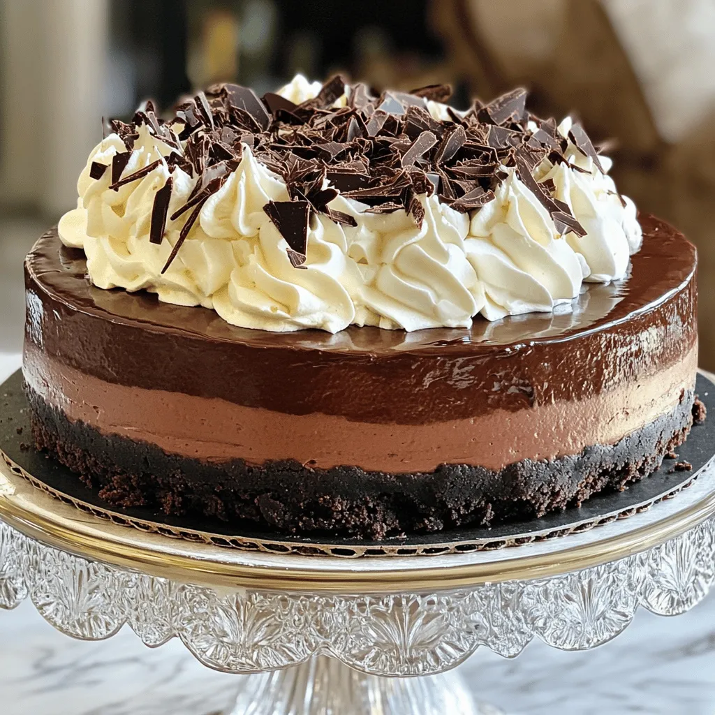 To make this rich dessert, you will need some key ingredients. Here’s the list: - 2 cups chocolate cookie crumbs - 1/2 cup unsalted butter, melted - 1 cup granulated sugar - 4 packages (8 oz each) cream cheese, softened to room temperature - 1 cup sour cream - 1 teaspoon pure vanilla extract - 4 large eggs, at room temperature - 1 cup semi-sweet chocolate chips, melted and slightly cooled - 1/4 cup unsweetened cocoa powder These ingredients create a creamy, chocolatey delight. Each item plays a role in giving the cheesecake its rich flavor and texture. You can add some fun touches to your cheesecake. Here are some ideas: - Whipped cream (for topping) - Chocolate shavings or curls (for garnish) These extras not only make the cheesecake look fancy but also add to the taste. Whipped cream offers a light contrast, while chocolate shavings deepen the chocolate flavor. Using high-quality ingredients matters. Here are some tips: - Choose real butter for the crust. It makes a difference in flavor. - Use full-fat cream cheese for a creamy texture. Low-fat versions can alter the taste and consistency. - Always opt for pure vanilla extract over imitation. It gives a better flavor. By choosing quality ingredients, you ensure your cheesecake shines with flavor and texture. For the full recipe, you can refer to the earlier section. Start by preheating your oven to 325°F (160°C). In a mixing bowl, combine 2 cups of chocolate cookie crumbs with 1/2 cup of melted unsalted butter. Stir until the mixture looks like wet sand. Press this mix into the bottom of a 9-inch springform pan. Make sure it’s even and firm. Bake the crust for 10 minutes. When done, take it out and let it cool while you make the filling. In a large bowl, beat 4 packages of softened cream cheese with an electric mixer. Mix until it’s creamy and fluffy, which takes about 2-3 minutes. Gradually add 1 cup of granulated sugar while mixing until smooth. Next, add 1 cup of sour cream and 1 teaspoon of pure vanilla extract. Mix until combined, scraping the sides of the bowl as needed. Now, add 4 large eggs one at a time. Beat on low speed just until each egg is mixed in. Be careful not to overmix, or the texture will suffer. Finally, fold in 1 cup of melted semi-sweet chocolate and 1/4 cup of unsweetened cocoa powder. Use a spatula to mix until there are no lumps. Pour the cheesecake filling over your cooled crust in the springform pan. Bake in the oven for 60-70 minutes. Watch for the center to set but still jiggle a little. Once it’s done, turn off the oven and crack the door open. Let the cheesecake cool in the oven for about an hour. This helps prevent cracks. After that, transfer it to the fridge to chill for at least 4 hours, or overnight for the best taste and texture. After chilling, run a knife around the edge of the pan before releasing the springform. Top with whipped cream and add chocolate shavings or curls for a stunning finish. For the full recipe, refer to the earlier section. To prevent cracks, keep the oven door closed. After baking, let the cheesecake cool slowly. I recommend leaving the oven door slightly open for an hour. This helps the temperature drop gently. Cracking often happens when the cheesecake cools too fast. It’s also wise to use room temperature ingredients. Cold cream cheese and eggs can cause issues, too. For a creamy texture, beat the cream cheese well. It should be smooth and fluffy. Mix in sugar gradually to avoid lumps. Incorporate eggs one at a time, mixing gently after each. Overmixing can lead to a dense cheesecake. Also, be sure to fold in the melted chocolate carefully. This keeps the mixture light and airy. Store your cheesecake in the fridge. Cover it tightly with plastic wrap or foil. This keeps it fresh and prevents it from drying out. If you want to keep it longer, freeze it. Slice it first for easy serving later. When you are ready to eat, let it thaw in the fridge overnight. This keeps the texture nice and creamy. For more tips, check the Full Recipe. {{image_4}} You can make your Death by Chocolate Cheesecake even more special. Adding espresso gives it a rich coffee flavor. This twist enhances the chocolate taste. Just add 1 tablespoon of espresso powder to the filling. Mix it well for a deeper flavor. If you prefer mint, add 1 teaspoon of mint extract. This gives a cool, refreshing taste. You can enjoy these flavor changes while keeping the base the same. The crust is key to a great cheesecake. While chocolate cookie crumbs work well, you can try other options. Graham crackers make a lighter crust. You can mix them with cocoa powder for a chocolatey touch. For a nutty flavor, use crushed almonds or pecans. Just combine them with melted butter and press it into the pan. Each crust choice adds its own unique flavor to your dessert. Toppings can take your cheesecake to the next level. Whipped cream is classic and always a hit. You can also use fresh berries like strawberries or raspberries. Their tartness balances the rich cheesecake. For a fancy touch, drizzle chocolate sauce on top. You can even sprinkle sea salt for a sweet-salty mix. Get creative, and choose toppings that you love. Make sure they match your flavor choices. To keep your cheesecake fresh, cover it tightly. You can use plastic wrap or foil. Store it in the fridge for up to 5 days. Make sure to keep it in an airtight container. This helps maintain its rich flavor and creamy texture. If you have leftovers, slice the cheesecake before storing. This makes it easy to serve later. If you want to save the cheesecake for later, freezing works well. First, let the cheesecake cool completely. Then, wrap it in plastic wrap. Next, place it in a freezer-safe container or a heavy-duty freezer bag. It can last up to 3 months in the freezer. For best results, avoid freezing the toppings. When you’re ready to enjoy your frozen cheesecake, thaw it slowly. Move it from the freezer to the fridge. Let it thaw overnight for the best taste and texture. Avoid using a microwave, as this can change the texture. Once thawed, feel free to add fresh toppings or whipped cream before serving. For the full recipe, check out the detailed steps to make your own Death by Chocolate Cheesecake. Death by Chocolate Cheesecake stays fresh for about 5 to 7 days in the fridge. Keep it covered with plastic wrap or in an airtight container. This helps to lock in moisture and flavor. After a week, the taste may change. Enjoy it while it's fresh! Yes, you can use low-fat cream cheese in this recipe. However, the texture might not be as rich and creamy. Low-fat options can lead to a lighter cheesecake. If you prefer a denser texture, stick with regular cream cheese. The choice is yours! If your cheesecake cracks, don’t worry! It can still taste great. Here are a few tips to prevent this from happening next time: - Bake at a lower temperature. - Avoid overmixing the batter. - Cool it slowly in the oven. If you have a crack, you can cover it with whipped cream or chocolate shavings. It will still look beautiful! The Death by Chocolate Cheesecake is a rich treat full of flavor. We covered key ingredients, easy steps, and helpful tips to make it perfect. You learned about good quality ingredients and ways to avoid cracks during baking. We even explored fun variations and storage tips for leftovers. Now, you can impress your friends with this dessert. Enjoy making it and share your results!