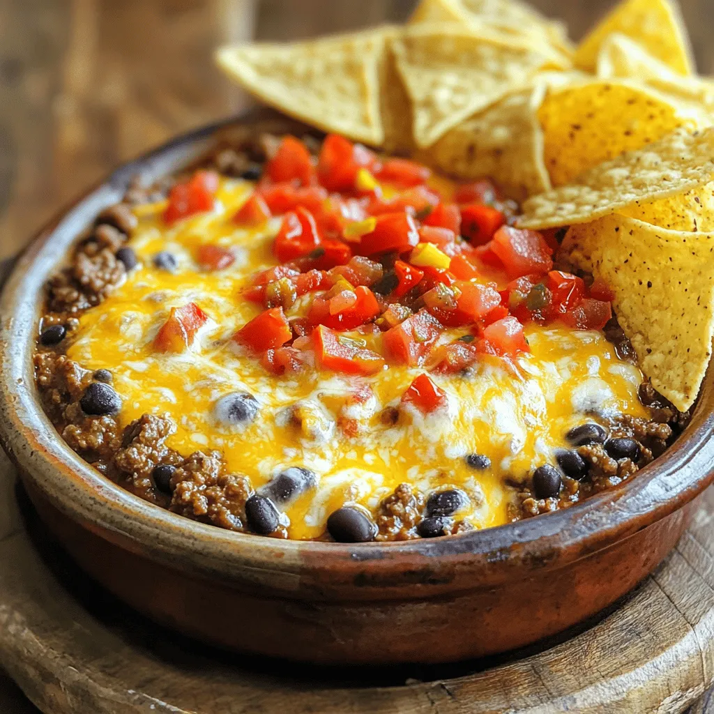 - 1 pound ground beef - 1 can (15 oz) black beans, drained and rinsed - 1 can (15 oz) refried beans - 1 cup cream cheese, softened - 1 cup sour cream - 1 cup shredded cheddar cheese, divided - 1 cup diced tomatoes with green chilies (canned) - Seasonings: garlic powder, onion powder, chili powder, ground cumin - Salt and black pepper, to taste - Tortilla chips for serving These ingredients come together to create a hearty and flavorful treat. Each one plays a role in building layers of taste. The ground beef gives a nice, meaty base. Black beans add texture and fiber, while refried beans bring creaminess. Cream cheese and sour cream together create a rich, smooth dip. Shredded cheddar cheese melts beautifully, adding cheesy goodness on top. Diced tomatoes with green chilies add a bit of spice and freshness. The seasonings enhance all the flavors, making your taste buds dance. Don’t forget to adjust salt and pepper to your liking. Gather these ingredients, and you’ll be on your way to a delicious dip. You can find the full recipe in the article. Enjoy the process of making this dip; it’s simple and rewarding! - Heat a skillet over medium heat. - Break apart the ground beef and brown it for 6-8 minutes. - After it cooks, drain any excess fat. - Add softened cream cheese to the skillet and stir until it melts. - Incorporate sour cream to create a smooth mixture. - Mix in black beans, refried beans, and diced tomatoes. - Season with garlic powder, onion powder, chili powder, cumin, salt, and pepper. - Warm the mixture on low for 5 minutes, stirring gently. - Stir in shredded cheddar cheese until it melts. - For a bubbly top, broil for 3-5 minutes, if desired. - Serve warm with tortilla chips for dipping. This Meaty Texas Trash Dip is a hearty and flavorful treat. Make sure to check out the Full Recipe for more details! To make your Meaty Texas Trash Dip shine, start by adjusting the seasonings. Taste the mixture as you go. This way, you can add more garlic powder or chili powder if you want extra flavor. Next, use room temperature ingredients. Cream cheese and sour cream blend better when they are not cold. It helps make the dip smooth and creamy. Want to switch things up? You can substitute ground turkey for a lighter option. This keeps the dish tasty while cutting down on fat. If you like heat, add jalapeños for a nice kick. For a colorful twist, incorporate more vegetables like corn or bell peppers. These add crunch and flavor, making each bite exciting. Enjoy these changes to create your perfect Meaty Texas Trash Dip. {{image_4}} You can easily make a vegetarian version of Meaty Texas Trash Dip. Just replace the ground beef with lentils or textured vegetable protein. Both options add great texture and soak up flavors well. Lentils cook fast and are full of protein. Textured vegetable protein is a meat substitute that has a chewy texture. This way, everyone can enjoy the dip! If you love heat, try a spicy Tex-Mex twist. Add more chili powder or some diced jalapeños to the mix. This will give your dip a nice kick. Adjust the spice level to fit your taste. You can start with a little and add more if you want. The heat will blend nicely with the creamy base. Cheese lovers can explore cheesy alternatives. Instead of cheddar cheese, try using pepper jack or Monterey Jack. Both options bring unique flavors. Pepper jack adds spice, while Monterey Jack offers a mild taste. You can mix and match cheeses for a delightful experience. Get creative and find your perfect cheesy blend! For the full recipe, check out the Meaty Texas Trash Dip section. After you enjoy your Meaty Texas Trash Dip, store leftovers in an airtight container. This keeps the dip fresh. It can last up to 3-4 days in the fridge. When you're ready to eat, just scoop out the amount you want. If you want to save some dip for later, freezing is a great option. Place it in a sealed container. It can last for up to 2 months in the freezer. When you want to enjoy it again, thaw it in the fridge overnight. Reheat it in the microwave or oven until warm. Then, dig in! Yes, you can prepare it in advance and refrigerate before reheating. This dip holds its flavor well, making it a great choice for parties or game day. Just let it cool, cover it, and store it in the fridge. When you’re ready, you can reheat it easily. Reheat in the microwave or oven until warmed through. If using the microwave, heat in short bursts. Stir in between to avoid hot spots. If using the oven, place it in a safe dish and heat at 350°F until warm. Serve it with tortilla chips, veggies, or even over nachos. The crunchy chips pair well with the creamy dip. You can also try adding some sliced jalapeños or fresh cilantro for a pop of flavor. This dip is versatile and fits many tastes. For the full recipe, check out the complete guide to making Meaty Texas Trash Dip! This blog post shared a simple recipe for Meaty Texas Trash Dip. You learned about the ingredients, cooking steps, and tips for perfect flavor. I also offered variations to fit your taste and ideas for storage. This dip is fun for sharing, whether for game day or a casual gathering. By making a few adjustments, you can create a dish that everyone will enjoy. Enjoy your cooking and make this dip a new favorite!