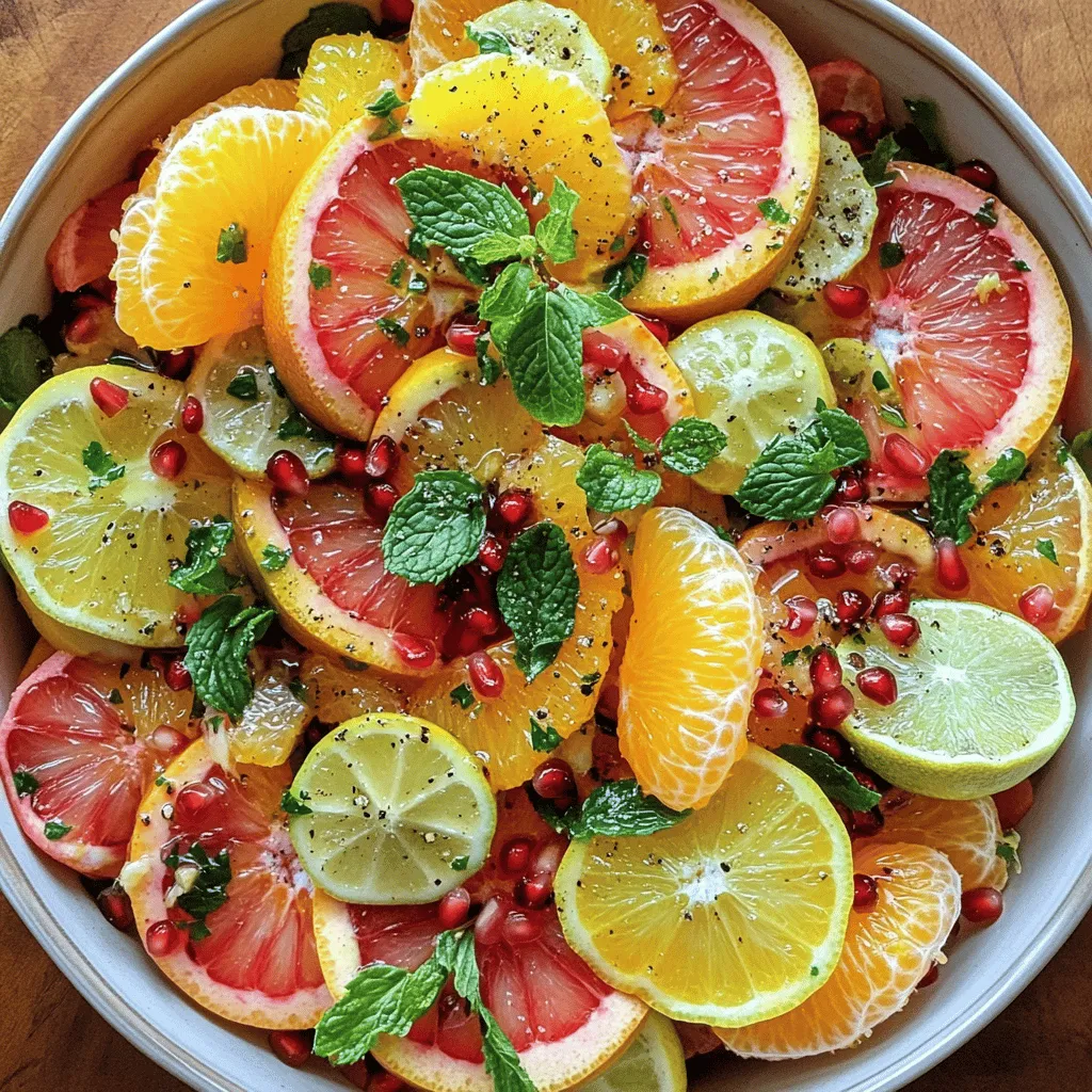 - 2 ripe oranges, segmented - 1 juicy grapefruit, segmented - 1 lemon, thinly sliced into rounds - 1 lime, thinly sliced into rounds Choosing ripe citrus fruits is very important. Look for fruits that feel heavy for their size. They should have a smooth skin and a nice aroma. Juicy fruits make your salad taste vibrant and fresh. - 1 cup vibrant pomegranate seeds - 2 tablespoons honey (or agave syrup for a vegan alternative) - 1 tablespoon quality olive oil - Pinch of sea salt - Freshly cracked black pepper, to taste Pomegranate seeds add color and a fun crunch to your salad. Honey or agave syrup brings a touch of sweetness. Olive oil adds richness, while salt and pepper enhance the flavors. - Mixed greens or spinach - Cooked chicken or shrimp You can mix in some greens for added nutrients and texture. If you want a protein boost, try adding cooked chicken or shrimp. This will make your salad more filling and satisfying. For the full recipe, refer to the Zesty Citrus Delight section above. To make a great citrus salad, start by preparing the citrus fruits. First, cut off both ends of the oranges, grapefruit, lemon, and lime. This creates flat surfaces that help with cutting. Always use a sharp knife for safety and ease. Next, segment the fruits. Hold the fruit firmly, and slice away the peel and white pith. Move your knife from top to bottom. Once exposed, gently pull out the segments. Collect them in a large bowl, and catch any juices that escape. This juice adds flavor. Once you have all the citrus segments in the bowl, it's time to mix in the pomegranate seeds. These seeds bring a crunchy texture and a pop of color. They pair beautifully with the citrus. Next, incorporate fresh mint leaves. The mint adds a refreshing touch. You can also add any other ingredients you like, such as berries or nuts. Toss everything gently to combine without breaking the segments. Now, let’s create the dressing. In a small bowl, whisk together the honey and olive oil until well mixed. This dressing will brighten your salad. For seasoning, add a pinch of sea salt and freshly cracked black pepper. This balance of flavors makes the salad shine. Drizzle the dressing over the salad and gently toss to coat all the ingredients evenly. Let the salad rest for about ten minutes. This allows the flavors to mingle and deepen. Your Zesty Citrus Delight is now ready to enjoy! You can find the complete recipe in the Full Recipe section. When you buy citrus fruits, look for bright colors. Firm and heavy fruits often mean juiciness. Smell the fruit; fresh citrus has a sweet scent. Store them at room temperature if you plan to use them soon. If you want to keep them longer, place them in the fridge. This trick helps retain their freshness for weeks. To boost flavors, try adding a pinch of salt. A splash of lime juice can brighten the taste. Use honey for sweetness, or switch it for agave syrup if you prefer vegan options. For the best results, let your salad marinate for about 10 minutes. This resting time allows the flavors to blend beautifully. Serving your citrus salad in a glass bowl shows off its vibrant colors. You can also use individual dishes for a more personal touch. Garnish with extra mint leaves on top to make it look appealing. Add edible flowers or thin slices of citrus on the edge of the bowl for an elegant finish. These small details make your dish look professional and inviting. {{image_4}} You can play with many citrus fruits. Try tangerines or clementines for a sweet twist. They add a fun burst of flavor. Seasonal fruits like kiwi or berries also mix well. Each fruit brings its own taste and color. You can create a rainbow on your plate! Want some crunch? Toss in nuts or seeds like almonds or sunflower seeds. They make your salad more filling and add texture. You could also add leafy greens like spinach or arugula. This will boost nutrients and flavor. Greens add freshness, making the salad even better. This salad is easy to adapt. If you want it vegan, just use agave syrup. It works great instead of honey. You can also go gluten-free with no worries. This salad is friendly for many diets. You can enjoy a tasty, colorful dish that fits your needs. For the full recipe, check out Zesty Citrus Delight for all the details! To keep your citrus salad fresh, store it in an airtight container. Avoid letting it sit out for long periods. Refrigerate any leftovers right away. It helps to layer the salad with a paper towel to absorb excess moisture. This keeps the ingredients from getting soggy. If you have leftover salad, use it in other dishes. You can mix it into yogurt for a fruit bowl or add it to a smoothie. Another fun idea is to turn it into a dressing. Blend the salad with olive oil for a zesty topping on meats or other salads. Your citrus salad stays fresh for about three days in the fridge. After that, check for any signs of spoilage. Look for browning leaves, a sour smell, or mushy fruit. If you notice any of these signs, it is best to discard the salad. Enjoy your Zesty Citrus Delight! To pick the best citrus, feel the fruits. They should feel heavy for their size, showing they are juicy. Look for bright colors and smooth skin. Avoid fruits with soft spots or blemishes. Oranges should be firm, while grapefruits should have a slight give when pressed. A good lemon or lime will feel slightly soft but not mushy. Fresh fruits make your salad taste great. Yes, you can prepare this salad in advance! You can segment the citrus and store them in an airtight container. Keep the pomegranate seeds and mint separate. This keeps everything fresh and vibrant. Mix them together just before serving. If you want to make the dressing ahead, store it in the fridge. Just remember to stir or shake it before using. If you want a different dressing, try using yogurt mixed with herbs. A splash of orange juice can add a fun twist too. For a tangy option, mix vinegar with olive oil. You can even use a store-bought dressing if you prefer. Just look for citrus-based dressings for a nice match. Absolutely! This salad is great for meal prep. You can make several servings at once. Just store the citrus and pomegranate in separate containers. This way, they stay fresh. You can also portion out the dressing in small jars. Just remember to add the mint right before eating to keep it fresh. Enjoy your colorful salad throughout the week! For the full recipe, check out Zesty Citrus Delight. This blog post highlights how to make a refreshing citrus salad. We discussed selecting fresh fruits like oranges and lemons and how to blend them with pomegranate seeds and honey. I shared tips on preparing the citrus safely, crafting a tasty dressing, and enhancing flavors. You learned about variations, storing tips, and meal prep ideas. Incorporating these elements creates a delicious, healthy dish. Enjoy experimenting with your ingredients and serving styles, and remember that fresh, colorful food looks and tastes the best! Your next salad can be a real showstopper.