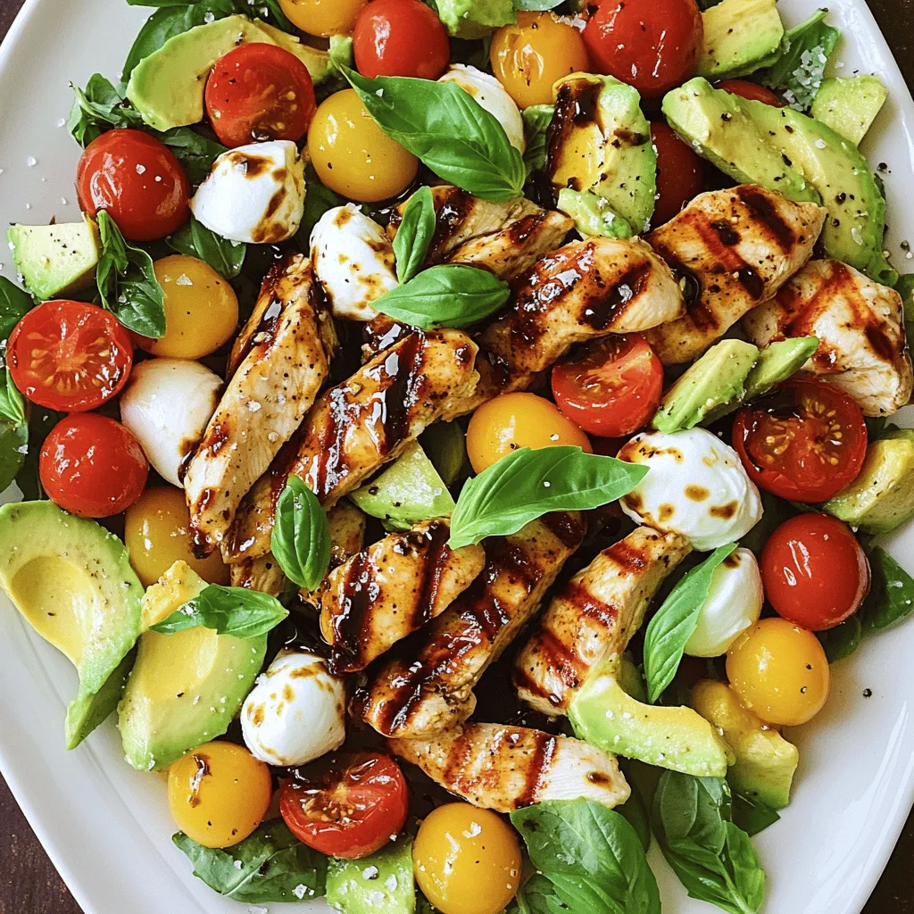 - 2 boneless, skinless chicken breasts - 2 tablespoons balsamic vinegar - 1 tablespoon olive oil - Salt and freshly cracked black pepper, to taste - 1 teaspoon garlic powder - 2 large ripe avocados, diced - 2 cups cherry tomatoes, halved - 8 ounces fresh mozzarella balls, halved - 1 cup fresh basil leaves, torn - 2 tablespoons balsamic glaze (for drizzling) For balsamic vinegar, I recommend using a high-quality brand like Colavita or Pompeian. These brands offer rich flavor and good acidity. You can also use a white balsamic vinegar for a milder taste. For olive oil, look for extra virgin options like California Olive Ranch or Lucini. They add depth to your dish. When it comes to fresh mozzarella, choose brands like BelGioioso or Galbani for creamy texture and flavor. You can use burrata as an alternative for a richer experience. This salad serves four and provides a balanced meal. Each serving contains approximately: - Calories: 400 - Protein: 30 grams - Fats: 28 grams - Carbohydrates: 14 grams - Fiber: 8 grams This salad is not only tasty but also packed with healthy fats from avocados and protein from chicken. Enjoy this delightful dish, knowing it fuels your body right! To start, you need to marinate the chicken. Grab a mixing bowl. In it, whisk together 2 tablespoons of balsamic vinegar, 1 tablespoon of olive oil, salt, pepper, and 1 teaspoon of garlic powder. Mix until everything blends well. Next, add 2 boneless, skinless chicken breasts. Make sure they are well coated in the marinade. Cover the bowl and let it sit. It can rest at room temperature for 30 minutes or in the fridge for up to 2 hours. This adds flavor and makes the chicken juicy. Now, it’s time to cook the chicken. Preheat your grill or grill pan to medium-high heat. Once it’s hot, take the chicken out of the marinade. Place the chicken on the grill. Cook it for about 6-7 minutes on each side. You want the internal temperature to reach 165°F (75°C). This ensures the chicken is safe to eat. Once cooked, remove it from the grill. Let it rest for 5 minutes before slicing. Resting helps keep the juices inside. Next, let’s put the salad together. In a large bowl, combine 2 diced avocados, 2 cups of halved cherry tomatoes, and 8 ounces of halved fresh mozzarella balls. Gently fold these together to avoid mashing the avocados. After that, slice the rested chicken into thin strips against the grain. Add the chicken to the salad mixture. Now, take 1 cup of fresh basil leaves and tear them by hand. This releases their rich aroma. Add the basil to the bowl. Drizzle with 2 tablespoons of balsamic glaze. Toss everything gently to coat well. Serve it in individual plates or a large bowl. For a nice touch, drizzle more balsamic glaze on top. Enjoy your Balsamic Chicken Avocado Caprese Salad! For more details, check the Full Recipe. To cook chicken well, start with good marination. Marinate the chicken for at least 30 minutes. This adds flavor and keeps it moist. When grilling, keep an eye on the temperature. Use a meat thermometer to check for 165°F (75°C). This ensures the chicken is safe to eat. Let the chicken rest for five minutes before slicing. This keeps the juices inside and makes it tender. Choosing the right avocados is key to your salad. Look for avocados that feel slightly soft when you squeeze them gently. A ripe avocado should have a dark green to black skin. Avoid ones with large dark spots or cracks. If they are too hard, leave them out at room temperature for a few days. You can speed up ripening by placing them in a paper bag with a banana. Make your salad look amazing by layering the ingredients. Start with a base of tomatoes and mozzarella. Then, add the diced avocado. Slice the chicken into thin strips and arrange them on top. Finish with fresh basil leaves for color. Drizzle balsamic glaze over the salad just before serving. This adds shine and flavor. A well-presented salad makes it more inviting to eat. {{image_4}} You can change this salad with seasonal veggies. In summer, try adding zucchini or bell peppers. In fall, use roasted butternut squash or Brussels sprouts. These vegetables add taste and color. They also boost nutrients. You can roast or grill them for a smoky flavor. Just slice them thin, toss them in olive oil, and cook until tender. If you want a different protein, consider tofu or shrimp. Tofu is great for a vegan option. Press it first to remove excess water. Marinate it like the chicken. Grill or sauté until golden. Shrimp is quick and tasty. Just season them with the same marinade. Cook until pink and firm. Both options keep the dish light and healthy. To make this salad a full meal, add grains. Quinoa or farro work well. Cook them according to package instructions. Mix them in with the salad base for extra fiber. This addition makes it filling and satisfying. You can also use whole grain pasta for a heartier touch. It adds a nice texture and flavor to every bite. For the full recipe, check the link. To store leftovers, place the salad in an airtight container. Keep it in the fridge. The salad stays fresh for about 2 days. However, the avocado may brown faster. To slow this down, add lemon juice to the avocado pieces before storing. When reheating chicken, keep it moist. You can use a microwave or oven. If you use a microwave, cover the chicken with a damp paper towel. Heat it in short bursts, checking every 30 seconds. If using an oven, wrap the chicken in foil. Set the oven to 350°F (175°C) and heat for about 10 minutes. This keeps the chicken juicy and tasty. You can prepare the salad ingredients ahead of time. Dice the avocados and tomatoes but add them to the salad just before serving. Store them in separate containers to keep everything fresh. Pre-cook the chicken and slice it. Store the slices in the fridge for up to 3 days. This makes it easy to whip up the salad quickly. For the full recipe, check out the details above! Yes, you can use store-bought balsamic glaze. It saves time and adds flavor. Just drizzle a bit on top of your salad. Make sure to check the label for quality. A good glaze is thick and sweet. If you can't find fresh mozzarella, use burrata or feta cheese. Burrata has a creamy texture, while feta offers a tangy taste. Both will work well in this salad. You can also try vegan cheese for a dairy-free option. To make this salad vegan, skip the chicken and cheese. You can add marinated tofu or chickpeas for protein. Avocados and tomatoes will still keep it fresh and tasty. Use a plant-based balsamic glaze to complete the dish. You can prep some ingredients ahead of time. Chop the veggies and marinate the chicken early. Store each part separately in the fridge. Just assemble it right before serving for the best taste and texture. This salad is best enjoyed fresh. However, it can last 1-2 days in the fridge. Keep the dressing separate to avoid soggy ingredients. Store it in an airtight container for freshness. Absolutely! You can swap chicken for grilled shrimp or sliced steak. Each option adds a unique flavor. Just adjust the cooking time for different meats to ensure they are safe to eat. Cherry tomatoes are ideal for this salad. They are sweet and bite-sized. You can also use grape tomatoes or any other small variety. Just make sure they are ripe for the best flavor. Yes, this salad is naturally gluten-free. All the ingredients used, like chicken, avocados, and tomatoes, are safe for a gluten-free diet. Always check your balsamic glaze for any hidden gluten sources. You can check the full recipe for Balsamic Chicken Avocado Caprese Salad to get all the details. This blog post covered essential ingredients, step-by-step cooking, and unique tips. You learned how to marinate chicken and assemble a fresh salad. I provided variations to keep meals exciting and storage tips for leftovers. Remember, cooking is about creativity and fun. Don’t be afraid to try new things and make this recipe your own. Enjoy the process, and happy cooking!