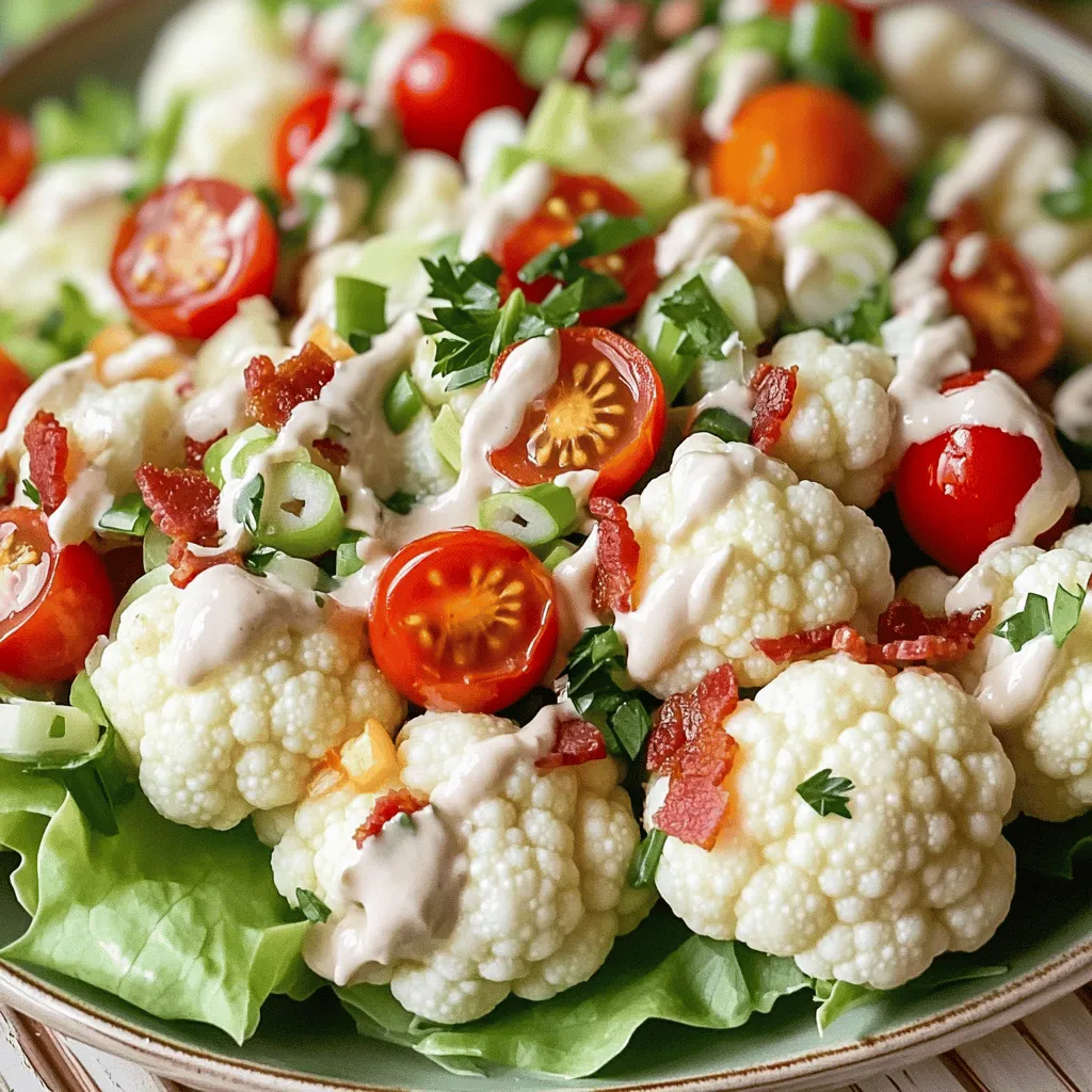 - 1 medium head of cauliflower - 4 slices of turkey bacon - 1 cup cherry tomatoes - 1/2 cup green onions - 1/4 cup mayonnaise - 1 tablespoon apple cider vinegar - 1 teaspoon Dijon mustard - Salt and pepper to taste - Fresh parsley, chopped To make the BLT Cauliflower Salad, you need fresh ingredients. Start with a medium head of cauliflower. Cut it into small florets. This will give you a great base for the salad. Next, grab four slices of turkey bacon. Cook them until they are crispy and crumble them. You can use regular bacon if you prefer, but turkey bacon keeps it lighter. Then, you will need one cup of cherry tomatoes. Halve these for a sweet burst of flavor. Finally, add half a cup of chopped green onions for a nice crunch and a mild onion taste. For the dressing, you will need a quarter cup of mayonnaise. This adds creaminess to the salad. Mix it with one tablespoon of apple cider vinegar for tang. Add one teaspoon of Dijon mustard for a little kick. Finally, season with salt and pepper to taste. If you want to add some color, chop up some fresh parsley for garnish. This adds a nice touch to the salad. For the full recipe, check the details above. Start by boiling a large pot of salted water. Once it bubbles, add the cauliflower florets. Cook them for about 3 to 4 minutes until they are just tender but still crunchy. Drain the cauliflower in a colander. To stop the cooking, run cold water over the florets. This cooling step helps keep their bright color and crisp texture. While the cauliflower cools, it’s time to make the dressing. In a medium mixing bowl, add the mayonnaise, apple cider vinegar, and Dijon mustard. Use a whisk to mix these ingredients until they are smooth. This step is crucial for a creamy dressing that coats the salad well. In a large mixing bowl, combine the cooled cauliflower, crumbled turkey bacon, halved cherry tomatoes, finely chopped green onions, and shredded lettuce. Gently mix these ingredients to combine them evenly. Then, drizzle the prepared dressing over the salad. Use a spatula or a large spoon to toss everything together. Make sure all the ingredients get a good coat of the dressing. After tossing, taste the salad. You can adjust the seasoning with more salt and pepper if you want. For the best taste, let the salad sit for about 10 to 15 minutes at room temperature. This allows the flavors to blend beautifully. If you like, sprinkle some freshly chopped parsley on top just before serving. This adds a nice pop of color and flavor. Enjoy this fresh and flavorful BLT cauliflower salad! For the full recipe, check out the details above. To make this BLT cauliflower salad even better, let it rest for 10-15 minutes. This time lets the flavors blend well together. You may want to taste it after mixing. Adjust the seasoning to fit your taste. Sometimes, a touch more salt or pepper makes a big difference. For a great look, serve the salad in a shallow bowl. This way, the bright colors pop and draw attention. You can also add extra cherry tomatoes and a sprinkle of parsley on top. These garnishes add color and freshness to your dish. Don't forget to check the [Full Recipe] for more details! {{image_4}} If you're looking for a low-carb or keto-friendly option, you can skip the turkey bacon and use avocado instead. The creamy texture of avocado adds richness to your salad without extra carbs. You can also reduce the amount of mayonnaise in your dressing or swap it for Greek yogurt. This keeps the salad light and fresh while still tasting great. For a vegetarian option, consider using vegetarian bacon. It gives a similar crunch and flavor without the meat. Brands like tempeh bacon or coconut bacon work well and bring a unique taste to the salad. Feel free to personalize your salad with extra veggies. Try adding bell peppers for a sweet crunch or cucumbers for refreshing bites. You can chop them small so they mix well with the cauliflower. If you want to bring more flavor, add cheese. Feta cheese adds a tangy bite, while shredded cheddar gives a sharp kick. Both options melt beautifully into the salad, enhancing its taste. I encourage you to explore these variations and make this BLT Cauliflower Salad your own. For a complete recipe, check out the Full Recipe above. To store leftover BLT cauliflower salad, place it in an airtight container. Ensure the container is sealed tightly to keep the salad fresh. This salad can stay fresh for about 3-4 days in the fridge. If you notice any moisture in the container, it’s best to drain it before serving again. When it comes to reheating, I recommend not warming the salad. The texture of the cauliflower and fresh veggies is best when served cold. If you must warm it up, do so gently in the microwave for just 10-15 seconds. This way, you can enjoy the crispness of the salad without losing its fresh flavors. For a quick refresh, add a little more dressing before serving. For the full recipe, check out the details above. Yes, you can use regular bacon. It adds a richer, smokier flavor. To do this, cook the bacon until crispy. Then, drain it on paper towels to remove excess fat. Crumble it just like you would with turkey bacon. The salad will be more indulgent but still delicious. Absolutely! This salad is great for meal prep. To prepare it in advance, make the cauliflower and dressing first. You can store them separately to keep the salad fresh. Mix everything just before serving. This keeps the flavors bright and the textures nice. You can serve this salad warm, but it changes the taste and texture. Warm cauliflower loses some crunch. The dressing may also become a bit runny. If you prefer it warm, try lightly steaming the cauliflower. This keeps some texture while warming it up. This blog post introduced a simple and tasty cauliflower salad recipe. We covered the main ingredients like cauliflower, turkey bacon, and cherry tomatoes. I showed you how to make a creamy dressing and explained how to assemble the salad. You learned tips for better flavor and ideas for variations to suit your diet. Finally, I provided storage tips to keep your salad fresh. Enjoy making this salad, and feel free to get creative with your own twists!