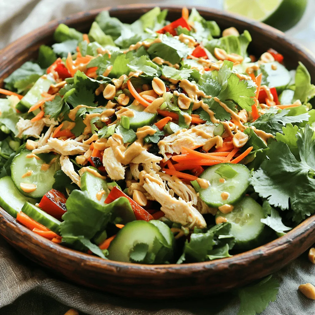 - 2 chicken breasts, grilled and shredded - 4 cups mixed salad greens (romaine, spinach, arugula) - 1 cup shredded carrots - 1 red bell pepper, julienned - 1 cup cucumber, thinly sliced - 1/4 cup Thai peanut dressing - Juice of 1 lime - Salt and pepper, to taste - 1/2 cup fresh cilantro, chopped - 1/2 cup green onions, sliced - 1/4 cup unsalted roasted peanuts, chopped The key to a great Thai Chicken Salad is in the ingredients. Start with grilled chicken breasts. They bring a lovely taste and texture. Shred them into bite-sized pieces for easy eating. Next, grab a mix of salad greens. I love using romaine, spinach, and arugula. This blend adds a nice crunch and fresh flavor. For a touch of sweetness, add shredded carrots. They not only taste good but also add color. Don't forget the red bell pepper! Julienne it for a crisp bite. Adding sliced cucumber brings a refreshing crunch that balances the salad nicely. For the dressing, I recommend a Thai peanut dressing. It ties all the flavors together. Squeeze the juice of one lime for a zesty kick. Finish with salt and pepper to taste. Now, let’s talk garnishes. Fresh cilantro adds a burst of flavor. Green onions provide a mild onion taste. Finally, sprinkle chopped peanuts for extra crunch. This creates a delightful salad that is both fresh and flavorful. For the full recipe, check out the Zesty Thai Chicken Salad with Crunchy Peanuts. - Combine mixed salad greens, shredded carrots, red bell pepper, and cucumber. - Gently toss to distribute the ingredients. First, grab a large bowl. In it, mix your salad greens, carrots, red bell pepper, and cucumber. These veggies make the salad fresh and vibrant. Toss them gently to ensure every piece gets mixed well. This step helps build a great base for your salad. - Incorporate the grilled and shredded chicken into the vegetable mix. - Ensure even mixing for flavor distribution. Next, add your grilled and shredded chicken to the bowl. This chicken brings protein and richness to the salad. Mix everything together carefully. You want the chicken to spread evenly throughout the veggies for the best taste. - Drizzle Thai peanut dressing over the salad mixture. - Squeeze lime juice for added flavor and toss thoroughly. Now it’s time to dress your salad. Drizzle the Thai peanut dressing over the mix. This dressing adds a wonderful nutty flavor. Squeeze fresh lime juice on top to brighten the taste. Toss everything well so that the dressing coats all the ingredients. This will make each bite bursting with flavor. - Taste the salad and season with salt and pepper as needed. Taste your salad. This step is important. You might need to add a bit of salt or pepper to enhance the flavors. Trust your palate! Adjust to your liking for the perfect balance. - Sprinkle cilantro, green onions, and peanuts on top for garnish. - Serve immediately or chill for enhanced flavor. For the last touch, sprinkle fresh cilantro, sliced green onions, and chopped peanuts on top. These add great color and crunch. You can serve it right away or chill it in the fridge for about 15 minutes. This resting time allows the flavors to meld beautifully. Enjoy your Thai Chicken Salad! You can find the complete instructions in the Full Recipe. When making Thai Chicken Salad, you have two great options for chicken: grilling or rotisserie. Grilled chicken gives a smoky flavor and juicy texture. Rotisserie chicken is convenient and saves time. Both choices work well, but I favor grilling for that fresh taste. Using boneless and skinless chicken breasts is key. These pieces cook evenly and are easy to shred. They absorb the salad's flavors better than dark meat. Plus, they keep the dish light and healthy, which is perfect for a salad. For the dressing, you can choose between store-bought and homemade Thai peanut dressing. Store-bought is quick and easy, but homemade has a personal touch. If you want to make your own, just blend peanut butter, soy sauce, lime juice, and a touch of honey. If you prefer a different flavor, try using a sesame dressing or a light vinaigrette. These give the salad a fresh twist and still pair well with the other ingredients. Presentation is important when serving Thai Chicken Salad. Serve it in individual bowls for a personal touch. You can also use a large platter for gatherings. This makes it easy for guests to help themselves. Pair the salad with refreshing drinks like iced tea or coconut water. It also goes well with spring rolls or a light soup. These options can create a delightful meal that impresses your friends and family. For the full recipe, check out the detailed instructions provided above! {{image_4}} If you want a vegetarian Thai chicken salad, try tofu or chickpeas. Tofu takes on flavors well and adds protein. For chickpeas, just drain and rinse a can. They give a nice texture and a slight nuttiness. You can also load up on veggies. Add bell peppers, snap peas, or radishes for crunch. For a spicy kick, add sliced jalapeños or a dash of sriracha. You can mix them right into the salad for heat. Adjust the Thai peanut dressing by adding more sriracha. This brings a nice balance of cool and spicy to your dish. To add extra crunch, try crispy wontons or sunflower seeds. Both give a fun texture. For more nutrition, consider avocado or edamame. Avocado adds creaminess, while edamame gives a nice pop of protein. You can mix and match these toppings as you like. For the full recipe, check out the complete guide. To keep your Thai chicken salad fresh, use an airtight container. This helps keep moisture in and air out. It’s best to store the salad without dressing if you plan to eat it later. This way, the greens stay crisp and vibrant. Your refrigerated Thai chicken salad stays good for about three days. After this, the salad may lose its taste and texture. Watch for signs like soggy greens or a sour smell. If you notice these, it’s best to discard the salad. Prepare ingredients in advance for easy assembly. Chop vegetables and store them in separate containers. This saves time when you are ready to eat. Keep your dressing in a different container. Adding it just before serving keeps everything fresh and tasty. Yes, you can prep Thai Chicken Salad ahead of time. To keep it fresh, store the salad ingredients separately from the dressing. You can chop the veggies and cook the chicken a day before. Keep them in airtight containers in the fridge. When you’re ready to eat, mix everything together and add the dressing. This helps keep the salad crisp and tasty. If you have a nut allergy, try sunflower seeds or pumpkin seeds. These options provide crunch without nuts. You can also skip the nuts entirely and add extra veggies for texture. Try sliced almonds if you don’t have a nut allergy but want a different flavor. Yes, Thai Chicken Salad is healthy. It contains lean chicken, fresh veggies, and healthy fats from the dressing. The mixed greens add fiber, which is good for digestion. Carrots provide vitamins, while bell peppers add antioxidants. Overall, this salad is a balanced meal that supports a healthy diet. To make Thai Chicken Salad gluten-free, choose a gluten-free dressing. Many brands offer gluten-free options. Check the label to be sure. Also, use gluten-free soy sauce if you make your dressing at home. Ensure all other ingredients are gluten-free as well, including any optional toppings. This Thai Chicken Salad is fresh, tasty, and easy to make. You have learned about the key ingredients, how to prepare the dish, and some helpful tips. Remember, you can customize this salad based on your taste or diet needs. Store any leftovers properly to keep them fresh. Enjoy experimenting with variations like adding tofu or spicy ingredients. This salad is healthy and perfect for any meal. With these steps, you can create a delicious dish that everyone will love.