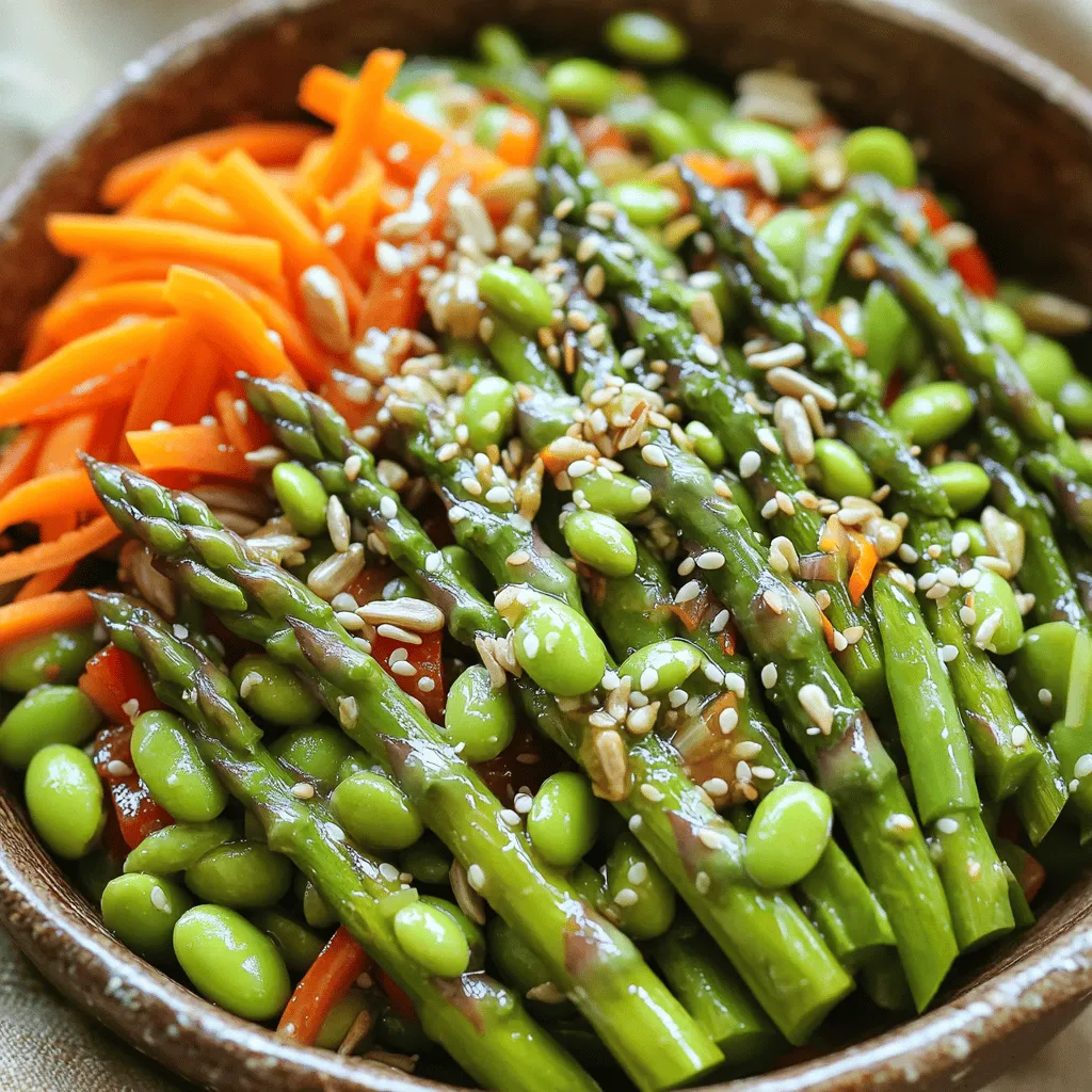 - 1 bunch of fresh asparagus, trimmed - 1 cup of snap peas, trimmed - 1 medium carrot, julienned - 1 red bell pepper, thinly sliced - ½ cup of edamame (shelled and cooked) - 3 green onions, chopped Fresh asparagus is the star of this salad. Select bright green spears that are firm. Trim the ends to remove any tough parts. Blanch them to keep their crunch. Snap peas add sweetness and a nice pop. The carrot gives a lovely color, and the red bell pepper adds a sweet, crisp bite. Edamame brings protein, making the dish more filling. Green onions provide a fresh flavor that ties everything together. - 3 tablespoons sesame oil - 2 tablespoons rice vinegar - 1 tablespoon soy sauce (or tamari for gluten-free) - 1 teaspoon honey or maple syrup - Salt and pepper to taste For the dressing, sesame oil is rich and nutty. Rice vinegar adds brightness, while soy sauce gives depth. Honey or maple syrup balances the flavors with sweetness. A pinch of salt and freshly cracked pepper enhances the taste. - ¼ cup sunflower seeds - Sesame seeds for garnish Sunflower seeds add crunch and a nutty flavor. They also make the salad more satisfying. A sprinkle of sesame seeds on top not only looks nice but also boosts the flavor profile. You can get creative with these garnishes, adding your favorites to make the salad your own. For the full recipe, check out the Crunchy Asian Asparagus Salad. To start, bring a pot of salted water to a boil. Add the trimmed asparagus. Blanch it for about 2-3 minutes. You want it tender but still bright green. Immediately place the asparagus into a bowl of ice water. This stops the cooking. Once cooled, drain and pat it dry with a kitchen towel. In a large mixing bowl, combine the blanched asparagus, snap peas, julienned carrot, and red bell pepper. Add the cooked edamame and chopped green onions. Toss gently to mix the veggies well. This step is key to a balanced salad. In a small bowl, whisk together sesame oil, rice vinegar, soy sauce, and honey. Add a pinch of salt and pepper. Whisk until everything is smooth. This dressing brings a lovely flavor to the salad. Drizzle the dressing over the vegetable mix. Use salad tongs or two spoons to toss gently. Ensure all the vegetables are coated with the dressing. This step makes each bite flavorful. Now, sprinkle sunflower seeds on top of the salad. Lightly toss again to mix them in. This adds a nice crunch. But be careful not to crush the seeds. Transfer the salad to a platter or individual bowls. For a lovely touch, sprinkle sesame seeds on top. This not only looks good but also adds to the flavor. Enjoy this fresh asparagus salad as a side or a light meal. For the full recipe, check out the Crunchy Asian Asparagus Salad. Blanching asparagus helps keep it bright and crisp. Start by boiling salted water. Add the trimmed asparagus and let it cook for 2-3 minutes. You want the asparagus tender, not mushy. Quickly move it to ice water to stop cooking. This process locks in color and flavor. After cooling, drain and pat dry. This step is key for a fresh taste. When picking asparagus, look for firm stalks. The tips should be tightly closed. Avoid any that look wilted or slimy. Fresh asparagus will have a vibrant green color. Thinner stalks are often more tender than thick ones. Choose what you like best. You can use any type in this salad. While sesame dressing is great, don’t hesitate to try other options. A lemon vinaigrette adds brightness. You can mix olive oil, lemon juice, and a pinch of salt. Another choice is a yogurt-based dressing for creaminess. Try different flavors to match your taste. Be creative and make this salad your own with various dressings. For the full recipe, check out the Crunchy Asian Asparagus Salad. {{image_4}} You can easily add protein to your fresh asparagus salad. Chicken is a great choice. Grilled or roasted, it adds flavor and heartiness. Simply slice it and mix it in. Tofu is another option. Marinate it in soy sauce first for extra taste. Then, cube it and add it to the salad. Make your salad even better by adding seasonal vegetables. Spring brings peas and radishes. They add crunch and color. In summer, try cucumbers and cherry tomatoes. Their freshness brightens the dish. In fall, consider roasted squash or beets for warmth. These changes keep the salad exciting all year long. Grains can transform this salad into a filling meal. Quinoa is a good choice. It packs protein and fiber. Cook it according to package instructions and let it cool. Then mix it with the vegetables. Couscous also works well. It’s quick to prepare and has a nice texture. Add either grain to your salad for a tasty twist. For the full recipe, check out the Crunchy Asian Asparagus Salad! Store your leftover salad in an airtight container. This keeps it fresh. Place it in the fridge. Try to eat it within two days for the best taste. If you can, keep the dressing separate. This helps the veggies stay crisp and bright. Fresh asparagus lasts about three to five days in the fridge. Snap peas and carrots can hold up for about one week. Edamame stays fresh for up to five days. Check each ingredient for signs of spoilage, like wilting or discoloration. If you add protein, like chicken or tofu, reheat it gently. Use a microwave or skillet on low heat. This keeps the protein juicy and tender. Avoid high heat, as it can dry out the protein. If you have leftover salad with protein, eat it cold for the best flavor. For the full recipe, check the section above. The best way to prepare asparagus is to blanch it. Start by boiling salted water. Add the trimmed asparagus for 2-3 minutes. This keeps it crisp and bright green. After boiling, place it in ice water to stop cooking. Drain it and dry with a towel before adding it to your salad. Yes, you can make this salad ahead of time. Prepare all the veggies and dressing. Store them separately in the fridge. Mix them just before serving for the best taste and crunch. This keeps everything fresh and vibrant. You can switch up the dressing for variety. Try a lemon vinaigrette for a zesty kick. A creamy tahini dressing adds richness. For a Mediterranean twist, a balsamic glaze works well. Each option brings a new flavor to the salad. Yes, this salad can be gluten-free. Use tamari instead of soy sauce. Check all other ingredients to ensure they are gluten-free. This way, everyone can enjoy the salad without worry. The salad is already vegetarian! Just ensure you use a vegan dressing. You can add tofu or chickpeas for extra protein. This keeps it filling and satisfying while staying plant-based. Enjoy your fresh asparagus salad with full flavor! For the complete recipe, check out the Full Recipe section above. This blog post detailed how to create a fresh asparagus salad. We discussed key ingredients like vegetables and dressings. I shared step-by-step instructions, ensuring ease of preparation. Tips on storage, variations, and FAQs offered more insight. In summary, you can make this salad your own. Experiment with different toppings and flavors. Enjoy a tasty, healthy dish full of nutrients and crunch. Your options are endless, so have fun and savor every bite.