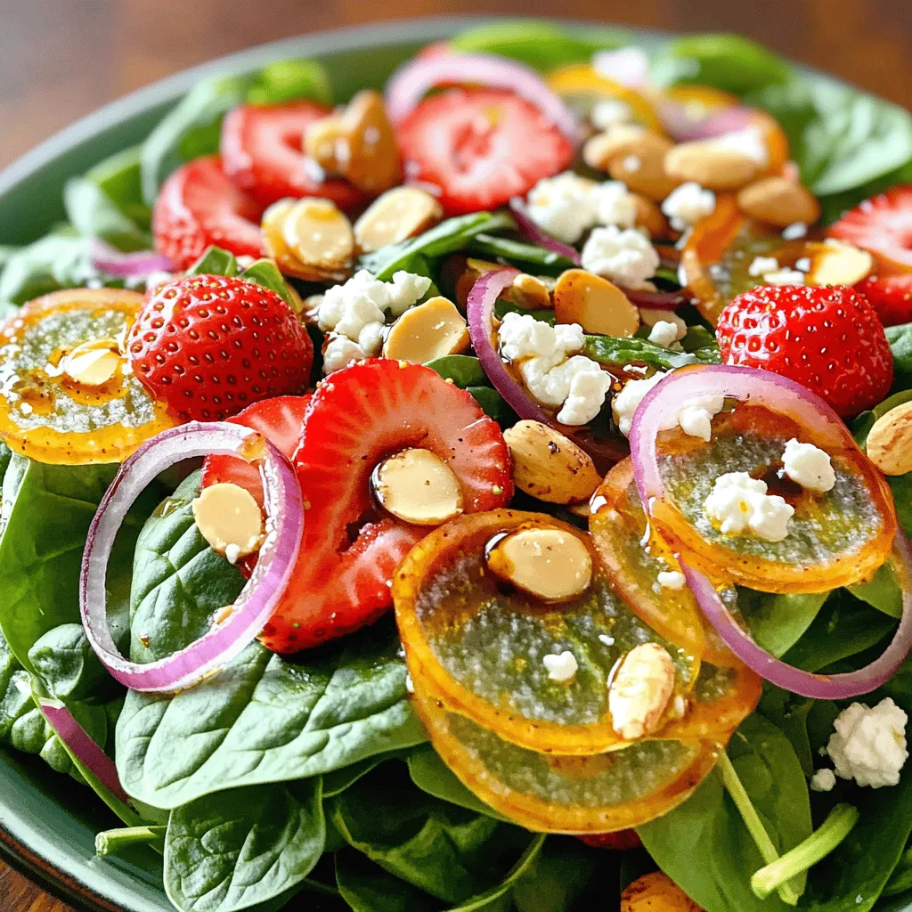 - Fresh baby spinach - Ripe strawberries - Creamy goat cheese - Sliced almonds - Red onion - Aged balsamic vinegar - Extra virgin olive oil - Pure honey - Sea salt and freshly ground black pepper - Calories per serving: The salad has about 200 calories. - Macronutrients breakdown: It contains healthy fats, fiber, and protein. - Health benefits of ingredients: Spinach provides iron, strawberries are high in vitamin C, and goat cheese adds calcium. This salad is not just a delight to eat; it is also a powerhouse of nutrition. You get fresh veggies, sweet fruit, and creamy cheese in every bite. Each ingredient brings unique flavors and benefits to your table. If you want to dive deeper into making this salad, check out the Full Recipe for more details. 1. Rinse the spinach well under cold water. This step removes dirt and grit. 2. Spin the spinach in a salad spinner to dry it. Dry spinach helps the dressing stick. 3. Slice the strawberries into thin rounds. This makes them easy to eat and adds color. 4. Crumble the goat cheese into bite-sized pieces. Small pieces mix well with the other flavors. 1. Start by placing the spinach in a large bowl. This is your salad base. 2. Layer the sliced strawberries evenly on top of the spinach. This adds sweetness to each bite. 3. Sprinkle crumbled goat cheese over the strawberries. The cheese adds creaminess and tang. 4. Next, add the sliced almonds. They give a nice crunch and extra flavor. 5. Finally, add the thin rings of red onion. They add a mild, zesty kick. 6. For freshness, toss the salad gently just before serving. This keeps the ingredients crisp. 1. In a small bowl, combine balsamic vinegar, olive oil, honey, salt, and pepper. 2. Whisk the ingredients together until they blend well. This is called emulsification. 3. The dressing should look smooth and creamy. This step ensures all flavors combine. 4. Drizzle the dressing over the salad just before serving. This keeps the spinach fresh. 5. Toss the salad gently to coat everything in the dressing. Be careful not to mash the ingredients. For the full recipe, you can refer to the complete instructions above. Enjoy your Spinach Strawberry Salad! To make a great spinach strawberry salad, start with fresh ingredients. - Choose fresh baby spinach. Look for bright, crisp leaves with no spots. - Select ripe strawberries. They should be bright red and firm. Avoid soft or mushy ones. - For goat cheese, find a creamy variety. This will add a nice texture and flavor. Presentation matters. Serve your salad in a way that looks appealing. - Use individual bowls or chilled plates for an elegant touch. - Garnish with extra strawberry slices and toasted almonds. This adds color and crunch. Pair this salad with grilled chicken or fish. It also goes well with a light pasta dish. Avoid common pitfalls to keep your salad fresh and tasty. - Do not overdress the salad. Too much dressing can make it soggy. - Be careful when tossing the salad. Gently mix to avoid bruising spinach and strawberries. If you damage them, the salad loses its lovely texture and flavor. For the full recipe, check out the Spinach Strawberry Delight Salad. {{image_4}} You can make your salad heartier by adding proteins. Grilled chicken adds great flavor. Shrimp gives a nice touch too. If you prefer plant-based options, tofu works well. Just cube the tofu and toss it in. These proteins make the salad a complete meal. Change up the cheese for a new taste. Feta adds a salty kick. Blue cheese brings bold flavor. If you want something milder, try mozzarella. Each cheese adds its own flair to the salad. Feel free to mix and match according to your taste. Seasonal fruits can change your salad game. Use ripe peaches in summer. Apples add crunch in fall. You can also swap in other berries, like blueberries or raspberries. Each fruit choice brings a unique twist. Explore different flavors to keep it fresh and exciting. To keep your spinach fresh, store it in a sealed container. Use a paper towel to absorb extra moisture. Place the towel inside the container with the spinach. This helps prevent sogginess and keeps it crisp. For the salad, do not dress it until you're ready to eat. The dressing can make the leaves wilt quickly. You can keep this spinach strawberry salad in the fridge for about 1 to 2 days. After that, the strawberries may get mushy, and the spinach will lose its crunch. If you plan to eat it later, store each part separately. If you have leftover salad, try adding it to a wrap or sandwich. You can mix it into a grain bowl with rice or quinoa. Another option is to blend it into a smoothie for added nutrition. The flavors from the salad can make a tasty twist in these dishes. Check out the Full Recipe for more ideas! You can easily make this salad vegetarian by swapping a few ingredients. Here are some ideas: - Use feta cheese instead of goat cheese for a similar creamy texture. - Replace sliced almonds with sunflower seeds for a nut-free option. - Add chickpeas or black beans for extra protein without meat. These swaps keep the salad tasty and full of flavor. Yes, you can prepare this salad ahead of time. Here are some tips for meal prep: - Wash and dry the spinach, but wait to mix it with other ingredients. - Store sliced strawberries in a separate container to keep them fresh. - Make the dressing a day ahead and store it in the fridge. Combine everything just before serving for the best taste and texture. You have great options for dressing this salad. Consider these choices: - A homemade balsamic vinaigrette is fresh and simple to make. - Store-bought dressings can save time, but check for quality. - You can mix yogurt with herbs for a creamy option. Homemade dressings often taste better and let you control the flavors. Yes, this salad is suitable for a gluten-free diet. Here are some gluten-free ingredient options: - All the main ingredients like spinach, strawberries, and cheese are naturally gluten-free. - Ensure that any dressing you use is labeled gluten-free. - Be careful with croutons or any added toppings; choose gluten-free ones. This way, everyone can enjoy this fresh and vibrant salad. This blog post shared a simple spinach strawberry salad recipe. We covered key ingredients, like fresh spinach and ripe strawberries. You learned how to prepare the salad and make a tasty dressing. I shared tips for choosing the best ingredients and avoiding common mistakes. We explored fun variations to customize your salad and proper storage methods for leftovers. Enjoy making this salad! It’s fresh, healthy, and easy to love.