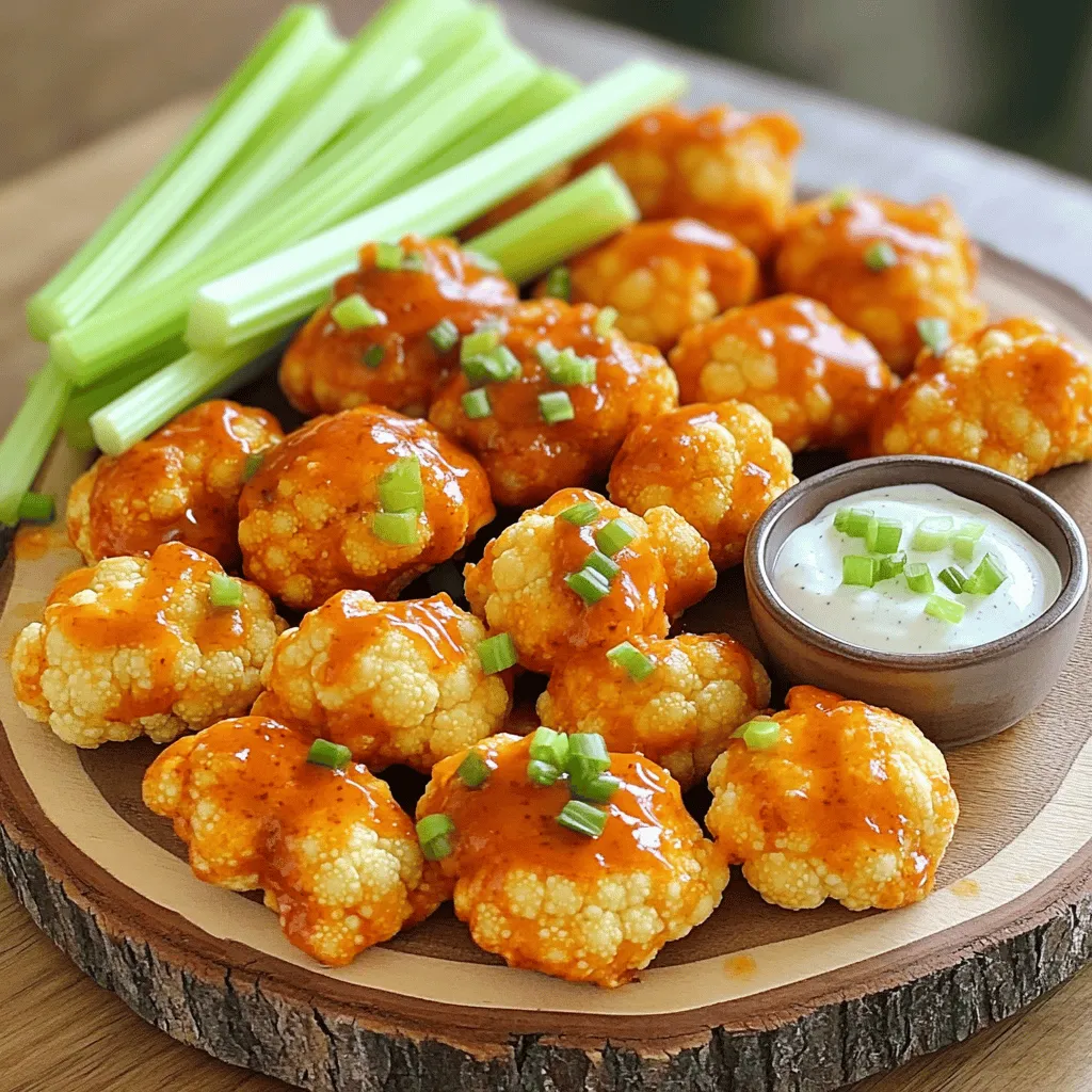 To make Air Fryer Buffalo Cauliflower, you need: - 1 medium head of cauliflower, cut into bite-sized florets - 1 cup all-purpose flour - 1 cup water - 1 teaspoon garlic powder - 1 teaspoon onion powder - 1 teaspoon paprika - ½ teaspoon salt - ½ teaspoon black pepper - ½ cup buffalo sauce (adjust heat level to preference) - 1 tablespoon olive oil These ingredients come together to create a tasty snack. The cauliflower acts as the base, while the batter adds flavor and texture. You can enhance the taste with these optional ingredients: - 1 teaspoon smoked paprika for a smoky kick - ½ teaspoon cayenne pepper for more heat - 1 tablespoon nutritional yeast for a cheesy flavor - Fresh herbs like parsley or cilantro for brightness These extras can take your buffalo cauliflower to the next level. They add depth and complexity to the dish. Serving buffalo cauliflower bites with dipping sauces makes them even better. Here are some great options: - Ranch dressing for a creamy contrast - Blue cheese dressing for a classic pairing - A squeeze of lemon juice for freshness - Chopped green onions for a pop of color These sauces and garnishes add flavor and make your dish look appealing. They also create a fun and interactive eating experience. For the full recipe, check out the link! Start by washing the cauliflower under cool water. This helps remove any dirt. Next, dry it with a clean kitchen towel. Cut the cauliflower into bite-sized florets. Make sure the pieces are even in size. This way, they cook at the same rate. In a large mixing bowl, combine the flour, garlic powder, onion powder, paprika, salt, and black pepper. Use a whisk to mix these dry ingredients well. Slowly add water to the bowl while whisking. Keep mixing until you have a smooth, thick batter. It should cling nicely to the cauliflower. First, dip each cauliflower floret into the batter. Ensure each piece is fully coated. Let the extra batter drip off before placing them in the air fryer basket. Preheat your air fryer to 375°F (190°C) for about 5 minutes. Once preheated, arrange the cauliflower in a single layer in the basket. Avoid overcrowding for the best crispiness. Lightly spray the florets with olive oil. Air fry the cauliflower for 15 minutes or until they turn golden brown. Be sure to shake the basket halfway through to cook them evenly. After cooking, place the cauliflower in a large bowl and pour on the buffalo sauce. Toss gently to coat each piece. Then, put the sauced cauliflower back in the air fryer for an extra 5 minutes. This helps the sauce stick and adds extra crunch. Enjoy the full recipe for more details! To get that perfect crispy texture, follow these tips: - Cut the cauliflower into even-sized florets. This helps them cook evenly. - Coat the florets well with the batter. Make sure each piece is fully covered. - Preheat your air fryer before adding the cauliflower. This ensures quick cooking. - Do not overcrowd the air fryer basket. This allows hot air to circulate, creating crispiness. - Lightly spray the cauliflower with olive oil. This adds an extra crunch. Here are some common mistakes to watch out for: - Skipping the preheat step can lead to soggy bites. - Using too much batter can make the cauliflower heavy and less crispy. - Not shaking the basket halfway through cooking can cause uneven cooking. - Forgetting to toss the cauliflower in buffalo sauce after frying can miss the flavor. Buffalo cauliflower bites shine when served the right way. Try these ideas: - Serve them on a colorful platter with celery sticks. The crunch of celery pairs well. - Include a bowl of ranch or blue cheese dressing for dipping. This adds a creamy contrast. - Garnish with chopped green onions or parsley for a fresh touch. - Pair with other appetizers, like carrot sticks or guacamole, for a fun spread. For the full recipe, check out the [Full Recipe]. {{image_4}} You can switch up the sauce for buffalo cauliflower. If you want a milder taste, use barbecue sauce. For a zesty kick, try a lemon garlic sauce. You can also mix ranch dressing with hot sauce for a creamy twist. Each sauce brings its own flavor, so feel free to experiment. Change the spices based on the season. In fall, add cinnamon and nutmeg for warmth. In spring, try fresh herbs like dill or chives. You can also add cumin or chili powder for a bold flavor. Seasonal spices can keep your dish fresh and exciting. If you prefer vegan options, swap the all-purpose flour for chickpea flour. This gives a nice nutty flavor. You can also use plant-based milk instead of water for the batter. For gluten-free choices, use almond flour or a gluten-free all-purpose blend. These options make the recipe friendly for everyone. For the full recipe, check out the detailed instructions provided earlier. To store leftover buffalo cauliflower, place them in an airtight container. They will stay fresh for up to three days in the fridge. Make sure to let them cool to room temperature before sealing the container. This step helps keep the bites crispy and prevents moisture buildup. For the best results when reheating, use your air fryer again. Preheat the air fryer to 375°F (190°C). Place the cauliflower bites in a single layer. Heat them for about 5 to 7 minutes. This method helps them regain their crunch. Avoid using the microwave, as it can make them soggy. You can freeze buffalo cauliflower for later use. First, let the bites cool completely. Then, arrange them in a single layer on a baking sheet. Freeze for about an hour. Once frozen, transfer them to a freezer bag or container. They will stay good for up to three months. When ready to enjoy, cook them from frozen in the air fryer for about 12-15 minutes at 375°F (190°C). Yes, you can make buffalo cauliflower without flour. Use a batter made from almond flour or chickpea flour instead. These options add flavor and keep it gluten-free. You can also coat the cauliflower in just buffalo sauce without any batter. This method will give you a simpler, lighter bite. To keep your buffalo cauliflower crispy, follow these tips: - Use a light coating of batter. Too much can make it soggy. - Preheat the air fryer. This helps the cauliflower cook evenly. - Do not overcrowd the air fryer basket. Give each piece space to cook. - Lightly spray with olive oil before cooking. This boosts crispiness. - Shake the basket halfway through cooking to ensure even crisping. Buffalo cauliflower bites pair great with: - Fresh celery sticks for a crunchy side. - Carrot sticks for a sweet crunch. - A small bowl of ranch or blue cheese dressing for dipping. - A colorful salad for balance and freshness. Yes, you can add spices like cayenne pepper for heat or smoked paprika for depth. You can also try adding dried herbs like oregano or thyme for extra flavor. The spice level depends on the buffalo sauce you choose. You can select mild or hot sauce based on your taste. Adjust the amount of sauce used to suit your heat preference. You can prepare the batter and cauliflower ahead of time. Keep them separate in the fridge. Coat and air fry them just before serving for the best results. Store leftover buffalo cauliflower bites in an airtight container in the fridge. They will stay fresh for up to three days. Yes, you can freeze them. Freeze the uncooked battered cauliflower on a tray. Once frozen, transfer them to a zip-top bag. Cook from frozen when ready for a quick snack. Reheat the cauliflower in the air fryer for a few minutes at 375°F (190°C). This method will help them regain their crispiness. You can also use an oven but avoid the microwave to keep them crunchy. To make it healthier, skip the batter and coat the cauliflower directly in buffalo sauce. You can also use an air fryer without any oil to cut down on fat. This post covered how to make Air Fryer Buffalo Cauliflower. We discussed key ingredients and optional flavors to boost taste. I provided step-by-step instructions for preparation and frying. You learned tips for getting that perfect crisp and common mistakes to avoid. Don't forget the variations, storage tips, and answers to common questions. Trying new sauces and spices can spice things up! Remember, enjoy your cooking and make it your own. Happy air frying!