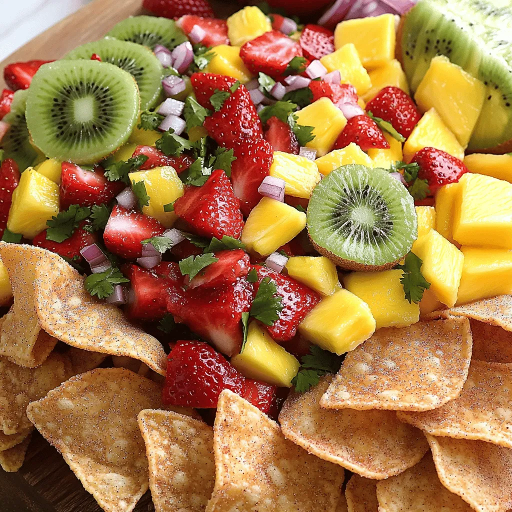 - 1 cup strawberries, finely diced - 1 cup kiwis, peeled and finely diced - 1 cup pineapple, finely diced - 1 ripe mango, finely diced - 1/4 cup red onion, minced - 1/4 cup fresh cilantro, finely chopped - 2 tablespoons fresh lime juice - 1 tablespoon honey (optional for sweetness) - Pinch of salt - 6 medium flour tortillas - 1/4 cup granulated sugar - 1 teaspoon ground cinnamon - 3 tablespoons unsalted butter, melted - Cutting board and knife - Mixing bowl - Baking sheet - Parchment paper To make this vibrant fruit salsa, you need fresh fruits. Strawberries, kiwis, and pineapple blend well. Mango adds a sweet touch. The red onion gives a slight bite, while cilantro brightens the taste. A squeeze of lime juice makes everything pop. You can add honey if you like it sweeter. A pinch of salt helps balance the flavors. For the cinnamon sugar chips, you will use flour tortillas. They become crispy and sweet when baked. Granulated sugar and ground cinnamon create the tasty topping. Melted butter helps the sugar stick to the chips. Gather these ingredients and tools before you start. This setup will make your cooking time smooth and easy. To start, wash and finely dice the strawberries, kiwis, pineapple, and mango. Each fruit adds its own flavor. Place all the diced fruits into a large mixing bowl. Next, add the minced red onion and chopped cilantro. These aromatics bring a nice kick and freshness to the salsa. Drizzle lime juice over the fruit mixture. This adds a bright, zesty flavor. If you like sweetness, add the optional honey. A small pinch of salt will enhance all the flavors. Gently toss everything together. Let it sit in the fridge for about 30 minutes. This chilling time allows the flavors to blend beautifully. While your salsa chills, preheat your oven to 350°F (175°C). Take your flour tortillas and cut them into triangles. Use a cutting board for safety. Brush each triangle with melted butter. Then, mix granulated sugar and ground cinnamon in a bowl. Sprinkle the cinnamon sugar over the tortillas. Make sure they are well coated. Place the tortilla triangles on a baking sheet lined with parchment paper. Bake them for about 8-10 minutes. Keep an eye on them to avoid burning. They should come out golden brown and crispy. Once baked, let them cool for a few minutes. Serve them warm alongside your chilled fruit salsa for a delightful treat. Enjoy this fun and tasty snack! To create the best fruit salsa, choose ripe fruits. Ripe fruits taste sweeter and have more flavor. I love using strawberries, kiwis, pineapple, and mango. Each offers a unique taste and texture. After mixing the fruits, let the salsa chill in the fridge. This allows the flavors to blend together nicely. For crunchy chips, watch them closely while baking. Chips can burn quickly, so stay alert. If they need more crunch, bake for a few extra minutes. The goal is to have them golden brown and crispy for the perfect dip. Presentation makes a difference in how we enjoy food. Serve the fruit salsa in a colorful bowl. You can also add fresh herbs on top for flair. Arrange the cinnamon sugar chips around the bowl. This makes a beautiful display. For an extra touch, consider adding lime wedges on the side. They add color and a hint of zest. {{image_4}} You can make fruit salsa even more exciting. Add berries like blueberries or raspberries. They add a nice pop of color and taste. You can also try fresh herbs like mint. Mint gives a cool and refreshing twist to your salsa. If you want a gluten-free option, substitute flour tortillas with corn tortillas. This change keeps the crispy crunch. For a different texture, try frying the chips instead of baking them. Fried chips can be golden and extra crispy. Using seasonal fruits can really boost the flavor. In summer, use peaches or cherries. In fall, apples and pears are great choices. Adjust the sweetness of your salsa based on the ripeness of the fruit. Riper fruits tend to be sweeter, so you may need less honey. This way, you can enjoy a fresh and tasty salsa all year round. Check out the Full Recipe for more ideas! Keep your fruit salsa fresh by storing it in an airtight container. It lasts up to two days in the fridge. If you store it, mix it gently before serving. This helps to bring back the flavors and look. Store your cinnamon sugar chips in an airtight container at room temperature. They taste best within a few days. If you wait too long, they may lose their crunch. You can freeze leftover salsa in ice cube trays for later use. This makes it easy to add to smoothies or desserts. However, do not freeze the chips. They will lose their crispness and become soft. Yes, it's best when the flavors meld together in the fridge for a few hours. Chilling helps the fruit mix and enhances the taste. If you can, make it a few hours before serving. This way, you get a burst of flavor in every bite. Any ripe fruits like peaches, apples, or berries can be used. I love using strawberries, kiwis, pineapples, and mangoes. They add great color, taste, and texture. Feel free to mix and match your favorites for a unique twist. Add an extra sprinkle of sugar or consider a drizzle of honey before baking. You can adjust the sweetness based on your taste. This little extra step makes the chips even more delicious. Pair with yogurt or use as a topping on pancakes or desserts. It's great as a dip or a fresh topping. You can also serve it at parties for a fun treat that everyone will love. Yes, it’s a fresh, fruit-based snack that provides vitamins and fiber. Eating fruit salsa supports a healthy diet. The cinnamon sugar chips add a nice crunch without too many calories. Enjoy this treat guilt-free! Making fruit salsa and cinnamon sugar chips is fun and easy. You learned the key ingredients and steps to create a fresh treat. Use ripe fruits for great flavor and bake those chips until golden. Remember, you can mix up the fruits and even try different chips. Store leftovers properly to keep them fresh. Enjoy this tasty snack at parties or as a sweet treat. Your guests will love it!