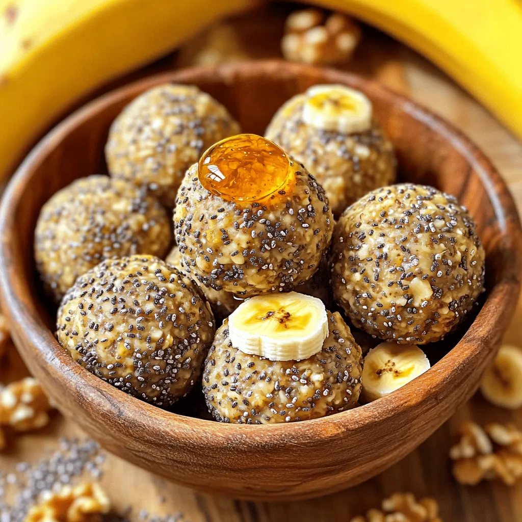 To make Chia Banana Bread Energy Bites, gather these items: - 2 ripe bananas, thoroughly mashed - 1 cup rolled oats - ¼ cup almond butter (or your preferred nut butter) - 2 tablespoons chia seeds - 1 teaspoon vanilla extract - ½ teaspoon ground cinnamon - 1 tablespoon honey or maple syrup (optional, for extra sweetness) - ¼ cup chopped walnuts (or pecans if you prefer) - A pinch of salt You can swap almond butter for sunflower seed butter for a nut-free option. For sweetness, honey can be replaced with agave syrup or left out. If you have nut allergies, use sunflower seed butter and skip the walnuts. You can mix in seeds, dried fruit, or even chocolate chips for added flavor. These energy bites are versatile and can fit many diets. To start, I grab a large mixing bowl. First, I add the two ripe bananas. I mash them well until smooth. Next, I mix in the almond butter and vanilla extract. I stir these ingredients together until they blend nicely. Now, it's time to add the dry ingredients. I sprinkle in one cup of rolled oats, two tablespoons of chia seeds, and a pinch of salt. I also add half a teaspoon of ground cinnamon for flavor. I gently fold these into the banana mixture. It should all come together well. If you like a sweeter taste, this is the moment to add honey or maple syrup. I suggest one tablespoon, but you can adjust to your liking. Finally, I fold in a quarter cup of chopped walnuts for some crunch. The mix should look thick and inviting. Next, I cover the bowl with plastic wrap. I let the mixture chill in the fridge for 20 to 30 minutes. This step is key. Chilling helps the mixture firm up, making it easier to roll into bites. Once chilled, I scoop out about one tablespoon of the mixture. I roll it into a ball, about one inch wide. I keep doing this until I’ve shaped all the mixture into bites. I place them on a baking sheet lined with parchment paper to prevent sticking. Chilling is crucial for the best texture. It helps the energy bites hold their shape. After rolling them, I put the baking sheet back in the fridge. I let them chill for at least another 30 minutes before serving. This step ensures they firm up nicely for a perfect snack. Enjoy these tasty bites as a quick treat or energy boost throughout your day! For the full recipe, check out the details above. To get the best texture for your Chia Banana Bread Energy Bites, smoothness is key. Start with very ripe bananas. They mash easily and add natural sweetness. Use a fork or a potato masher to blend them well. Aim for a creamy consistency; this makes mixing easier. To avoid sticky bites, let the mixture chill. After combining the ingredients, cover the bowl and refrigerate. This step firms up the mixture, making it easier to shape. You can also adjust the amount of oats. If your mixture feels too wet, add a little more rolled oats. To boost the flavor of your bites, consider adding spices. Ground nutmeg or a hint of ginger can bring warmth and depth. You might also try adding a splash of almond extract for a unique twist. For extra texture and crunch, think about mix-ins. Dried fruits like cranberries or apricots can add sweetness. You can also add seeds such as sunflower or pumpkin seeds. These not only enhance the flavor but also add healthy fats and protein to your bites. {{image_4}} You can change the flavor of your Chia Banana Bread Energy Bites easily. Start by swapping out the almond butter for another nut butter. Options like peanut butter, cashew butter, or sunflower seed butter work great. Each nut butter adds its own taste and texture. You can also create unique flavors by adding ingredients like cocoa powder or matcha. A tablespoon of cocoa gives a rich chocolatey taste. If you want a green twist, add a teaspoon of matcha. Both options are fun ways to make your bites stand out. Making your energy bites fit your diet is simple. To make them vegan, skip the honey and use maple syrup instead. For a gluten-free version, ensure you select certified gluten-free oats. You can also mix in fun extras. Dried fruits like cranberries or apricots add sweetness and chewiness. You can chop up dark chocolate for a sweet treat. Seeds like pumpkin or sunflower seeds can add crunch and nutrition, too. These small changes can turn a tasty snack into a delightful surprise. To keep your Chia Banana Bread Energy Bites fresh, use an airtight container. Glass or plastic containers work well. Make sure they seal tightly to keep out air. Store your bites in the fridge. They will stay fresh for about a week. For longer shelf-life, you can add a piece of parchment paper between layers. This prevents them from sticking together. If you want to save some for later, you can freeze them. First, arrange the energy bites on a baking sheet. Make sure they are not touching each other. Freeze them for about two hours until solid. Then, transfer them to a freezer-safe bag or container. Label the bag with the date. They can last up to three months in the freezer. When you want to enjoy some, take out what you need. Let them thaw at room temperature for about 30 minutes. You can also pop them in the microwave for a few seconds. Now, you have a quick and tasty snack ready to go! For the full recipe, check out the detailed instructions on preparing these delicious bites. How long do Chia Banana Bread Energy Bites last? These energy bites last about one week in the fridge. Keep them in an airtight container to stay fresh. You can also freeze them for up to three months. Just thaw before eating. Can I use quick oats instead of rolled oats? Yes, you can use quick oats. They will change the texture a bit but will still work well. The bites may turn out a bit softer, which some people prefer. Are these energy bites suitable for kids? Absolutely! Kids love these bites. They are healthy and tasty, making them a great snack. The ingredients are safe and nutritious for children. What can I substitute if I don't have chia seeds? If you don’t have chia seeds, try flaxseeds. Ground flaxseeds can work similarly in this recipe. You can also skip them if needed, but they do add a great texture. Can I make these energy bites without bananas? You can use applesauce instead of bananas. This will keep the bites moist. Another option is to use mashed sweet potato for a different flavor. In this article, we explored how to make delicious and nutritious energy bites. We covered ingredients, including options for allergies and substitutions. You learned the step-by-step preparation and chilling process for optimal texture. We shared tips on perfecting texture and enhancing flavor, along with creative variations to suit different diets. Lastly, we discussed proper storage and freezing techniques. These energy bites are easy to make and perfect for snacks. Enjoy experimenting with flavors and ingredients!