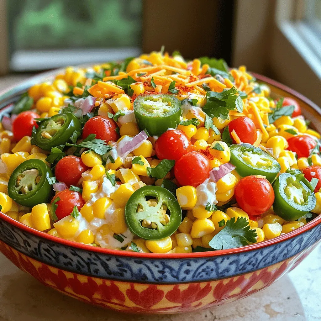 To make Jalapeño Popper Corn Salad, you need: - 4 cups fresh corn kernels (or 2 cans of corn, drained) - 2 jalapeños, diced and seeds removed for a milder taste - 1 cup cherry tomatoes, halved - 1/2 cup red onion, finely chopped - 1 cup cream cheese, softened at room temperature - 1/2 cup sour cream - 1 tablespoon fresh lime juice - 1 teaspoon garlic powder - 1 teaspoon smoked paprika - Salt and freshly ground black pepper to taste - 1 cup shredded sharp cheddar cheese - 1/4 cup fresh cilantro, finely chopped (optional for garnish) This mix of ingredients gives the salad its fresh taste and creamy texture. You can change some ingredients based on your taste or what's in your kitchen. - For a lighter version, swap cream cheese and sour cream with Greek yogurt. - If you want more spice, leave some seeds in the jalapeños or add a pinch of cayenne. - You can use frozen corn if fresh is not available. Just thaw it before use. - Try different cheeses, like pepper jack or gouda, for a unique twist. These options help you create a salad that fits your flavor profile. To keep your Jalapeño Popper Corn Salad fresh, follow these tips: - Use fresh corn when in season for the best flavor. - If using canned corn, rinse it well to reduce sodium. - Cut vegetables just before mixing to keep them crisp. - Chill the salad for at least 30 minutes to blend the flavors. These simple steps ensure that your salad stays vibrant and tasty. For the full recipe, check out the detailed instructions. Start with fresh corn for the best taste. Boil a large pot of water. Once it’s boiling, add 4 cups of corn kernels. Cook them for 5-7 minutes. They should be tender but still crisp. Drain the corn and let it cool. If you use canned corn, just drain and rinse it under cold water. In a big mixing bowl, combine the cooled corn, 2 diced jalapeños, 1 cup of halved cherry tomatoes, and 1/2 cup of finely chopped red onion. Stir gently, so everything mixes well. In another bowl, mix 1 cup of softened cream cheese and 1/2 cup of sour cream. Add 1 tablespoon of lime juice, 1 teaspoon of garlic powder, and 1 teaspoon of smoked paprika. Season with salt and pepper. Whisk until it’s creamy. Pour the creamy dressing over the corn and veggies. Fold the dressing in gently, so you don’t crush the vegetables. Then, add 1 cup of shredded sharp cheddar cheese and 1/4 cup of chopped cilantro. Mix until everything is well combined. Taste the salad and adjust the seasoning as needed. Cover the bowl with plastic wrap and chill for at least 30 minutes. This helps the flavors blend. For the full recipe, check out the details above! To boost the taste of your Jalapeno Popper Corn Salad, try adding some extras. Here are a few ideas: - Bacon bits: Crispy bacon adds a nice crunch and smokiness. - Avocado: Creamy avocado gives a fresh twist and richness. - Black beans: They bring protein and a hearty feel. - Corn chips: Crush them on top for a salty crunch. These additions can make your salad even more enjoyable. Mix and match to find your favorite flavors! Making this salad is simple, but it’s easy to make mistakes. Here are some tips to avoid common errors: - Overcooking corn: If you use fresh corn, don’t cook it too long. It should be tender yet crisp. - Too much dressing: Start with a little dressing. You can always add more if needed. - Skipping chill time: Letting the salad chill is key. This helps the flavors blend. Avoid these mistakes for a perfect dish every time! How you serve your salad can impress your guests. Here are some fun ideas: - Colorful bowl: Use a bright bowl to show off the salad's colors. - Garnish: Top with extra cheese or cilantro for a fresh look. - Lime wedges: Add lime wedges on the side for a burst of flavor. A well-presented salad makes your meal feel special. Enjoy the compliments! {{image_4}} You can easily make this salad vegetarian or vegan. Simply swap the cream cheese and sour cream with plant-based options. There are many good brands that offer vegan cream cheese and sour cream. You can also use cashew cream for a rich taste. This keeps the texture creamy while making it dairy-free. To control the heat, adjust the jalapeños. If you like it mild, remove the seeds and membrane. For more spice, keep the seeds or add more jalapeños. You can also include some diced serrano peppers for an extra kick. Taste as you go to find your perfect balance. Get creative with added ingredients! Here are a few ideas to enhance flavors: - Black beans: Add protein and texture. - Avocado: For creaminess and healthy fats. - Corn chips: For crunch and a fun topping. - Bacon bits: For a smoky flavor. - Red bell peppers: For sweetness and color. Feel free to mix and match these ingredients. You can discover new flavor profiles that suit your taste. For the full recipe, check out the detailed instructions above! To store leftover jalapeño popper corn salad, first let it cool down. Use an airtight container. This helps keep the salad fresh. You can store it in the fridge for up to three days. If you use fresh corn, try to eat it sooner. It tastes best when fresh. The salad lasts about three days in the fridge. You can freeze it, but the texture may change. If you freeze it, place it in a freezer bag. Remove as much air as possible to prevent freezer burn. You can store it in the freezer for up to three months. When ready to eat, thaw it in the fridge overnight. Reheating is simple but tricky. I suggest you enjoy it cold. If you prefer warm, heat it gently on low in a pan. Avoid using the microwave, as it can make the salad mushy. Stir it well to heat evenly. Enjoy the lovely flavors of your jalapeño popper corn salad! For the full recipe, check the section above. This recipe makes about 6 servings. It’s perfect for a small gathering or a family meal. Each serving is packed with flavor and texture, so everyone will enjoy it. Yes, you can make this salad in advance. It tastes even better after chilling for a while. Just cover it well and store it in the fridge. Let the salad chill for at least 30 minutes before serving. Jalapeno Popper Corn Salad pairs well with grilled meats like chicken or steak. It also goes great with tacos or barbecued dishes. The refreshing flavors balance out spicy or rich foods. You can even serve it as a dip with tortilla chips for a fun twist. For the full recipe, check out the complete guide! This blog post covered all you need for Jalapeno Popper Corn Salad. We looked at key ingredients, useful tips, and easy steps to create this dish. You can adjust flavors to fit your taste. Remember, freshness matters for the best results. Proper storage keeps your leftovers tasty longer. With these insights, you have everything to make a great salad. Enjoy mixing and sharing your delicious creation!