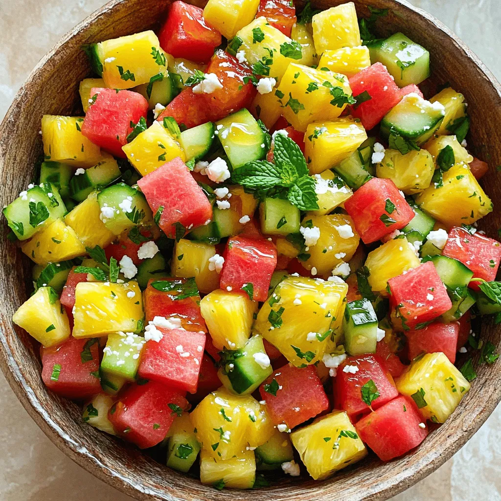 - 2 cups seedless watermelon, cut into bite-sized cubes - 2 cups fresh pineapple, peeled and cubed - 1 cup cucumber, diced into small pieces - 1/4 cup fresh mint leaves, finely chopped - 1/4 cup feta cheese, crumbled (optional) - 2 tablespoons freshly squeezed lime juice - 1 tablespoon honey, or to taste - Pinch of salt and freshly ground black pepper, to taste When I make this Watermelon Pineapple Salad, I start with fresh, juicy fruits. The watermelon gives a sweet taste and a fun crunch. The pineapple brings a bright, tropical flavor. Cucumber adds a cool, crisp texture. For added flavor, I love using fresh mint. It gives a nice herbal kick. If you want a creamy touch, sprinkle some feta cheese on top. The tang from the cheese perfectly balances the sweetness of the fruits. Next, I squeeze fresh lime juice over everything. This adds a zesty flavor and keeps the salad fresh. I sweeten it with a bit of honey. Just a spoonful makes it even more delightful. A pinch of salt and black pepper ties all the flavors together. This simple mix of ingredients creates a refreshing and colorful salad that is perfect for summer. You can find the full recipe above for more details on how to prepare this delicious dish! - Peel and cube the fresh pineapple. - Cut the seedless watermelon into bite-sized cubes. Start by peeling the pineapple. Use a sharp knife to slice off the skin. Cut the fruit into cubes. Aim for even pieces for better mixing. Next, take your watermelon. Cut it into similar-sized cubes. Make sure you discard any seeds you find. - Dice the cucumber into small pieces. - Finely chop the fresh mint leaves. Now, grab your cucumber. Cut it into small, bite-sized pieces. This adds a nice crunch. Then, take your fresh mint. Chop it finely to release its strong scent. This will give your salad a bright flavor. - Combine all fruit ingredients in a large mixing bowl. - Whisk together the lime juice, honey, salt, and pepper for dressing. In a large mixing bowl, toss in the cubed pineapple, watermelon, and cucumber. Mix gently so the juices blend well. For the dressing, whisk lime juice, honey, salt, and pepper in a small bowl. This adds a sweet and tangy kick. - Drizzle the dressing over the salad mix. - Toss gently and add mint and feta cheese just before serving. Drizzle your dressing over the fruit mix. Use a large spoon to toss everything together. Be gentle, so the fruit stays whole. Right before serving, sprinkle the mint and optional feta cheese on top. This adds a burst of flavor and makes the salad look lovely. For the full recipe, check out the details earlier in this article. Enjoy your refreshing watermelon pineapple salad! To find the best watermelon, look for these signs: - Shape: Choose a round or oval shape. - Field Spot: Check for a creamy yellow spot on the skin. - Weight: It should feel heavy for its size. For pineapple, look for: - Color: A golden-yellow color indicates ripeness. - Fragrance: A sweet smell at the base means it’s ready to eat. - Leaves: The leaves should be green and easy to pull. For seedless watermelon, pick one with: - Smooth Skin: It should have a smooth, shiny skin. - No Large Bumps: Avoid melons with large bumps or bruises. You can elevate the taste of your salad by adding: - Fresh Herbs: Try basil or cilantro for a twist. - Spices: A sprinkle of chili powder can add heat. To adjust sweetness, use honey. Here’s how: - Start with one tablespoon and mix it into your dressing. - Taste and add more if you want it sweeter. For a fun serving idea, use a watermelon bowl: - Cut a watermelon in half and scoop out the insides. - Fill the hollowed-out half with your salad for a colorful display. For garnishing, consider: - Mint Leaves: Scatter extra mint on top for color. - Lime Wedges: Place lime wedges around the salad for a pop. These simple tips can make your watermelon pineapple salad a showstopper at any summer gathering. For the full recipe, check out the delicious details above. {{image_4}} You can make this salad even more exciting. Adding mango or kiwi offers a bright, sweet flavor. These fruits blend well with watermelon and pineapple. You can also mix in other tropical fruits like papaya and passion fruit. This adds a fun twist and extra color to your dish. If you're looking to cut fat, try using low-fat feta cheese. If you prefer, you can leave out the cheese entirely. Using agave syrup instead of honey is another option. It gives the same sweetness with fewer calories. Fruits change with the seasons, so try using what's fresh. In summer, you can add berries like strawberries or blueberries. In fall, switch to apples or pears for a crunchy texture. Adjust your salad based on what you find at the market. This keeps your salad new and exciting every time you make it. For the full recipe, check out the details above! To keep your watermelon pineapple salad fresh, store it in an airtight container. Glass or plastic containers work well. Make sure to seal the lid tightly. This helps keep moisture in while preventing the salad from absorbing other smells in the fridge. In the refrigerator, your salad stays fresh for about 2-3 days. After that, it may lose its crunch and taste. Look for signs like a mushy texture or off smell. If the salad turns brown or slimy, it’s best to toss it. You can prep ingredients ahead of time for easy assembly. Cut the watermelon and pineapple a day before. Store them separately to avoid sogginess. Keep cucumbers in their own container. This way, they stay crisp. Mix all the ingredients right before serving for the best taste. For a delicious watermelon pineapple salad, refer to the Full Recipe for guidance on making this refreshing dish. Yes, you can prepare the salad ahead of time. To keep it fresh, store the fruits separately. Mix them just before serving. This helps prevent the salad from getting soggy. If you want to dress it early, use less lime juice. You can add it later for a brighter taste. This salad is very healthy! Watermelon is high in water and low in calories. It helps keep you hydrated. Pineapple adds vitamin C, which boosts your immune system. Cucumber also has a lot of water and fiber. Mint helps with digestion and adds flavor without extra calories. Feta cheese, if used, adds protein and calcium. You can add many things to this salad! Consider strawberries or blueberries for extra color and flavor. Avocado gives a creamy texture. Some people enjoy a sprinkle of chili powder for heat. For a crunch, try nuts like almonds or walnuts. You can also swap honey for agave or maple syrup based on your taste. Customize the salad to match your preferences! In summary, we covered the key ingredients for a delicious Watermelon Pineapple Salad, including tips for preparation and presentation. I shared ways to enhance flavors, explore variations, and ensure freshness during storage. This salad not only tastes great but also packs nutritional benefits. I encourage you to try different fruits and adjust the recipe to your liking. Enjoy creating your own tasty blend!