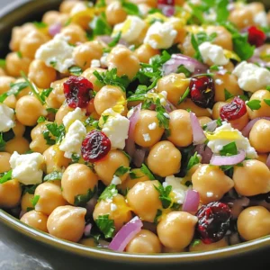 - 1 can (15 oz) chickpeas, thoroughly drained and rinsed - 1 cup feta cheese, crumbled - 1/2 cup dried cranberries - 1/4 cup red onion, finely diced - 1/4 cup fresh parsley, chopped - 1/4 cup extra virgin olive oil - 2 tablespoons lemon juice - 1 teaspoon Dijon mustard - 1/2 teaspoon garlic powder - Salt and pepper to taste The ingredients for Feta & Cranberry Chickpeas with Zesty Lemon Vinaigrette are simple yet flavorful. Each one plays a role in creating a fresh taste. Chickpeas are the base. They give protein and fiber. Feta cheese adds creaminess and tang. Dried cranberries bring a sweet bite. The red onion provides crunch and sharpness. Fresh parsley gives a pop of color and freshness. Extra virgin olive oil is vital for a smooth vinaigrette. It enhances flavor and richness. Lemon juice adds zest and brightness. Dijon mustard helps emulsify the dressing. Garlic powder gives a hint of warm flavor. Finally, salt and pepper balance all the tastes. This dish is not only tasty but also nutritious. Each serving has about 200 calories. Here’s a breakdown of the macronutrients: - Protein: 8g - Carbohydrates: 24g - Fat: 10g Chickpeas are high in protein and fiber. They help keep you full. Feta cheese gives calcium and flavor. Dried cranberries offer antioxidants. Fresh parsley is rich in vitamins. Olive oil provides healthy fats. This recipe is a balanced choice for a meal or snack. For the full recipe, check out the details above. To start, you will mix the base ingredients. In a large bowl, add the chickpeas, crumbled feta, dried cranberries, red onion, and parsley. Use your hands or a large spoon to gently toss everything together. This helps to combine all the flavors and textures. Next, let’s create the lemon vinaigrette. In a small bowl, whisk together the olive oil, lemon juice, Dijon mustard, and garlic powder. Add a pinch of salt and black pepper. Keep whisking until the vinaigrette is smooth and well-mixed. This dressing adds a zesty kick to your salad. Now, it’s time to drizzle the vinaigrette over the chickpea mixture. Pour it slowly over the salad. This allows for even distribution of the dressing. Then, gently toss everything together again. Make sure each chickpea and mix-in gets coated well with the dressing. This step is crucial for the best flavor. You can serve this salad chilled or at room temperature. Letting it rest for 10 to 15 minutes at room temperature helps the flavors blend. For an attractive finish, garnish with extra parsley on top before serving. This simple touch makes the dish pop visually and adds freshness. For the full recipe, check out the detailed instructions above. Enjoy your Feta & Cranberry Chickpeas with Zesty Lemon Vinaigrette! To enhance the taste of your feta and cranberry chickpeas, start by adjusting the salt and pepper. I recommend tasting as you go. A little salt can make the flavors pop. If it’s too salty, add a splash of lemon juice. For the dressing, a well-balanced mix is key. Use fresh lemon juice for brightness. The Dijon mustard adds a nice tang. Whisk until smooth. If it feels too thick, add a bit more olive oil or lemon juice. One common mistake is over-mixing the salad. Gently toss the ingredients to keep the feta intact. If you mix too hard, you risk breaking the cheese and losing texture. Another error is using too much or too little dressing. Start with half of what you think you need. Toss the salad, then taste it. You can always add more dressing, but you can't take it away. For sides, consider serving this salad with pita chips or crusty bread. They add a nice crunch. If you want to make it a main dish, add grilled chicken or chickpea patties. This adds protein and makes it heartier. For the full recipe, check back to the main section. Enjoy your cooking! {{image_4}} You can easily make this dish your own. Swap feta cheese for vegan cheese to suit a plant-based diet. Try different nuts, like walnuts or almonds, for added crunch. If you want more protein, consider adding grilled chicken or cubed tofu. Both options blend well and keep the meal filling. Change your salad based on the season. In summer, add fresh tomatoes and crunchy cucumbers for a bright touch. These ingredients enhance flavor and color, making your dish pop. For winter, think warm and hearty. Roasted veggies like squash or carrots can bring comfort and warmth to this salad. While the zesty lemon vinaigrette shines, you can explore other dressings too. A balsamic vinaigrette offers a sweet and tangy twist. You might also enjoy a tahini dressing for a creamy option. Each variation can change the whole vibe of the dish, so feel free to experiment. For the complete experience, check out the Full Recipe. To keep your feta and cranberry chickpeas fresh, store them in a sealed container. I recommend glass or BPA-free plastic containers. Make sure to refrigerate them right after serving. This helps prevent spoilage. Always cool the salad to room temperature before sealing it. This keeps moisture out and maintains flavor. In the fridge, this salad lasts about three to five days. Look for signs that the salad has gone bad. If it smells off or looks slimy, it's time to toss it. Also, if the feta changes color, do not eat it. Freshness matters for taste and safety. You can serve this salad cold or at room temperature. If you prefer it warm, gently heat the chickpeas in a pan on low heat. Do not overcook, as this can make the feta melt and change the texture. Enjoy it as a light lunch or a side dish for dinner. For best results, serve it cold on hot days. Yes, you can prepare this salad in advance. I recommend making it up to 24 hours ahead. Store the salad in the fridge, covered. This allows the flavors to blend well. Just remember to add any fresh herbs right before serving for the best taste. Yes, this salad is gluten-free. The main ingredients, chickpeas and feta cheese, do not contain gluten. Always check labels on packaged items to ensure they are certified gluten-free. This way, you can enjoy the salad safely. To make this salad vegan, replace feta cheese with a plant-based cheese. You can also try using tofu or avocado for creaminess. Use maple syrup instead of honey for sweetness in the vinaigrette. These swaps keep the dish tasty and plant-based. Chickpeas are packed with nutrition. They are high in protein and fiber. This helps keep you full longer. They also contain essential vitamins and minerals, like iron and magnesium. Eating chickpeas can support heart health and aid digestion. You get great flavor and health benefits in this salad. Enjoy the Full Recipe to make it yourself! This blog post covered a tasty chickpea salad, from ingredients to serving tips. We discussed how to mix flavors and create a delightful lemon vinaigrette. Also, I shared variations, storage tips, and answers to common questions. Overall, this salad is healthy and easy to make. You can customize it and prepare it ahead of time. Enjoy this dish as a side or a main course. Explore your options, and make it your own.