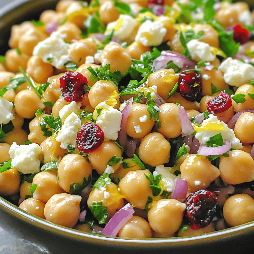 - 1 can (15 oz) chickpeas, thoroughly drained and rinsed - 1 cup feta cheese, crumbled - 1/2 cup dried cranberries - 1/4 cup red onion, finely diced - 1/4 cup fresh parsley, chopped - 1/4 cup extra virgin olive oil - 2 tablespoons lemon juice - 1 teaspoon Dijon mustard - 1/2 teaspoon garlic powder - Salt and pepper to taste The ingredients for Feta & Cranberry Chickpeas with Zesty Lemon Vinaigrette are simple yet flavorful. Each one plays a role in creating a fresh taste. Chickpeas are the base. They give protein and fiber. Feta cheese adds creaminess and tang. Dried cranberries bring a sweet bite. The red onion provides crunch and sharpness. Fresh parsley gives a pop of color and freshness. Extra virgin olive oil is vital for a smooth vinaigrette. It enhances flavor and richness. Lemon juice adds zest and brightness. Dijon mustard helps emulsify the dressing. Garlic powder gives a hint of warm flavor. Finally, salt and pepper balance all the tastes. This dish is not only tasty but also nutritious. Each serving has about 200 calories. Here’s a breakdown of the macronutrients: - Protein: 8g - Carbohydrates: 24g - Fat: 10g Chickpeas are high in protein and fiber. They help keep you full. Feta cheese gives calcium and flavor. Dried cranberries offer antioxidants. Fresh parsley is rich in vitamins. Olive oil provides healthy fats. This recipe is a balanced choice for a meal or snack. For the full recipe, check out the details above. To start, you will mix the base ingredients. In a large bowl, add the chickpeas, crumbled feta, dried cranberries, red onion, and parsley. Use your hands or a large spoon to gently toss everything together. This helps to combine all the flavors and textures. Next, let’s create the lemon vinaigrette. In a small bowl, whisk together the olive oil, lemon juice, Dijon mustard, and garlic powder. Add a pinch of salt and black pepper. Keep whisking until the vinaigrette is smooth and well-mixed. This dressing adds a zesty kick to your salad. Now, it’s time to drizzle the vinaigrette over the chickpea mixture. Pour it slowly over the salad. This allows for even distribution of the dressing. Then, gently toss everything together again. Make sure each chickpea and mix-in gets coated well with the dressing. This step is crucial for the best flavor. You can serve this salad chilled or at room temperature. Letting it rest for 10 to 15 minutes at room temperature helps the flavors blend. For an attractive finish, garnish with extra parsley on top before serving. This simple touch makes the dish pop visually and adds freshness. For the full recipe, check out the detailed instructions above. Enjoy your Feta & Cranberry Chickpeas with Zesty Lemon Vinaigrette! To enhance the taste of your feta and cranberry chickpeas, start by adjusting the salt and pepper. I recommend tasting as you go. A little salt can make the flavors pop. If it’s too salty, add a splash of lemon juice. For the dressing, a well-balanced mix is key. Use fresh lemon juice for brightness. The Dijon mustard adds a nice tang. Whisk until smooth. If it feels too thick, add a bit more olive oil or lemon juice. One common mistake is over-mixing the salad. Gently toss the ingredients to keep the feta intact. If you mix too hard, you risk breaking the cheese and losing texture. Another error is using too much or too little dressing. Start with half of what you think you need. Toss the salad, then taste it. You can always add more dressing, but you can't take it away. For sides, consider serving this salad with pita chips or crusty bread. They add a nice crunch. If you want to make it a main dish, add grilled chicken or chickpea patties. This adds protein and makes it heartier. For the full recipe, check back to the main section. Enjoy your cooking! {{image_4}} You can easily make this dish your own. Swap feta cheese for vegan cheese to suit a plant-based diet. Try different nuts, like walnuts or almonds, for added crunch. If you want more protein, consider adding grilled chicken or cubed tofu. Both options blend well and keep the meal filling. Change your salad based on the season. In summer, add fresh tomatoes and crunchy cucumbers for a bright touch. These ingredients enhance flavor and color, making your dish pop. For winter, think warm and hearty. Roasted veggies like squash or carrots can bring comfort and warmth to this salad. While the zesty lemon vinaigrette shines, you can explore other dressings too. A balsamic vinaigrette offers a sweet and tangy twist. You might also enjoy a tahini dressing for a creamy option. Each variation can change the whole vibe of the dish, so feel free to experiment. For the complete experience, check out the Full Recipe. To keep your feta and cranberry chickpeas fresh, store them in a sealed container. I recommend glass or BPA-free plastic containers. Make sure to refrigerate them right after serving. This helps prevent spoilage. Always cool the salad to room temperature before sealing it. This keeps moisture out and maintains flavor. In the fridge, this salad lasts about three to five days. Look for signs that the salad has gone bad. If it smells off or looks slimy, it's time to toss it. Also, if the feta changes color, do not eat it. Freshness matters for taste and safety. You can serve this salad cold or at room temperature. If you prefer it warm, gently heat the chickpeas in a pan on low heat. Do not overcook, as this can make the feta melt and change the texture. Enjoy it as a light lunch or a side dish for dinner. For best results, serve it cold on hot days. Yes, you can prepare this salad in advance. I recommend making it up to 24 hours ahead. Store the salad in the fridge, covered. This allows the flavors to blend well. Just remember to add any fresh herbs right before serving for the best taste. Yes, this salad is gluten-free. The main ingredients, chickpeas and feta cheese, do not contain gluten. Always check labels on packaged items to ensure they are certified gluten-free. This way, you can enjoy the salad safely. To make this salad vegan, replace feta cheese with a plant-based cheese. You can also try using tofu or avocado for creaminess. Use maple syrup instead of honey for sweetness in the vinaigrette. These swaps keep the dish tasty and plant-based. Chickpeas are packed with nutrition. They are high in protein and fiber. This helps keep you full longer. They also contain essential vitamins and minerals, like iron and magnesium. Eating chickpeas can support heart health and aid digestion. You get great flavor and health benefits in this salad. Enjoy the Full Recipe to make it yourself! This blog post covered a tasty chickpea salad, from ingredients to serving tips. We discussed how to mix flavors and create a delightful lemon vinaigrette. Also, I shared variations, storage tips, and answers to common questions. Overall, this salad is healthy and easy to make. You can customize it and prepare it ahead of time. Enjoy this dish as a side or a main course. Explore your options, and make it your own.