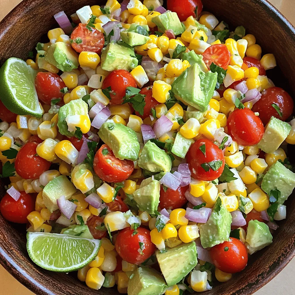 - Fresh corn kernels - Cherry tomatoes - Red onion - Bell pepper - Optional add-ins: avocado - Optional add-ins: black beans The heart of any great corn salad is fresh corn kernels. They bring sweet and juicy flavor. You can use corn on the cob or frozen corn if fresh isn’t available. I love adding cherry tomatoes for a burst of color and taste. They add a slight tang that balances the sweetness of the corn. Red onion gives a sharp bite, while bell pepper adds crunch. You can choose any color of bell pepper, but I prefer red for its sweetness. If you're feeling adventurous, toss in some diced avocado for creaminess. Black beans are also a great option. They add protein and make the salad more filling. - Lime juice - Olive oil - Ground cumin - Salt - Pepper A good dressing can elevate your corn salad. I use fresh lime juice and olive oil for a bright flavor. Lime juice adds acidity, which makes the salad lively. Olive oil brings richness without overpowering the other tastes. Ground cumin gives a warm, earthy note. Don't forget salt and pepper to enhance all the flavors! - Fresh cilantro - Lime wedges For a fresh finish, I like to add cilantro. It gives a burst of herbal flavor that complements the corn. Lime wedges serve as a pretty garnish and add a splash of zing when squeezed over the salad just before eating. For the full recipe, check out the Sunny Zesty Corn Salad section! Blanching the Corn Start by filling a large pot with water. Bring the water to a rolling boil. Add the ears of corn carefully. Let them blanch for about five minutes. This step keeps the corn tender and bright. After five minutes, get a bowl of ice water ready. Remove the corn from the pot and place it in the ice water. This stops the cooking. After a few minutes, drain the corn. Cutting Kernels Off the Cob Once the corn is cool, it is time to cut the kernels off the cob. Hold the cob upright in a bowl. Use a sharp knife to slice down the sides. The kernels should fall right into the bowl. Make sure you get all of them! Combining Key Ingredients In the bowl with the corn, add the halved cherry tomatoes. Next, add the finely diced red onion. Then, toss in the diced bell pepper. Stir gently so the corn does not break. Adding Black Beans if Desired If you want extra protein, now is the time to add black beans. Rinse them well and drain. Gently fold the beans into the vegetable mix. Be careful not to mash them. Whisking Ingredients Together In a separate small bowl, combine lime juice, olive oil, and ground cumin. Add a pinch of salt and black pepper. Use a whisk to mix until it is smooth. This dressing brings all the flavors together. Combining with the Salad Drizzle the dressing over your corn salad mix. Toss everything gently to coat all the ingredients. You want every bite to be flavorful. Adding Avocado and Cilantro Just before you serve, add the diced avocado. Also, toss in the chopped cilantro. Gently fold the ingredients together. Take care to keep the avocado pieces whole. Adjusting Seasoning Taste your salad. If it needs more flavor, adjust the seasoning. You can add more lime juice or salt. Make it just how you like it! For the full recipe, check out the Sunny Zesty Corn Salad recipe. - Cooking Time for Corn: Start by blanching fresh corn. Boil it for about 5 minutes. This keeps the corn crisp. After boiling, cool it quickly in ice water. This step locks in the sweet taste. - Handling Avocado: Choose a ripe avocado. Cut it just before serving. This keeps the avocado from browning. Gently fold the avocado into the salad. This ensures it stays intact. - Experimenting with Seasonings: Don't be afraid to try new spices. Add some chili powder for heat. You can also use smoked paprika for a deeper flavor. - Using Fresh Herbs: Fresh herbs add a burst of flavor. Try adding basil or parsley for a twist. Don't forget to use cilantro, which brightens the dish. - Serving Suggestions: Serve the salad in a big, colorful bowl. This makes it look inviting. You can also use individual cups for a fun touch. - Creative Serving Options: For a picnic vibe, put the salad in mason jars. Layer the ingredients for a beautiful display. This makes it easy to grab and enjoy. For more details, check the Full Recipe. {{image_4}} You can give your corn salad a fun twist with a Mexican street corn style. Start by adding Cotija cheese. This cheese brings a salty flavor that pairs perfectly with the sweet corn. Crumble it on top just before serving for a nice crunch. Next, use chili powder. A sprinkle adds heat and depth. Mix it into the dressing or dust it over the salad. This will give your dish a vibrant kick. Grilling corn makes it smoky and sweet. To grill corn, soak the ears in water for 30 minutes. This helps them steam and keeps them juicy. Then, grill them for about 10 minutes, turning often for even cooking. You can also add other grilled vegetables for extra flavor. Bell peppers, zucchini, or red onions are great options. Chop them into bite-sized pieces and mix them into your salad for a colorful touch. Want to make your corn salad creamier? Incorporate more avocado. Add a second ripe avocado for a rich texture. It adds healthy fats and tastes amazing. You can also play with dressing variations. Try adding Greek yogurt for creaminess. Mix it with lime juice for a tangy flavor. This twist keeps your salad fresh and exciting. For a full recipe, check out the Sunny Zesty Corn Salad. Enjoy! To keep your corn salad fresh, store it in the fridge. Use an airtight container. This helps prevent any odors from mixing. Make sure the lid fits snugly. Corn salad stays fresh for about 3 days in the fridge. After this time, the veggies can become soggy. Always check for any signs of spoilage before eating. You can freeze corn salad, but it may change texture. To do this, pack it in a freezer-safe bag. Remove as much air as possible. This helps avoid freezer burn. When you are ready to eat, thaw the salad in the fridge. This usually takes about 6–8 hours overnight. Avoid using a microwave; it can make the veggies mushy. For the best taste, enjoy your corn salad fresh. If you want to make it ahead, try to store it in the fridge instead. You can find the full recipe in the article if you want more details. Yes, you can use frozen corn. Frozen corn is easy to find. It saves time since you don't need to cook it. However, fresh corn often has a better taste and crunch. Frozen corn may lack some sweetness. If you use frozen corn, make sure to thaw and drain it before adding it to the salad. If you need a lime juice substitute, use lemon juice. It has a similar tartness and flavor. Another option is apple cider vinegar. It adds a nice tang. You can also try orange juice for a sweeter twist. Each option can change the taste slightly, so choose what you like best. Corn salad will last about 3 to 5 days in the fridge. To keep it fresh, store it in an airtight container. Make sure to keep it cool. If the salad starts to look or smell off, it’s best to throw it away. Yes, you can make corn salad ahead of time. It tastes even better after sitting for a bit. Just mix all the ingredients, except for the avocado and cilantro. Add those just before serving. This helps keep them fresh and bright. You can add several proteins to corn salad. Grilled chicken or shrimp are great choices. Tofu or chickpeas work well for a plant-based option. Adding black beans gives extra flavor and protein too. Choose the protein that fits your meal or diet. This corn salad is simple and fresh. You learned about key ingredients, like corn and vegetables, to mix together. The dressing adds zing with lime juice and spices. I shared tips to enhance flavor and best storage methods to keep it fresh. Try different variations to suit your taste. Enjoy making this dish and sharing it with others. It's a tasty addition to any meal!