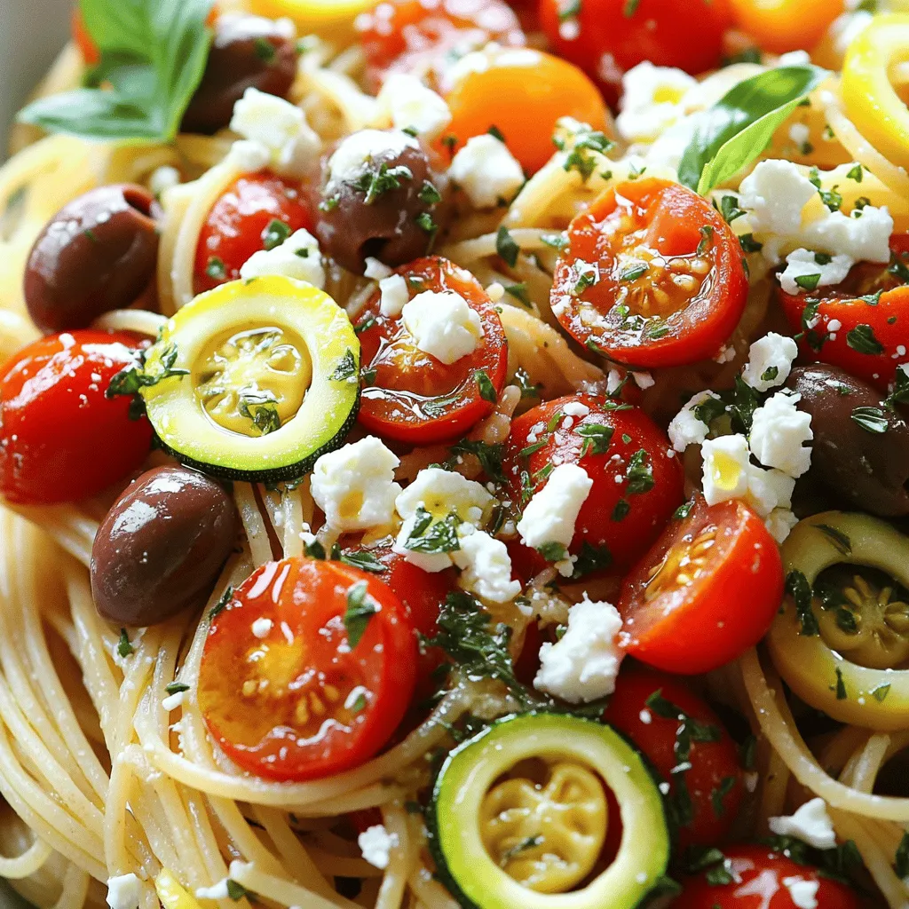 - 8 oz (225g) whole wheat spaghetti - 1 cup cherry tomatoes, halved - 1 cup Kalamata olives, pitted and sliced - 1 cup feta cheese, crumbled - 1 medium zucchini, spiralized or diced into small pieces - 1 red bell pepper, diced - 2 cloves garlic, minced - 1/4 cup extra virgin olive oil - 1 tablespoon fresh lemon juice - 1 teaspoon dried oregano - Salt and freshly cracked black pepper to taste For this Mediterranean pasta dish, I love using whole wheat spaghetti. It adds a nutty flavor and more fiber. Cherry tomatoes bring sweetness and bright color. Zucchini gives a nice crunch, while red bell pepper adds a slight sweetness. Garlic enhances the taste, making the dish more flavorful. Extra virgin olive oil and lemon juice are key for a fresh finish. Dried oregano adds depth, and Kalamata olives bring a salty touch. Finally, feta cheese adds creaminess and a tangy kick. - Fresh basil leaves - Additional feta cheese - Cracked black pepper Garnishes make the dish pop! Fresh basil leaves add a lovely aroma and freshness. Extra feta cheese can enhance the creaminess. A sprinkle of cracked black pepper gives a nice kick. These garnishes make your Mediterranean pasta even more appealing and tasty. For the complete recipe, check out the Full Recipe. Start by boiling water in a large pot. Make sure to add a good amount of salt; this helps flavor the pasta. Once the water boils, add 8 oz of whole wheat spaghetti. Cook it for about 8 to 10 minutes until it’s al dente. Al dente means the pasta is firm but not hard. Before you drain it, save 1/2 cup of the cooking water. Then, drain the spaghetti and set it aside. In a large skillet, heat 1/4 cup of extra virgin olive oil over medium heat. Once the oil is hot, add 2 cloves of minced garlic and 1 diced red bell pepper. Sauté these for 2 to 3 minutes. You want the bell pepper to soften and the garlic to smell great. Stir often to keep the garlic from burning. Next, add 1 cup of spiralized or diced zucchini and 1 cup of halved cherry tomatoes to the skillet. Cook this mix for another 4 to 5 minutes. The tomatoes should soften and release their juices, making a light sauce. After that, gently toss in the drained spaghetti along with the reserved pasta water. Use tongs to mix everything well. Now it’s time to add the flavor! Fold in 1 cup of sliced Kalamata olives, 1 cup of crumbled feta cheese, and 1 tablespoon of fresh lemon juice. Sprinkle in 1 teaspoon of dried oregano, and season with salt and freshly cracked black pepper. Mix it all together to spread the flavors evenly. For a full recipe, check out the complete guide! Salting the water properly is key. Use a good amount of salt, like the sea. This helps the pasta taste better. It also helps bring out the flavors of the dish. The water should taste a bit like the ocean. Reserving pasta water is also important. Before you drain the pasta, save about half a cup. This starchy water helps blend your sauce. If your sauce is too thick, add a splash of this water. It brings everything together nicely. Enhancing flavors with herbs and spices makes a big difference. Fresh herbs like basil and oregano add brightness. You can also use dried herbs if fresh are not available. Just remember, dried herbs are stronger, so use less. Balancing acidity with lemon juice is essential. A squeeze of lemon brightens the dish. It cuts through the richness of the cheese and oil. Try adding a bit at a time until you find the right balance. Serving suggestions for visual appeal matter. Use wide, shallow bowls to show off the colors. This allows the vibrant veggies to shine. Drizzle a bit of extra olive oil on top for shine. Garnishing ideas for added flavor include fresh basil leaves. They not only look great but add a fresh taste. You can also sprinkle extra feta cheese for richness. A dash of cracked black pepper can elevate the dish too. For the complete recipe, check out the Full Recipe. {{image_4}} You can use many pasta types for your Mediterranean dish. Whole wheat spaghetti is great, but you can also try gluten-free pasta. Gluten-free options like brown rice or chickpea pasta work well too. They hold up nicely with the veggies and sauce. To make your pasta heartier, add proteins like chicken, shrimp, or chickpeas. Grilled chicken adds a nice flavor and pairs well with the dish. Shrimp cooks quickly and adds a fresh taste. Chickpeas are a great plant-based option. They add protein and texture. You can also toss in seasonal vegetables. Think of bell peppers in summer or roasted butternut squash in fall. They bring color and taste to your meal. Mediterranean cooking shines with spices and herbs. Use dried oregano, basil, or thyme for depth. You can also switch up the cheese. Feta gives a tangy taste, but try goat cheese or mozzarella for a creamier flavor. Each cheese brings its own unique charm to the dish. For the full recipe, check out Mediterranean Sunset Pasta. To keep your Mediterranean Sunset Pasta fresh, store it right. First, let the pasta cool down. Then, place it in an airtight container. This step helps keep the pasta moist. You can refrigerate it for up to three days. If you want to save space, divide the pasta into smaller portions. This makes it easier to grab a meal later. When it's time to enjoy your leftovers, reheat carefully. The best way is to use a skillet. Add a splash of water or olive oil to the pan. Heat it on medium-low. Stir often to keep it from drying out. You can also use the microwave. Cover the dish with a damp paper towel. This helps trap steam and keeps the pasta soft. For a fun twist, try serving it cold as a pasta salad. Add extra fresh basil and a drizzle of olive oil. This way, you can enjoy Mediterranean flavors in a different way! Mediterranean Pasta lasts about 3 to 4 days in the fridge. Store it in a sealed container. Look for signs of spoilage like off smells or mold. If the pasta looks dry or clumpy, it might not taste good anymore. Always check before you eat. Yes, you can make Mediterranean Pasta ahead of time. It’s great for meal prep. Just cook it, let it cool, and store it in the fridge. You can make it up to two days in advance. To reheat, add a splash of water or oil to keep it moist. Serving Mediterranean Pasta with side dishes can enhance your meal. Here are some ideas: - A fresh Greek salad with cucumbers, olives, and feta. - Garlic bread or a crusty baguette to soak up the sauce. - Roasted vegetables for more flavor and nutrients. - A light soup, like minestrone, for a warm starter. Feel free to mix and match these sides to create a balanced meal! For the full recipe, check out the Mediterranean Sunset Pasta. Mediterranean pasta is a simple and tasty dish. We covered its key ingredients, from whole wheat spaghetti to fresh vegetables and tasty seasonings. You learned how to cook the pasta, sauté the veggies, and mix it all for the best flavor. Consider the tips to perfect the texture and enhance the taste. Explore variations to keep it fresh. Don't forget about proper storage to enjoy leftovers. With these steps, you can make a delicious meal anytime. Enjoy creating your own Mediterranean masterpiece!