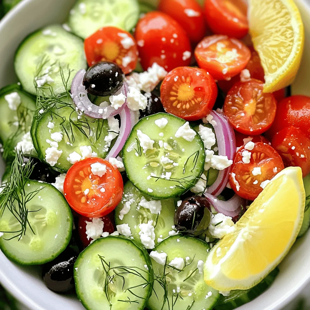 - 2 large cucumbers, sliced into 1/2-inch rounds - 1 cup cherry tomatoes, halved - 1 small red onion, thinly sliced - 1/2 cup feta cheese, crumbled - 1/4 cup black olives, pitted and sliced - 1/4 cup tahini - 2 tablespoons fresh lemon juice - 1 tablespoon honey - Salt and freshly cracked black pepper to taste - Fresh dill or parsley, chopped for garnish This cucumber snack bowl recipe is fresh and easy to make. The ingredients come together to create a vibrant mix. Each ingredient plays a crucial role in adding taste and texture. Each serving of this dish is about 150 calories. The breakdown includes: - Protein: 5g - Fat: 10g - Carbohydrates: 12g Cucumbers are low in calories but high in water content. They help keep you hydrated. Plus, they are rich in vitamins K and C. Eating cucumbers can promote healthy skin and digestion. Start by cleaning the cucumbers. Rinse them under cold water. Use a vegetable peeler if you prefer them peeled. Slice the cucumbers into 1/2-inch rounds. Place the slices in a large mixing bowl. Next, add the cherry tomatoes. Cut them in half and toss them in with the cucumbers. Then, take the red onion and slice it thinly. Add these onion slices to the bowl. You now have a colorful base for your snack bowl. For the dressing, grab a small bowl. Combine the tahini, lemon juice, and honey in it. Add a pinch of salt and pepper for flavor. Whisk everything together until smooth. If it seems too thick, add a little water. Keep adding water until you reach a creamy consistency. Now it's time to bring it all together. Drizzle the tahini dressing over the cucumber mixture. Toss gently to coat. Be careful not to break the cucumber slices. Next, fold in the feta cheese and black olives. Mix everything lightly to keep the cheese intact. Taste your snack bowl and adjust the seasoning. Add more salt or pepper if needed. Finally, transfer it to a serving dish. Garnish with chopped dill or parsley for a fresh look. Enjoy your crispy cucumber snack bowl! For more details, check out the Full Recipe. To get the best taste for your cucumber snack bowl, season it well. Start with a pinch of salt. This helps bring out the natural flavors of the cucumbers and tomatoes. You can always add more salt later if needed. Freshly cracked black pepper adds a nice kick. Just sprinkle some on top and mix well. If you want a creamier dressing, add more tahini. A little extra lemon juice brightens the flavors too. If the dressing feels too thick, add a splash of water. This keeps it smooth and easy to drizzle. This dish works great for parties! Serve it in a big bowl for sharing. You can also put small portions in cups for easy grabbing. Pair it with refreshing drinks like iced tea or lemonade. It goes well with pita chips or veggie sticks too. For a fancy touch, offer some crusty bread on the side. The bread complements the flavors and makes it more filling. Make your snack bowl eye-catching! Use a colorful dish to hold your salad. Bright colors excite the eyes and make food more appealing. You can also add fresh herbs on top for a pop of color. Chopped dill or parsley works wonders. Lemon wedges on the side add color and a zesty aroma. Serve with toothpicks or small forks for easy eating. This makes your snack bowl fun and inviting! {{image_4}} You can switch up the veggies for a fresh twist. Instead of cucumbers, try: - Bell peppers for crunch - Zucchini for a mild taste - Carrots for sweetness For the dressing, if you want a dairy-free option, replace feta cheese with: - Avocado for creaminess - Nutritional yeast for a cheesy flavor To make your cucumber snack bowl pop, add spices or herbs. Here are some ideas: - A sprinkle of smoked paprika for warmth - Fresh mint for a cooling effect - Crushed red pepper for a spicy kick You can also add toppings like: - Toasted nuts for crunch - Seeds for extra nutrition - A drizzle of balsamic glaze for sweetness Give your cucumber snack bowl an international flair. For a Mediterranean twist, consider adding: - Sun-dried tomatoes for a burst of flavor - Marinated artichokes for a tangy bite If you prefer Asian flavors, use: - A splash of sesame oil for nuttiness - Chopped scallions for a fresh, sharp taste These variations make your snack bowl fun and exciting. Enjoy experimenting with different flavors! To store leftovers of your cucumber snack bowl, place them in the fridge. Use an airtight container to keep the flavors fresh. Glass containers work well to prevent any odors from mixing. You can also use plastic containers with tight lids. If you want to save your cucumber snack bowl for later, freezing is an option, but it's not ideal. Freezing can change the texture of the cucumbers. If you choose to freeze, do so without the dressing. When you’re ready to eat, thaw in the fridge overnight. For the best taste, eat it fresh. Reheat only if necessary, and do it gently in the microwave. The cucumber snack bowl lasts for about 2 to 3 days in the fridge. Look for signs of spoilage like a slimy texture or off smells. If the cucumbers lose their crunch, it's time to toss them. Always check before you eat! To make a vegan cucumber snack bowl, skip the feta cheese. You can add avocado or use vegan cheese instead. These options add creaminess without dairy. Make sure to check the tahini; it is usually vegan-friendly. You can also add extra veggies for more texture and flavor. If you don't have tahini, you can use almond butter or sunflower seed butter. They provide a similar creamy texture. You can also mix peanut butter with a bit of lemon juice for a tasty twist. Just adjust the other flavors to keep the balance right. Yes, you can prepare the cucumber snack bowl ahead of time. Just keep the dressing separate until serving. This way, the cucumbers stay crisp. Mix everything together just before serving for the best flavor and texture. The best way to slice cucumbers is into 1/2-inch rounds. This size allows for easy snacking. Use a sharp knife to get clean cuts. You can also slice them into spears if you prefer a different shape. Yes, the cucumber snack bowl is healthy! Cucumbers are low in calories and high in water, keeping you hydrated. The tomatoes and olives add vitamins and healthy fats. Feta cheese offers protein, making this snack both filling and nutritious. To make the cucumber snack bowl gluten-free, ensure all ingredients are gluten-free. Most veggies and tahini are naturally gluten-free. Just double-check any packaged items, such as feta cheese or dressings, to avoid hidden gluten. This blog post gave you a clear guide to making a tasty cucumber snack bowl. You learned about the fresh ingredients and how to prepare them. I shared helpful tips to enhance flavor and presentation, along with storage advice. Enjoy trying this recipe at home. It’s healthy, simple, and fun to share. With a few easy changes, you can make it your own. Dive in, explore, and enjoy the fresh flavors!