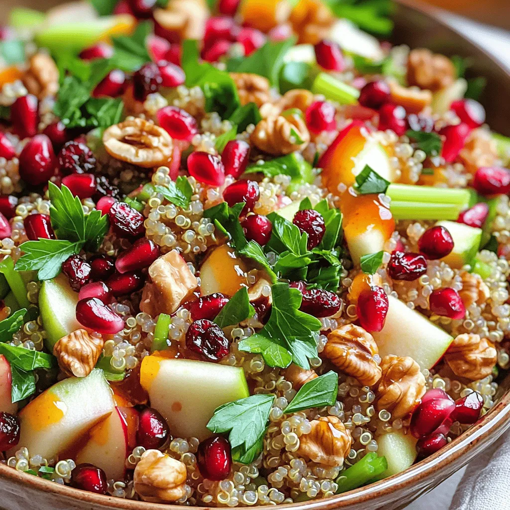 - 2 cups cooked and cooled quinoa - 1 cup pomegranate seeds - 1 cup diced Granny Smith apples - 1/2 cup chopped walnuts or pecans - 1/2 cup dried cranberries - 1/4 cup freshly chopped parsley - 1/4 cup freshly squeezed orange juice - 2 tablespoons extra-virgin olive oil - 1 tablespoon honey or maple syrup When you make Ensalada Navideña, the main ingredients shine. The quinoa acts as a hearty base. It brings a nutty flavor and a fluffy texture. Pomegranate seeds add a burst of sweetness and crunch. Diced Granny Smith apples bring a tart twist. Together, they create a delightful mix. You can personalize this salad with optional ingredients. Chopped walnuts or pecans give a nice crunch. Dried cranberries add a chewy sweetness. Fresh parsley enhances the dish with a pop of color. Now, let's talk about the dressing. Fresh orange juice gives it a bright, zesty flavor. Extra-virgin olive oil adds richness and smoothness. Honey or maple syrup sweetens the dressing. This combination elevates the salad. For the full recipe, check out the detailed instructions. This salad is not just a side dish. It's a colorful celebration on your holiday table. Each bite is a mix of flavors and textures that makes it special. Start with a big bowl. Add 2 cups cooked and cooled quinoa. This gives the salad its base. Next, mix in 1 cup pomegranate seeds and 1 cup diced Granny Smith apples. These fruits make the salad sweet and crunchy. Then, add 1/2 cup diced celery for a nice crunch and 1/2 cup chopped walnuts. If you want a twist, try pecans instead. Finally, toss in 1/2 cup dried cranberries and 1/4 cup freshly chopped parsley. Gently mix all these colorful ingredients. In a small bowl, whisk together 1/4 cup freshly squeezed orange juice and 2 tablespoons extra-virgin olive oil. Then add 1 tablespoon honey or maple syrup if you prefer a vegan option. Don't forget a pinch of salt and some freshly ground black pepper. Whisk until everything blends well. This dressing should be smooth and creamy, adding flavor to your salad. Now, drizzle the dressing over the salad mixture. Carefully toss everything together. Make sure all pieces are coated nicely. After that, taste your salad. Adjust the seasonings by adding more salt or pepper if needed. Once mixed well, cover the bowl with plastic wrap. Place it in the fridge for at least 30 minutes. This waiting time lets the flavors blend, making the salad even more tasty. Enjoy this delightful holiday side dish from the Full Recipe! To make Ensalada Navideña shine, adjust the salt and pepper to your taste. I often start with a pinch of salt and a few cracks of black pepper. After mixing, taste the salad. If it feels flat, add more salt or pepper. The right balance lifts all the flavors. Marinating the salad is key. I let it sit in the fridge for at least 30 minutes. This waiting time helps the flavors blend together. The salad gets better as it rests. Presentation matters, especially during the holidays. Serve your salad in a large, festive bowl. This makes it pop on the table. For extra flair, sprinkle more pomegranate seeds on top. Fresh parsley adds a splash of green and looks beautiful. You can also arrange the salad in layers. Start with quinoa, then add fruits and nuts on top. This creates a colorful, inviting dish. Ensalada Navideña pairs well with roasted meats. Try it alongside turkey or glazed ham. The fresh flavors of the salad balance the richness of these dishes. For side dishes, consider serving it with warm bread or a creamy potato dish. These pairings make a complete holiday meal. For the full recipe, check out the detailed instructions and enjoy making this festive delight! {{image_4}} You can easily change the nuts in Ensalada Navideña. If you have allergies or just prefer something new, try using chopped pecans or sunflower seeds. Each nut adds a unique crunch and flavor to the dish. Fruits are another area for swaps. Instead of Granny Smith apples, you might enjoy sweet pears or tart citrus fruits like oranges. You can even try dried fruits like apricots or figs for a different taste. If you want a vegan version of the dressing, simply replace honey with maple syrup. This change keeps the dressing sweet and tasty without using animal products. For gluten-free options, all the ingredients in this salad are naturally gluten-free. Just double-check any packaged products, like nuts or dried fruits, to ensure they are certified gluten-free. Ensalada Navideña has many versions across different cultures. In some areas, people add jicama for a crunchy texture or even avocado for creaminess. You can also find recipes that include regional fruits like mango or guava. Each twist reflects the local flavors and traditions, making the salad even more special. For the full recipe, check out Ensalada Navideña! To keep your Ensalada Navideña fresh, store any leftovers in the fridge. Place the salad in a sealed container. Glass or plastic containers work great for this. Make sure the lid is on tight to keep moisture out. This way, it stays crisp and tasty for a few days. If you want to save the salad for later, freezing is an option. However, the texture may change a bit after freezing. To freeze, place the salad in an airtight container. When you’re ready to eat it, take it out and thaw it in the fridge overnight. Serve it cold, and if needed, add a splash of orange juice to refresh the flavors. You can keep this salad in the fridge for about three days. If it stays longer, check for signs it’s not good. Look for wilting, off smells, or discoloration. If you see any of these, it’s best to throw it away. Enjoy your Ensalada Navideña while it’s fresh for the best taste! For the complete recipe, check the Full Recipe section. Ensalada Navideña is a festive holiday salad. It is popular in many Latin cultures. This dish symbolizes joy and togetherness during holiday celebrations. The main ingredients include: - Cooked quinoa - Pomegranate seeds - Diced Granny Smith apples - Diced celery - Chopped walnuts (or pecans) - Dried cranberries - Fresh parsley These ingredients create a bright and colorful mix. Each bite brings a burst of flavor. The crunchy nuts and sweet fruits balance well with the quinoa. Yes, you can prepare this salad ahead of time. I suggest making it at least 30 minutes before serving. This allows all the flavors to blend. For safety, store it in the fridge. Use a covered bowl to keep it fresh. When serving leftovers, check for any changes in smell or texture to ensure safety. Ensalada Navideña pairs well with many main dishes. Some great options include roasted turkey or glazed ham. For drinks, try serving it with sparkling water or a fruity punch. These beverages enhance the bright flavors of the salad. For the complete recipe, check [Full Recipe]. This post covered how to create a delicious Ensalada Navideña. We explored main ingredients like quinoa, pomegranate seeds, and apples. I shared ways to enhance flavors and tips for a beautiful presentation. You learned about variations to fit dietary needs and how to store leftovers properly. In the end, this salad is versatile and perfect for any gathering. You can enjoy it fresh or customize it to your liking. Go ahead, make this dish, and impress everyone with your cooking skills!