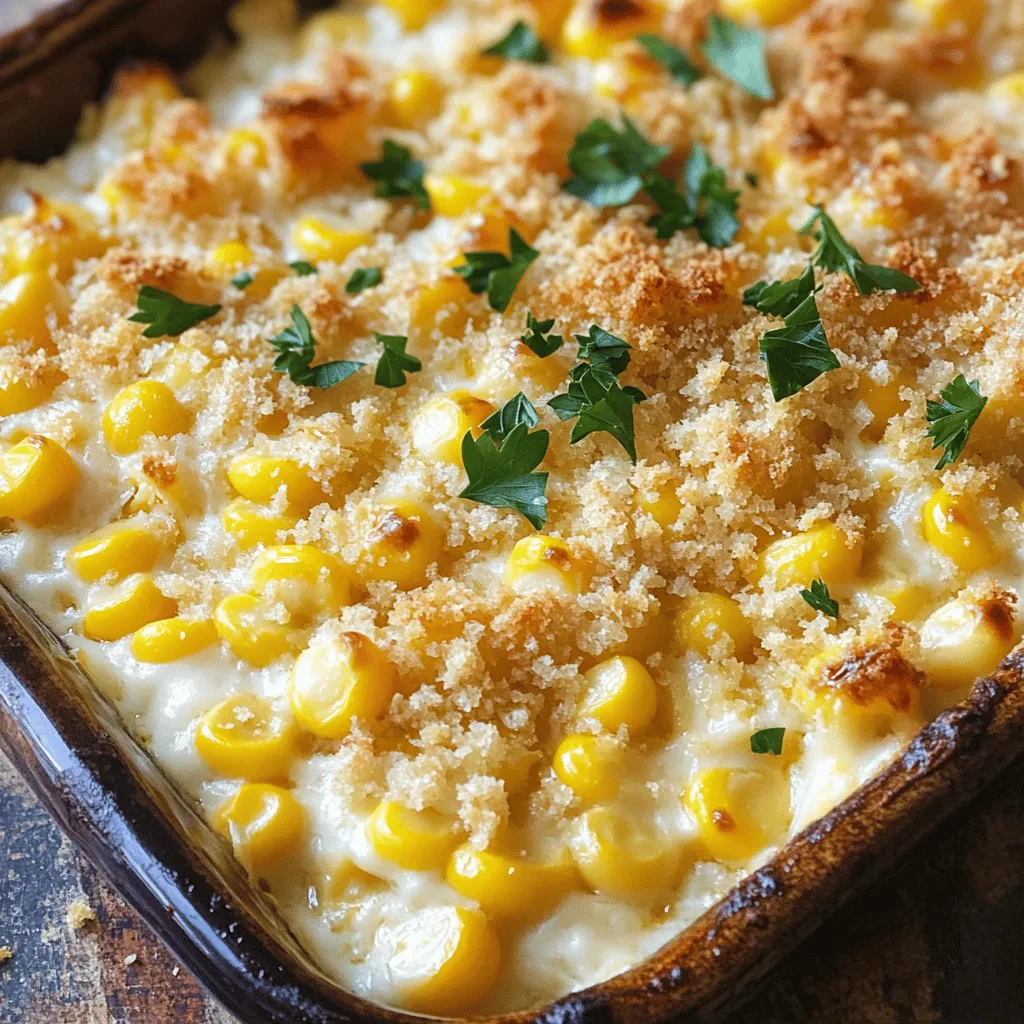 To make a tasty White Cheddar Baked Corn, you need some key ingredients. Here’s what you’ll need: - 4 cups corn kernels (fresh, frozen, or canned, drained) - 1 cup white cheddar cheese, shredded - 1/2 cup whole milk - 1/4 cup heavy cream - 2 tablespoons unsalted butter, melted - 1/4 cup grated Parmesan cheese - 2 tablespoons granulated sugar - 1 teaspoon garlic powder - 1 teaspoon onion powder - Salt and freshly ground black pepper to taste - 1/4 cup breadcrumbs (optional, for a crunchy topping) - Fresh parsley, finely chopped (for garnish) These ingredients work together to create a rich and creamy dish. The white cheddar cheese gives it a sharp flavor that pairs well with the sweet corn. You can change up the recipe to fit your taste. Here are some ideas: - Add jalapeños for a spicy kick. - Mix in cooked bacon or chicken for added protein. - Toss in other veggies, like bell peppers or zucchini. - Use different cheeses, like mozzarella or gouda, for a twist. These options allow you to customize your baked corn to your liking. If you don’t have some ingredients, don’t worry. Here are some easy swaps: - Use almond milk instead of whole milk for a dairy-free option. - Swap heavy cream for coconut cream if you want a lighter dish. - Replace white cheddar with a blend of cheddar and Monterey Jack for a milder taste. - For a gluten-free option, skip the breadcrumbs or use gluten-free ones. These substitutions help you make the dish fit your needs while keeping it delicious. For the full recipe, check the details above. Start by preheating your oven to 375°F (190°C). This step is key for even cooking. While the oven warms up, grab a 2-quart baking dish. Use 1 tablespoon of melted butter to grease the dish. This helps prevent sticking and makes serving easier later. In a large mixing bowl, add the corn kernels and shredded white cheddar cheese. Stir gently to mix them well. Next, pour in the whole milk and heavy cream. Then add the melted butter and grated Parmesan cheese. Mix until everything is blended well. Now, it’s time to add flavor! Sprinkle in the granulated sugar, garlic powder, and onion powder. Season with salt and pepper to taste. Stir until all the ingredients are well combined, ensuring every bite is packed with flavor. Carefully pour the corn mixture into the prepared baking dish. Spread it out evenly with a spatula. If you like a crunchy topping, sprinkle breadcrumbs on top. This adds a nice texture. Place the baking dish in your preheated oven. Bake for 30 to 35 minutes. You’ll know it’s ready when the top is golden brown and bubbly. Once done, remove it from the oven and let it cool for about 5 minutes. This helps the dish set, making it easier to serve. For a touch of color, garnish with finely chopped fresh parsley just before serving. Enjoy your delicious White Cheddar Baked Corn! For more details, check out the Full Recipe. When baking White Cheddar Baked Corn, avoid some common mistakes. First, don’t rush to mix. Stir gently to keep the corn intact. Over-mixing can turn your bake mushy. Next, watch your oven temperature. If it’s too hot, the top burns before the inside cooks. Always preheat your oven fully for even baking. Lastly, let it cool slightly before serving. This helps the dish set and makes it easier to serve. If you cut it too soon, it may fall apart. To boost the flavor, try adding a few extra spices. Consider a pinch of smoked paprika for warmth. A dash of cayenne pepper can add a nice kick without overwhelming the dish. Herbs also work wonders. Fresh thyme or rosemary can brighten the flavors. You can mix in some chopped green onions for a fresh touch. Experiment with your favorite seasonings, but taste as you go. This way, you can adjust and find the perfect balance. Serve White Cheddar Baked Corn warm from the oven. It pairs well with grilled chicken or fish. A fresh salad makes a great side dish too. For a fun twist, try using it as a filling. Spoon it into baked potatoes or tacos for a new experience. Don’t forget to garnish with fresh parsley. It adds color and a hint of freshness. Enjoy this dish, and share it with family and friends! {{image_4}} You can add protein to your white cheddar baked corn for extra flavor. Cooked chicken or bacon works great. To add chicken, use shredded rotisserie chicken. Mix it in with the corn and cheese. For bacon, cook until crispy. Chop it and fold it into the mixture before baking. This gives your dish a smoky taste and a hearty feel. If you like heat, spice things up! You can add jalapeños or red pepper flakes. Chop fresh jalapeños and mix them into the corn. This adds a nice kick. If you want it milder, sprinkle in red pepper flakes. Start with a small amount and taste as you go. Adjust to your heat level for a perfect balance. For a vegetarian twist, mix in other vegetables. Bell peppers, zucchini, or spinach are great choices. Dice them up and sauté them lightly before adding to the corn mix. This not only boosts flavor but also adds color and nutrition. Try a mix of your favorite veggies for a fresh and fun variation. You can find the full recipe linked above to explore all these tasty options! If you have leftovers, store them in an airtight container. Let the dish cool down first. This keeps it fresh and tasty. Place it in the fridge for up to four days. You can also cover the dish with plastic wrap if you don't have a container. When you're ready to enjoy your leftovers, preheat your oven to 350°F (175°C). Place the corn bake in an oven-safe dish. Cover it with foil to keep it moist. Heat for about 20 minutes. Check if it's hot all the way through. You can also use a microwave, but it may not get the same crispy top. Heat on medium for 2-3 minutes, stirring halfway. You can freeze White Cheddar Baked Corn for later enjoyment. To freeze, let it cool completely. Then, transfer it to a freezer-safe container. It can last for about three months. When you're ready to eat it, thaw it in the fridge overnight. Reheat it using the oven for the best results. This way, you keep that cheesy flavor and creamy texture. For the full recipe, refer to the section above. To add more cheese, simply increase the amount of white cheddar. You can add an extra half cup for a richer flavor. If you love cheese, try mixing in some mozzarella or gouda too. These cheeses melt well and add a creamy texture. Just remember, more cheese means a more indulgent dish. Yes, you can use canned corn. Just make sure to drain it well to avoid too much liquid in the dish. Canned corn works great when you want a fast option. It saves time and still tastes good. If using canned corn, keep an eye on the bake time. It may cook a bit faster than frozen corn. White Cheddar Baked Corn pairs well with many dishes. You can serve it with grilled chicken or fish for a balanced meal. A fresh side salad also complements its creamy texture. For a heartier option, consider serving it with barbecued ribs or pulled pork. Each of these choices enhances the meal and adds variety. For more ideas, check out the Full Recipe for additional suggestions. In this post, we explored how to make White Cheddar Baked Corn. We covered must-have ingredients and optional variations. The step-by-step guide helped you prep, mix, and bake this dish to perfection. I shared tips to avoid common mistakes and enhance flavors. You also learned about storage and reheating options to enjoy leftovers. White Cheddar Baked Corn is simple and versatile. Try different flavors or add protein for a twist. Enjoy this dish with your favorite sides and make it your own!