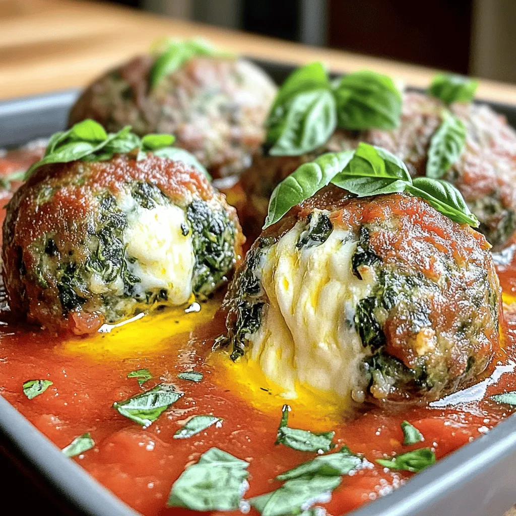 - 1 pound ground beef - 1 cup fresh spinach, finely chopped - 8 oz mozzarella cheese, cut into small cubes - 3 cloves garlic, minced - 1/2 cup breadcrumbs - 1/4 cup grated Parmesan cheese - 1/4 cup milk - 1 teaspoon Italian seasoning - Salt and freshly ground black pepper to taste - 1 large egg, beaten - 1 tablespoon olive oil These ingredients create a tasty mix. The ground beef gives the meatballs a rich flavor. Fresh spinach adds a pop of color and nutrients. Mozzarella cheese brings a creamy surprise inside each bite. Garlic and Italian seasonings make the dish fragrant and savory. Breadcrumbs and egg help bind the meatballs, ensuring they hold their shape. You can also add some garnishes, like fresh herbs, for a pretty touch. For the full recipe, check out the detailed steps to create these delicious Spinach Garlic Meatballs Stuffed with Mozzarella. To ensure even cooking, use a uniform size for your meatballs. Aim for about 2 tablespoons of meat mixture per ball. This size helps them cook at the same rate. When searing, don't crowd the pan. Leave space between meatballs, allowing heat to circulate and brown them evenly. Achieving the perfect meatball texture comes down to mixing. Don't overmix or under-mix. Combine the ingredients until just blended. This keeps the meatballs tender. The egg in the mixture helps bind everything together, giving them a nice structure. For serving suggestions, arrange your meatballs on a large platter. Drizzle them with marinara sauce for added flavor. This also adds a nice color contrast. Pair the meatballs with a side of pasta or garlic bread for a complete meal. Garnishing ideas can elevate your dish. Sprinkle freshly chopped basil or parsley on top. This adds a burst of color and freshness. You might also consider shaved Parmesan for a touch of elegance. The visual appeal of the dish makes it more inviting to your guests. If you want more details, check the Full Recipe for tips on cooking and serving! To keep your spinach garlic meatballs stuffed with mozzarella fresh, follow these simple steps: - Refrigerating: Place the cooled meatballs in an airtight container. They stay good for 3 to 4 days in the fridge. - Freezing: For longer storage, freeze the meatballs. Lay them on a baking sheet first. Once frozen solid, transfer them to a freezer bag. They can last up to 3 months. When you're ready to enjoy the leftovers, here’s how to reheat them properly: - Methods for reheating: You can use an oven, microwave, or skillet. For the oven, set it to 350°F (175°C) and bake for about 15 minutes. In the microwave, heat for 1-2 minutes until hot. In a skillet, warm them over medium heat. - Tips to retain moisture and flavor: Add a splash of broth or sauce when reheating. This helps keep the meatballs juicy and full of flavor. {{image_4}} How do I know when the meatballs are cooked? The best way to check is by using a meat thermometer. Insert it into the center of a meatball. When it reads 160°F (70°C), they are done. If you don’t have a thermometer, cut one open. The meat should be brown, and the juices should run clear. Can I prepare these meatballs in advance? Yes, you can! Make the meatballs and store them in the fridge for up to a day. You can also freeze them. Just place the uncooked meatballs on a baking sheet. Freeze them for about an hour, then transfer them to a freezer bag. They will stay fresh for up to three months. What to do if meatballs fall apart? If your meatballs fall apart, they might need more binding. Try adding a bit more breadcrumbs or an extra egg. Mixing well helps too. Make sure to shape them tightly when rolling. How to adjust flavor if too bland? Add salt or pepper gradually while mixing. You can also add more garlic or Italian seasoning for extra flavor. Taste the mixture before cooking for the best results. Can I cook these meatballs in sauce? Yes, you can! After searing, place the meatballs in marinara sauce to simmer. This will add flavor and keep them moist. Cook them for about 20 minutes on low heat. Can I use a slow cooker for this recipe? Absolutely! Sear the meatballs first for a nice crust. Then, place them in the slow cooker with sauce. Cook on low for 4-6 hours or high for about 2-3 hours. They will be tender and full of flavor! For the full recipe, check out the Spinach Garlic Meatballs Stuffed with Mozzarella. In this post, we explored how to make delicious meatballs with ground beef, fresh spinach, and mozzarella cheese. You learned the preparation steps, cooking tips, and variations to customize your meatballs. We covered how to store leftovers and reheat them for the best taste. Remember, cooking should be fun and creative, so try different flavors and ingredients. With these steps, you can impress anyone with your meatball skills and enjoy great meals. Happy cooking!