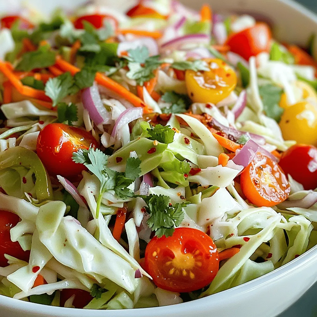 - 4 cups green cabbage, finely shredded - 1 cup red cabbage, finely shredded - 1 large carrot, grated - 1 bell pepper (your choice of color), diced - 1/2 cup cherry tomatoes, halved - 1/4 cup red onion, thinly sliced - 1/4 cup fresh cilantro, chopped - 2 tablespoons olive oil - 2 tablespoons apple cider vinegar - 1 tablespoon honey or agave syrup - 1 teaspoon Dijon mustard - Salt and pepper, to taste - A pinch of chili flakes (optional) This cabbage salad is low in calories. Each serving has about 100 calories. It’s packed with vitamins A and C, plus fiber. Cabbage is great for weight loss. It fills you up and keeps you satisfied. The fresh veggies provide a range of nutrients. They help your body function well and support your weight loss goals. Enjoying this salad can also boost your metabolism. It’s a crunchy, healthy dish that adds color to your meals. For the full recipe, be sure to check out the detailed instructions. Start by shredding the green and red cabbage. Use a sharp knife or mandoline for even shreds. Aim for thin strips to keep the salad crunchy. Place the shredded cabbage into a large mixing bowl. Next, grate one large carrot and add it to the bowl. Dice your bell pepper of choice and toss it in as well. Halve the cherry tomatoes and slice the red onion thinly. Add all these colorful veggies to the bowl with the cabbage. Finally, chop fresh cilantro and fold it in gently. In a small bowl, whisk together two tablespoons of olive oil and two tablespoons of apple cider vinegar. Add one tablespoon of honey or agave syrup for sweetness. Mix in one teaspoon of Dijon mustard. Sprinkle in salt and pepper to taste. Whisk until all ingredients blend well. The dressing should look smooth and creamy. This blend adds a zesty kick to your salad. Drizzle your prepared dressing over the colorful salad mixture. Gently toss the ingredients together. Make sure all veggies get coated with the dressing. This step is key for flavor. Allow the salad to rest for about ten minutes. This lets the flavors meld together beautifully. Serve it fresh for a crunchy, healthy dish. For the full recipe, check the details provided earlier. Enjoy your vibrant cabbage salad! To boost the taste of your cabbage salad, try adding spices and herbs. Fresh herbs like parsley or mint can bring a bright note. You might also enjoy adding a pinch of cumin for warmth or dill for a fresh twist. Letting your salad sit for 10 minutes is key. This allows the flavors to blend well. The veggies soften slightly, making each bite a delight. When serving, presentation matters. Use a large, colorful bowl to show off the salad. You can also serve it on individual plates for a nice touch. For added crunch, sprinkle some roasted sunflower seeds on top. Pair this salad with grilled chicken or fish for a full meal. It works well as a side dish too, especially with any protein. This salad is naturally vegan and gluten-free. To keep it vegan, simply use agave syrup instead of honey. For gluten-free options, all ingredients are safe. You can also add protein sources like chickpeas or tofu. This makes the salad heartier and more filling. Adjust the recipe as you like to meet your dietary needs. {{image_4}} Cabbage salad can change with different types of cabbage. Savoy cabbage has a tender and crinkly leaf. It adds a sweet flavor and a soft crunch. You can use it if you want a milder taste. Napa cabbage is another great choice. It is lighter and has a crisp texture. Napa cabbage pairs well with the other ingredients in the salad. You might find that these types make your salad feel fresh and unique. To make your cabbage salad more filling, think about adding protein. Chickpeas are a great option. They are rich in fiber and protein. Simply toss in a can of drained chickpeas. You can also add grilled chicken for a heartier dish. Just slice the chicken and mix it in. Both choices boost nutrition while keeping the salad light and tasty. Incorporating seasonal vegetables can give your salad a fresh twist. In spring, try adding snap peas or radishes for a crisp bite. In summer, add cucumbers or zucchini for a refreshing taste. Fall brings great options like roasted squash or apples. These add color and flavor while keeping the salad interesting. Explore what’s in season, and let your salad reflect that freshness. For more ideas, check out the Full Recipe to keep your meals exciting! To keep your cabbage salad fresh, store it in airtight containers. Glass containers work well, but plastic ones are fine too. Make sure you remove as much air as possible. This helps keep the salad crunchy. If you have extra dressing, store it separately. It keeps the salad from getting soggy. In the fridge, your cabbage salad lasts about 3 to 5 days. After that, it may lose its crunch. You can freeze the salad, but the texture changes. I suggest freezing only the dressing if you plan to save it. Use it within 3 months for the best flavor. If your salad wilts, add a splash of fresh dressing. This brings back some life to the leaves. Toss in some fresh herbs or a squeeze of lemon for a flavor boost. You can also add more chopped vegetables to mix things up. This way, you can enjoy a tasty salad even after a few days! Yes, cabbage salad is great for weight loss! Cabbage is low in calories and high in fiber. It keeps you full longer and helps with digestion. This salad is also packed with vitamins like C and K. These nutrients are good for your skin and bones. The fresh veggies add crunch and taste without adding many calories. You can definitely make this salad ahead of time! Just prepare the veggies and dressing separately. Store the salad in the fridge for up to two days. Keep the dressing in a jar or small bowl. Mix them together right before serving. This way, the salad stays crisp and fresh. You can add many tasty ingredients to your cabbage salad! Here are some popular options: - Sliced cucumbers for extra crunch - Avocado for creaminess - Chickpeas for plant-based protein - Feta cheese for a salty bite - Nuts or seeds for healthy fats Feel free to mix and match according to your taste! This blog post shared how to make a fresh cabbage salad. You learned about the ingredients, from fresh vegetables to a tasty dressing. I broke down the step-by-step instructions for easy preparation. We covered tips to enhance flavor and offered helpful variations. You also got valuable storage advice and answers to common questions. Try making this salad yourself. It’s simple, healthy, and perfect for any meal. Enjoy the crunch and bright flavors! You’ll feel great about eating fresh.
