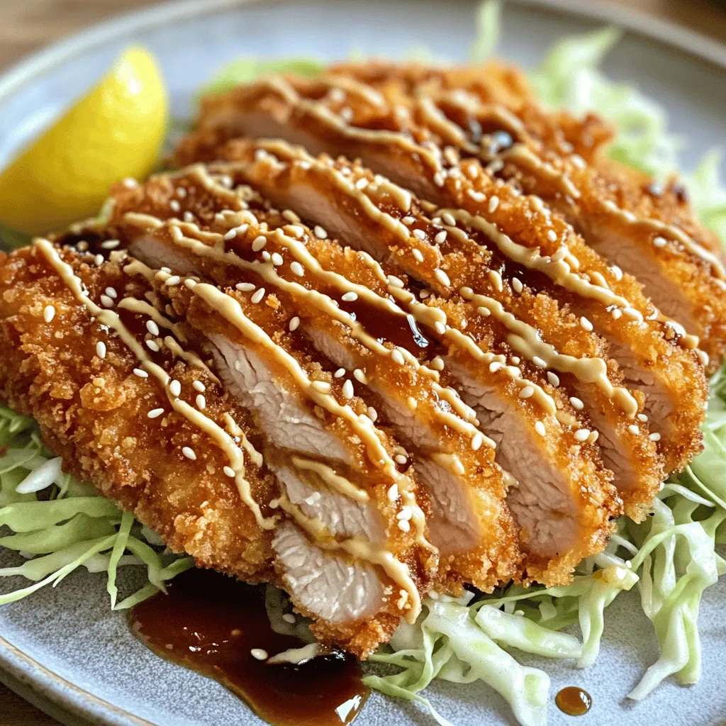 - 2 boneless, skinless chicken breasts - 1 cup all-purpose flour - 2 large eggs, beaten - 1 ½ cups panko breadcrumbs - ½ teaspoon salt - ½ teaspoon black pepper - ½ teaspoon garlic powder - ½ teaspoon onion powder - 1 teaspoon sesame oil - Vegetable oil, for frying - Tonkatsu sauce for serving (store-bought or homemade) To make crispy chicken katsu, you need fresh ingredients. The chicken breasts should be plump and tender. Panko breadcrumbs are key for that crunch. They are lighter than regular breadcrumbs. The flour will help the chicken stick to the coating. Be sure to season your flour mix well. This step adds flavor right to the meat. I like to use sesame oil in the breadcrumbs. It gives a unique taste. You can find tonkatsu sauce in stores or make your own. This sauce adds a sweet and savory touch. It pairs perfectly with the crispy chicken. For serving, I often add a side of shredded cabbage. It adds crunch and freshness to the meal. For the full recipe, check out the complete instructions. Enjoy making this simple and tasty dish! Start by pounding the chicken breasts. Place each one between two sheets of plastic wrap. Use a meat mallet or rolling pin to pound them gently. Aim for an even thickness of about ½ inch. This step helps the chicken cook evenly and stay juicy. Next, set up your breading stations. In a shallow dish, mix the all-purpose flour with salt, black pepper, garlic powder, and onion powder. In another dish, beat the eggs until smooth. In a third dish, combine the panko breadcrumbs with sesame oil. This step adds flavor to the breadcrumbs. Now, it’s time to bread the chicken. Take one chicken breast and dredge it in the flour mixture. Make sure it’s fully coated. Next, dip it into the beaten eggs, allowing any excess to drip off. Finally, press the chicken into the panko mixture, coating both sides. Repeat this for the second chicken breast. Heat oil in a large skillet until it measures about ½ inch deep. Set the heat to medium-high. To check if the oil is ready, drop a few panko breadcrumbs in. If they sizzle, your oil is hot enough. Carefully place the breaded chicken into the hot oil. Fry each breast for about 4-5 minutes on one side until golden brown. Flip and cook for another 4-5 minutes. If your skillet is small, cook in batches. Once the chicken is golden and crispy, remove it from the skillet. Place it on a plate lined with paper towels to drain excess oil. Let the chicken rest for a minute before slicing it into strips. To serve, plate the crispy chicken katsu. You can drizzle tonkatsu sauce over it or serve it on the side. For a beautiful presentation, add finely shredded cabbage and a wedge of lemon. Enjoy your delicious creation! If you want the full recipe, check out the details above. To get that perfect crunch, use panko breadcrumbs. They are light and airy, creating a great texture. Make sure the oil is hot enough before frying. If it's too cool, the chicken absorbs oil, losing its crunchiness. Heat the oil to about 350°F (175°C) for best results. You can test it by dropping in a few breadcrumbs. If they sizzle, you’re good to go! When frying, avoid overcrowding the pan. If you add too much chicken, it lowers the oil temperature. This will lead to soggy chicken instead of crispy. Fry in batches, giving each piece plenty of space. This way, the heat stays even, and your chicken gets that perfect golden-brown color. Let the chicken rest after frying. This step is key to keeping it juicy. When you cut into hot chicken right away, the juices run out. Allow it to rest for a few minutes on paper towels. This helps the flavors settle and keeps your chicken katsu tasty and moist. {{image_4}} If you want a tasty twist, try pork katsu. Use pork loin or tenderloin instead of chicken. Just follow the same steps as for chicken katsu. Pound the pork to an even thickness first. This helps it cook well and stay juicy. Then, bread and fry as you would the chicken. The result is a crispy, savory delight that many enjoy. For a vegetarian take, swap the chicken with eggplant or tofu. If using eggplant, slice it into thick rounds. Salt the slices and let them sit for 15 minutes to draw out moisture. Then, rinse and dry them. For tofu, use firm or extra-firm blocks. Slice them into even pieces. Coat and fry just like the chicken. Both options give you a satisfying crunch and delicious flavor. You can easily change the flavors of your katsu. Try adding different spices to the breadcrumb mixture. For a kick, include some cayenne pepper or smoked paprika. You can also marinate the meat before breading. Soy sauce, ginger, and garlic make a great marinade. Let the meat soak for about 30 minutes. This will add depth to your dish and make it even more enjoyable. For more ideas, check the Full Recipe for crispy chicken katsu! To store leftover chicken katsu, first let it cool down. Place the chicken in an airtight container. This keeps it fresh and tasty. Store it in the fridge for up to three days. If you want to enjoy it later, don’t forget to save the tonkatsu sauce separately. This way, it won’t make the chicken soggy. When reheating chicken katsu, the goal is to keep it crispy. Preheat your oven to 375°F (190°C). Place the chicken on a baking sheet lined with parchment paper. Bake for about 10-15 minutes. This method helps regain that crunchy texture. Avoid using a microwave, as it can make the katsu soft and chewy. To freeze cooked katsu, follow these steps: 1. Cool Completely: Allow the chicken to cool down completely before freezing. 2. Wrap Well: Wrap each piece in plastic wrap. This prevents freezer burn. 3. Use a Freezer Bag: Place the wrapped chicken in a freezer-safe bag. Squeeze out as much air as possible. 4. Label and Date: Write the date on the bag. This helps you track how long it’s been in the freezer. 5. Freeze: Store the bag in the freezer for up to three months. When you're ready to eat it, thaw in the fridge overnight. Then, reheat as discussed to keep that crispiness. Enjoy your katsu at any time! For the full recipe, check the earlier section. Chicken katsu comes from Japan. It is a dish inspired by Western cooking. The term "katsu" means cutlet. It often features breaded and fried meat. This dish became popular in Japan after World War II. Today, chicken katsu is loved for its crispy texture and savory flavor. It often pairs with tonkatsu sauce, which adds a sweet and tangy kick. You can use regular breadcrumbs, but the texture will change. Panko breadcrumbs are lighter and crispier. They soak up less oil, which keeps the chicken crunchy. Regular breadcrumbs are denser and might make the katsu heavier. If you want that perfect crunch, stick with panko. To check if chicken is done, use a meat thermometer. Insert it into the thickest part of the chicken. It should read 165°F (75°C) for safety. If you don’t have a thermometer, cut a small slit in the chicken. The juices should run clear, not pink. This way, you ensure it is fully cooked without ruining the presentation. Chicken katsu is not gluten-free because it uses all-purpose flour and panko. However, you can make it gluten-free. Use gluten-free flour and gluten-free breadcrumbs instead. Many brands offer these alternatives. This way, you can enjoy chicken katsu without gluten. Just keep the cooking methods the same for great results. For the full recipe, check out the details above. In this post, I shared a simple recipe for chicken katsu. We covered the ingredients needed, step-by-step instructions, and tips for making it perfectly crunchy. Remember to let the chicken rest for optimal flavor. You can also try variations like pork katsu or vegetarian options. Whether you store leftovers or freeze some for later, this dish is versatile. Enjoy creating delicious meals that bring joy to the table!