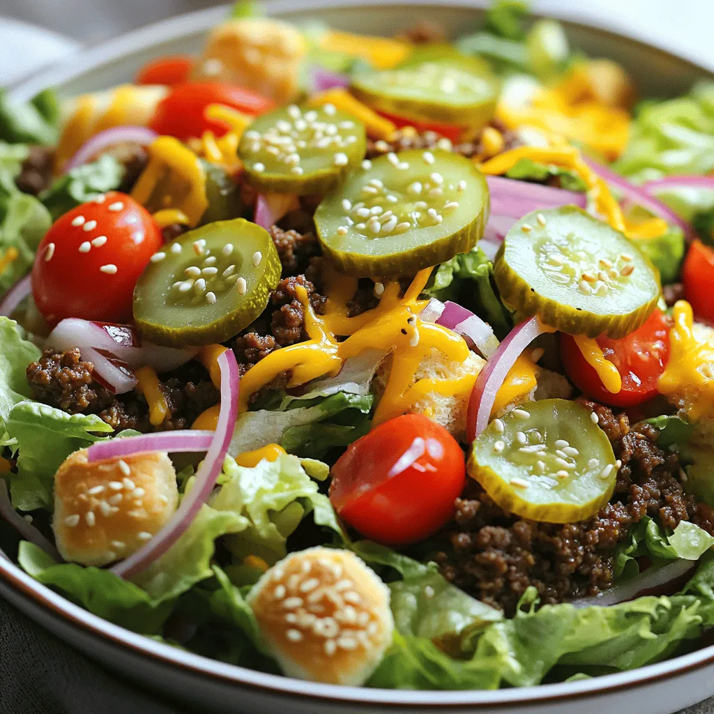 - 1 lb ground beef - 1 teaspoon garlic powder - 1 teaspoon onion powder - 1 teaspoon paprika - Salt and pepper to taste - 4 cups romaine lettuce, chopped - 1 cup cherry tomatoes, halved - 1/2 cup pickles, sliced - 1/2 cup shredded cheddar cheese - 1/4 cup red onion, thinly sliced - 1/2 cup Thousand Island dressing The main star of our Big Mac Salad Bowl is the ground beef. I use lean ground beef to keep it tasty without too much fat. Season it with garlic powder, onion powder, and paprika for that classic flavor. Next, I add fresh romaine lettuce. It gives the salad a great crunch. Cherry tomatoes add a touch of sweetness and color. I also include pickles for that tangy bite. Shredded cheddar cheese makes everything richer. Finally, thinly sliced red onion offers a bit of sharpness. The Thousand Island dressing ties it all together, giving that creamy and zesty finish. - Sesame seed buns, optional (for croutons) - Extra toppings ideas For a fun crunch, consider using sesame seed buns as croutons. Just cut them into small cubes and toast them in a skillet. This adds texture and flavor. You can also play around with extra toppings. Think about adding avocado, bacon bits, or even jalapeños for heat. Customize it to fit your taste! - Caloric Breakdown - Macronutrient Content Per Serving This Big Mac Salad Bowl is both tasty and filling. Each serving has around 400 calories, but this can vary based on your choices. You get a good mix of protein, carbs, and fats. The ground beef provides protein, while the lettuce and tomatoes give fiber and vitamins. The cheese adds calcium, and the dressing introduces some fats. This salad gives you a balanced meal without all the guilt. Perfect for meal prep! You can find the Full Recipe above for more details on how to prepare this delightful dish. Start by heating a large skillet over medium heat. Add the ground beef to the skillet. Use a wooden spoon to break up the meat as it cooks. Cook until the beef is browned, about 7 to 10 minutes. For seasoning, sprinkle in garlic powder, onion powder, paprika, salt, and pepper. These spices will give the beef a rich flavor. Mix well to ensure even seasoning. Once cooked, drain any extra grease. Set the beef aside to cool slightly. Take a large bowl and add the fresh ingredients. Start with 4 cups of chopped romaine lettuce. Next, add 1 cup of halved cherry tomatoes, ½ cup of sliced pickles, and ¼ cup of thinly sliced red onion. Then, sprinkle ½ cup of shredded cheddar cheese on top. Toss the ingredients gently. This helps mix the flavors without bruising the lettuce. A light touch ensures every bite is fresh and crisp. Once the beef cools, add it to the salad bowl. Use tongs to mix everything together. This way, each bite has a delicious blend of flavors. Now, it’s time for the dressing. Drizzle ½ cup of Thousand Island dressing over the salad. Toss lightly, ensuring every piece gets a creamy coating. For optional crunchy croutons, take sesame seed buns. Cut them into small cubes. In a dry skillet over medium heat, toast the cubes for about 3 to 5 minutes. They should turn golden brown and crisp. Sprinkle the croutons on top of the salad for an added crunch. Enjoy your Big Mac Salad Bowl! For a complete guide, check the Full Recipe. Avoiding Overcooking When you cook ground beef, keep an eye on the heat. Use medium heat to brown the meat. Cook it for about 7-10 minutes. Stir gently to break it apart. This way, you keep it juicy and tender. Draining Excess Grease After cooking, drain the grease from the beef. This step helps make your salad lighter. Use a colander or just tilt the skillet gently. Be careful not to lose any meat! Prepping Ingredients in Advance You can chop veggies a day ahead. Store them in airtight containers. Keep your ground beef cooked and cooled in the fridge. This saves time and makes meal prep easy. Storage Tips for Freshness For best results, store each ingredient separately. Keep the salad base in one container. Store the beef and dressing in others. This way, everything stays fresh and crisp until you are ready to eat. Pairing Ideas or Side Dishes This salad pairs well with a light soup, like tomato or vegetable. You can also serve it with some baked sweet potato fries. Both options add a nice balance to your meal. Presentation Enhancements Serve your salad in deep bowls. This makes it look full and inviting. Add extra pickle slices on the side for color. A sprinkle of sesame seeds on top adds crunch and flair. For the full recipe, check out the Big Mac Salad Bowl section above! Enjoy your fresh and flavorful meal prep! {{image_4}} You can make the Big Mac Salad Bowl vegetarian or vegan. - Substituting Ground Beef: Use lentils or black beans instead of ground beef. They add protein and texture. You can also try crumbled tofu or tempeh for a meat-like feel. - Dressing Alternatives: For a vegan dressing, swap Thousand Island with a cashew-based or tahini dressing. These options provide creaminess without dairy. Changing a few ingredients can make your salad even better. - Healthier Dressing Options: Instead of Thousand Island, try a yogurt-based dressing or a vinaigrette. These options add zest and reduce calories. - Choosing Different Vegetables: Add bell peppers, cucumbers, or carrots. They boost nutrition and add crunch to your bowl. Adding extra flavors makes your salad pop. - Adding Spices or Herbs: Sprinkle fresh herbs like parsley or dill for freshness. A dash of cayenne can bring some heat if you like spice. - Incorporating Different Salad Elements: Consider adding avocado for creaminess or roasted corn for sweetness. These ingredients bring new flavors and textures to the dish. Feel free to get creative with these variations! The Big Mac Salad Bowl is easy to customize. For the full recipe, check the details above. Store the Big Mac Salad Bowl in the fridge. Use airtight containers for best results. This keeps the salad fresh and crisp. Avoid letting air in, as it can make the veggies soggy. Layer the ingredients. Place beef at the bottom, then add cheese, and finally the greens on top to maintain crunch. Reheat the beef only when ready to eat. Use a microwave-safe dish. Heat the beef for about 30 seconds to 1 minute. Avoid reheating the salad with the greens, as they wilt quickly. Add the fresh greens back once the beef is warm. This keeps the salad fresh and tasty. The Big Mac Salad Bowl lasts about 3 days in the fridge. Check the beef for any off smell or change in color. If the greens look slimy or brown, it's time to toss them. Always trust your senses. When in doubt, throw it out! A Big Mac Salad Bowl is a fresh twist on the classic Big Mac. It combines all the tasty elements of the burger into a salad. You get ground beef, lettuce, cheese, and special sauce all in one bowl. This meal is fun and satisfying, just like the burger. The mix of flavors and textures makes it a great choice for lunch or dinner. Yes, you can easily customize your salad! Here are some ideas: - Change the meat: Use turkey, chicken, or even tofu for a vegetarian option. - Add more veggies: Try cucumbers, bell peppers, or shredded carrots for extra crunch. - Switch the cheese: Use feta or mozzarella for a different flavor. - Adjust the dressing: If you want a lighter option, use yogurt-based dressing or vinaigrette instead of Thousand Island. You can make this salad healthier with a few simple swaps: - Lean meat: Use lean ground beef or ground turkey to cut down on fat. - Less cheese: Reduce the amount of cheese or use a low-fat version. - More greens: Add extra lettuce or spinach to increase fiber and nutrients. - Light dressing: Choose a reduced-calorie dressing or use less dressing overall. These changes keep the taste while lowering calories and fat. Enjoy your Big Mac Salad Bowl guilt-free! The Big Mac Salad Bowl brings together fresh ingredients and bold flavors. You have learned about the main ingredients, cooking tips, and ways to customize your meal. Storing and reheating properly can keep your salad fresh. Remember, this dish is easy to adapt to your taste and dietary needs. Enjoy creating your version of this tasty recipe!