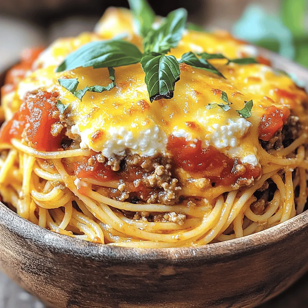 - 8 ounces uncooked spaghetti - 1 pound ground beef or ground turkey - 1 medium onion, finely chopped - 2 cloves garlic, minced - 1 can (28 ounces) crushed tomatoes - 1 can (15 ounces) tomato sauce - 1 teaspoon Italian seasoning - 1 teaspoon salt - ½ teaspoon freshly ground black pepper - 1 cup cottage cheese - 1 cup shredded mozzarella cheese - ½ cup grated Parmesan cheese - Fresh basil leaves, for garnish Gather these ingredients before you start cooking. Each one plays a key role in making your spaghetti casserole rich and tasty. The ground meat gives protein, while the cheeses add that creamy texture. Tomatoes bring a bright flavor. Don't forget the fresh basil for a pop of color and taste at the end! This dish serves about six people. Each serving has around 350 calories, with a good mix of protein, carbs, and fats. The protein comes from the meat and cheeses, while the spaghetti provides the carbs. The cheese adds healthy fats, too. You will need a slow cooker to make this dish easy and hands-off. A mixing bowl works well for combining the sauce. A skillet is necessary for cooking the meat and onions. Lastly, some basic cooking utensils will help you stir and serve. For the Full Recipe, check the complete steps to ensure a perfect dish every time! First, cook the spaghetti. Follow the package instructions. You want it to be al dente. This means it should be firm when you bite it. Usually, this takes about 8-10 minutes. Drain the pasta well and set it aside. This step is crucial for the right texture later. Next, heat a skillet over medium heat. Add your ground beef or ground turkey, chopped onion, and minced garlic. Sauté this mix for about 5-7 minutes. Stir until the meat is browned and the onions are soft. It's important to drain any excess fat. This keeps the dish lighter and healthier. In a large bowl, combine the cooked meat mixture with the crushed tomatoes and tomato sauce. Add the Italian seasoning, salt, and black pepper. Stir everything together well. You want a rich sauce that brings all the flavors together. This is where the magic begins! Now, grab your slow cooker. Start by adding half of the meat sauce at the bottom. Then, layer half of the cooked spaghetti on top. Spoon half of the cottage cheese over this. Next, add half of the shredded mozzarella cheese. This layering helps the flavors mix as it cooks. Once layered, cover the slow cooker. Set it to low heat and cook for about 4-5 hours. You want the cheeses to be bubbly and golden brown. You’ll know it’s done when your kitchen smells amazing! After cooking, turn off the slow cooker. Let the casserole rest for about 10 minutes. This helps the flavors settle. For garnish, add fresh basil leaves on top. They not only look good but add a fresh taste. Enjoy your savory slow cooker spaghetti casserole! If you want the full recipe, check it out [here](Full Recipe). To achieve the perfect cheese consistency, I suggest using a mix of cottage cheese and mozzarella. This blend gives creamy richness without being too heavy. When adding the cheese, layer it gently. This helps prevent clumps and ensures even melting. Overcooking spaghetti is a common mistake. To avoid this, cook your pasta al dente. It should be firm when you bite into it. Remember, the pasta will continue to cook in the slow cooker. So, undercook it slightly for the best results. Adding fresh herbs can elevate your dish. Consider using basil or oregano for a classic Italian taste. You can also add crushed red pepper flakes for a bit of heat. This small change can make a big difference in flavor. For variety, think about adding veggies like bell peppers or mushrooms. They add texture and nutrition. You could even swap the meat for lentils or chickpeas for a vegetarian option. Set your slow cooker to low heat for the best results. This allows the flavors to meld nicely. Cooking on low for 4 to 5 hours works well. You can also check your casserole after 3 hours to see if it's ready. Common pitfalls include lifting the lid too often. Each time you do, you lose heat. Try to resist the urge to peek! Another tip is to ensure your slow cooker is not overcrowded. This can lead to uneven cooking and longer times. For the full recipe, check above. {{image_4}} You can easily make this dish meat-free. Try using lentils or chickpeas as meat substitutes. They add protein and texture. You can also include more vegetables like spinach, bell peppers, or zucchini. These veggies not only boost nutrition but also add color and flavor. Cheese lovers can switch things up! Instead of mozzarella, try gouda or fontina for a unique taste. If you want a strong flavor, use aged cheddar or blue cheese. For those avoiding dairy, there are great options. Look for plant-based cheeses made from nuts or soy. These can melt well and deliver a creamy texture. Feeling adventurous with pasta? You can use penne or fusilli instead of spaghetti. These shapes hold sauce nicely and add fun to your dish. If you need gluten-free options, choose rice or corn pasta. They cook well in the slow cooker and taste great. Check the package for cooking times to ensure perfect results. For the full recipe, you can check out the provided details. To store leftovers, let the casserole cool down first. Place it in a container with a tight lid. Use glass or plastic containers for best results. This keeps food fresh longer. You can also wrap it in plastic wrap or aluminum foil if needed. Leftovers last about 3-4 days in the fridge. To freeze this casserole, follow these steps: 1. Let the casserole cool completely. 2. Cut it into portions for easy use later. 3. Wrap each portion tightly in plastic wrap. 4. Place wrapped portions in a freezer bag or container. 5. Label the bag with the date. When you want to eat it, take out a portion. Thaw it in the fridge overnight. Then, reheat it in the oven at 350°F for about 20-30 minutes. You can also use a microwave for a faster option. In the fridge, the casserole lasts about 3-4 days. In the freezer, it stays good for about 2-3 months. Check for spoilage by looking for off smells or visible mold. If you see any signs, throw it away. Always trust your senses when it comes to food safety. Yes, you can! To prepare the casserole overnight, follow these tips: - Cook the spaghetti and meat mixture as directed. - Layer the casserole in your slow cooker. - Cover and store in the fridge overnight. - In the morning, cook it on low for 4-5 hours. You can pair this casserole with: - A fresh green salad. - Garlic bread for a crunchy side. - Steamed vegetables for added nutrients. Look for these signs: - Cheese on top is bubbly and golden. - A fork inserted in the center comes out clean. - The dish smells wonderful and inviting. Yes, you can cook it on high heat! Here’s what to do: - Cook for 2-3 hours instead of 4-5. - Check for doneness often to avoid overcooking. Yes, you can use whole wheat pasta. Keep these points in mind: - Whole wheat pasta may cook faster. - Check for a softer texture as it cooks. To reheat leftovers without losing taste: - Use the microwave in short bursts. - Alternatively, reheat in the oven at 350°F (175°C) for 15-20 minutes. - Cover with foil to keep moisture in. You can find the Full Recipe above to create this delicious meal! This spaghetti casserole is simple, tasty, and versatile. We covered ingredients, cooking steps, and storage tips. You learned to make it your own with variations and enhancements. Remember to rest the casserole for better texture and flavor. Preparing ahead makes serving easy. Enjoy sharing this dish and your cooking journey. A great meal awaits!