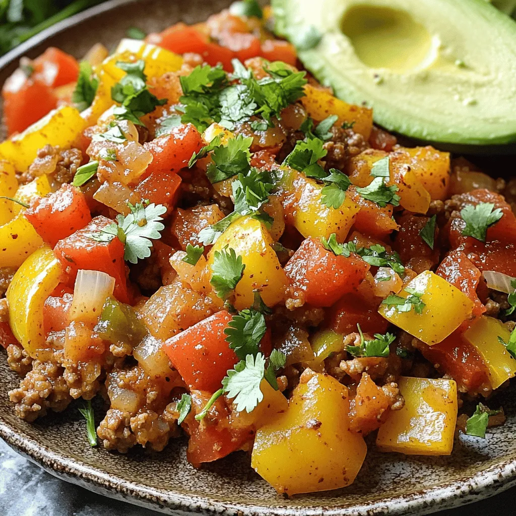 - 1 pound ground turkey - 2 bell peppers (one red and one yellow), diced - 1 medium onion, finely chopped - 2 cloves garlic, minced - 1 teaspoon smoked paprika - 1 teaspoon ground cumin - ½ teaspoon chili powder - Salt and black pepper to taste - 2 tablespoons olive oil - Fresh cilantro, chopped (for garnish) - Optional: Slices of fresh avocado (for serving) Gather these ingredients to make a tasty dish. Ground turkey adds lean protein. The bell peppers bring color and crunch. Onions and garlic add depth of flavor. Using spices like smoked paprika and cumin gives the dish a warm taste. Olive oil helps cook the veggies and turkey. Garnish with cilantro for a fresh finish. You can also add avocado for creaminess. This meal is easy to make and full of flavor. For the full recipe, check the section above. How to sauté the onion and garlic Start by heating 2 tablespoons of olive oil in a large skillet over medium heat. When the oil is hot, add 1 medium onion, finely chopped. Stir it often for about 3-4 minutes. You want the onion to be fragrant and clear. Next, add 2 cloves of minced garlic. Cook for 1 more minute. Keep stirring to prevent the garlic from burning. Cooking the ground turkey Now, add 1 pound of ground turkey to the skillet. Use a spatula to break it into small pieces. Cook the turkey for 6-8 minutes. You need it to be brown and fully cooked. Adding spices and mixing well Once the turkey is done, sprinkle in these spices: 1 teaspoon smoked paprika, 1 teaspoon ground cumin, and ½ teaspoon chili powder. Add a pinch of salt and black pepper to taste. Mix everything well to coat the turkey with the spices. Incorporating bell peppers and tomatoes Now it’s time to add veggies! Fold in 2 diced bell peppers (one red and one yellow) and 1 can of drained diced tomatoes. Cook for another 5-7 minutes. This helps the bell peppers soften and lets the flavors combine. Timing and adjusting seasonings Taste the mixture. If you want more flavor, you can add a little more salt or spices. Adjust according to your taste. How to plate and garnish for serving Remove the skillet from heat and let it sit for a minute. For a lovely finish, garnish with fresh chopped cilantro. Serve warm. You can add slices of fresh avocado on the side or on top for extra flavor. Enjoy your meal! For the full recipe, check out the details above. - To brown ground turkey well, use a hot skillet. - Don't overcrowd the pan; this helps it brown nicely. - Stir it often to cook evenly and avoid burning. - Use a non-stick skillet to prevent sticking. - If you experience sticking, add a bit more oil. - Try adding Italian herbs for a fresh twist. - A dash of cayenne pepper can add heat. - Serve with rice or quinoa for a complete meal. - Fresh lime juice adds brightness to the dish. - Top with shredded cheese or sour cream for creaminess. - Ground chicken or lean beef works well in place of turkey. - Use low-sodium diced tomatoes to cut down on salt. - Swap olive oil for avocado oil for a different flavor. - Cauliflower rice can replace regular rice for a low-carb option. - Fresh herbs can replace some of the salt for flavor. {{image_4}} You can easily adapt this dish to fit your needs. If you need gluten-free options, use gluten-free spices and sauces. Always check labels to ensure they do not contain gluten. For dairy-free variations, skip any cheese toppings. This dish is flavorful enough on its own! Choosing different types of peppers can change the taste. Green bell peppers add a sharper flavor. If you like heat, try jalapeños or poblano peppers. You can also swap out ground turkey for other proteins. Chicken or beef works well in this recipe. If you want a vegetarian option, use lentils or chickpeas instead of turkey. For low-carb options, serve the mixture in lettuce wraps. This keeps it light and fresh. You can also use the leftovers in many ways. Try adding it to a salad for a quick lunch. Mix it with cooked quinoa for a healthy grain bowl. The possibilities are endless! To store your ground turkey and peppers leftovers properly, place them in an airtight container. This keeps the food fresh and prevents spills. Make sure to let the dish cool down to room temperature before sealing it. This helps avoid condensation, which can cause sogginess. The recommended storage duration for this dish is up to three days in the fridge. If you want to eat it later, freezing is your best bet. For freezing the dish, allow it to cool completely first. Transfer the cooled turkey and peppers into freezer-safe bags or containers. Squeeze out as much air as possible to prevent freezer burn. Label the bags with the date, so you know when you made it. When it's time to enjoy your frozen meal, thaw it in the fridge overnight. To reheat, warm it in a skillet over medium heat until it's hot. You can also use a microwave, but stir it every minute to heat evenly. Enjoy your meal just like the first time! How can I make ground turkey and peppers more flavorful? You can boost flavor by adding herbs and spices. Try using more smoked paprika or a pinch of cayenne. Fresh herbs like cilantro or parsley can also add a burst of freshness. You might even consider a splash of lime juice for a zesty kick. Can I use frozen vegetables instead of fresh? Yes, you can use frozen vegetables. They are quick and easy to add. Just make sure to thaw them first. Frozen peppers can work well in this dish, saving you prep time. How long does it take to cook ground turkey? Ground turkey typically cooks in about 6-8 minutes. Cook it until it is no longer pink in the center. Use a spatula to break it apart for even cooking. What can I substitute for bell peppers? If you don’t have bell peppers, consider using zucchini or mushrooms. Both add great texture and flavor. You can also try using chopped spinach or kale for a different twist. Is ground turkey a healthy protein choice? Ground turkey is a great source of lean protein. It has less fat than beef, making it a healthier option. Plus, it is rich in vitamins and minerals, which help support your health. What are the calorie counts per serving? This dish has about 250 calories per serving. This can vary based on added ingredients or sides. It’s a filling and nutritious meal that fits well into most diets. This blog post covered a tasty ground turkey dish with bell peppers and spices. We explored key ingredients, preparation steps, and helpful cooking tips. I shared variations for diet needs and creative serving ideas. Remember, cooking is about fun and flavor. Experiment with spices or adapt the dish to your taste. Enjoy your cooking adventure and make this dish your own!