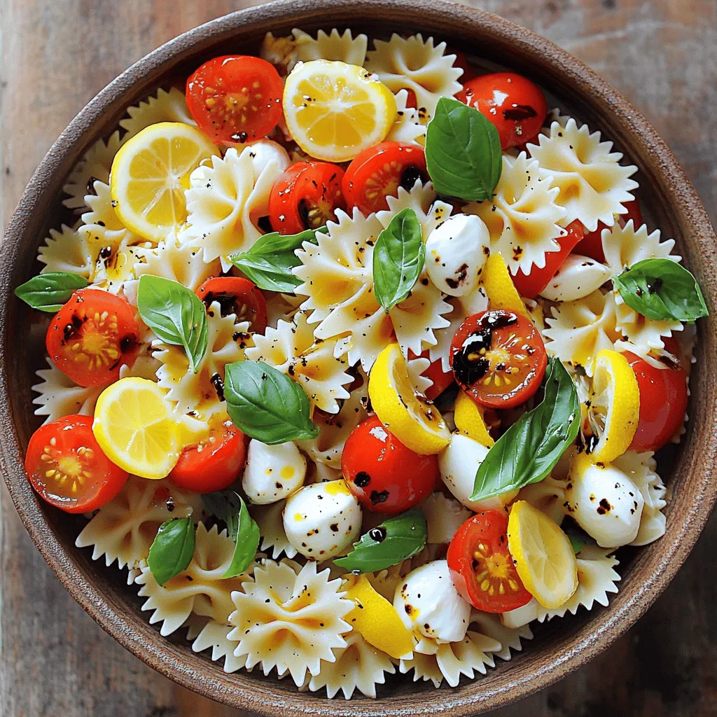 - Pasta and Fresh Produce - 8 oz (225 g) farfalle (bowtie) pasta - 1 cup cherry tomatoes, halved - 1 cup fresh mozzarella balls (bocconcini) - 1 cup fresh basil leaves, gently torn - Condiments and Seasoning - 3 tablespoons extra-virgin olive oil - 2 tablespoons balsamic glaze - Salt and freshly ground black pepper to taste - 1/2 teaspoon garlic powder - Zest of 1 lemon The key to a great Caprese pasta salad lies in fresh ingredients. I love using farfalle pasta for its fun shape. It holds the dressing well and looks beautiful. Cherry tomatoes bring a burst of color and sweetness. Fresh mozzarella gives that creamy texture, while basil adds a bright flavor. For the dressing, I combine olive oil and balsamic glaze. This mix gives a rich taste that complements the salad. Garlic powder and lemon zest add layers of flavor without being overpowering. Adjust the salt and pepper to suit your taste. Using fresh ingredients makes all the difference. I always encourage home cooks to choose the best quality produce. The vibrant colors and flavors will elevate your dish. You can find the full recipe for this delightful salad in the next section. To start, grab a large pot. Fill it with water and add salt. Bring this water to a rolling boil. Once it boils, toss in the farfalle pasta. Cook the pasta as the package says, usually 10-12 minutes. You want it al dente, which means firm but not hard. After cooking, drain the pasta and rinse it with cold water. This stops the cooking process. Set the pasta aside to cool completely. Next, take a large mixing bowl. Add the cooled farfalle pasta. Then, add the halved cherry tomatoes, fresh mozzarella balls, and torn basil leaves. Use a spatula or tongs to mix gently. Be careful not to crush the mozzarella. You want each piece to stay whole for the best taste and look. Now, let’s make the dressing. In a small bowl, add extra-virgin olive oil, balsamic glaze, garlic powder, and lemon zest. Season with a pinch of salt and black pepper. Whisk these ingredients together until they blend smoothly. This dressing will add a lot of flavor to your salad. Pour the dressing over the pasta mixture. Gently toss all the ingredients together. Make sure everything gets coated in the dressing. Taste the salad to see if it needs more salt or pepper. Adjust the seasoning to your liking. Cover the bowl with plastic wrap or a lid. Place it in the fridge for at least 30 minutes. This chilling time lets the flavors mix well. Before serving, give the salad a light toss. You can serve it chilled or at room temperature. For a nice touch, add a few fresh basil leaves on top. Enjoy this delightful Caprese Pasta Salad! For the full recipe, refer to the detailed list provided earlier. To get great pasta, always cook it in salted water. This adds flavor. I use farfalle for its fun shape. Cook it until it is al dente, which means firm to the bite. Drain the pasta and rinse it under cold water. This stops it from cooking more. Cooling the pasta helps keep it fresh in the salad. To boost flavor, use fresh ingredients. I love using ripe cherry tomatoes and creamy mozzarella. Adding a splash of lemon zest brightens the dish. You can also mix in a pinch of garlic powder for depth. Don’t forget to taste and adjust your seasonings. A little extra salt or pepper can make a big difference. For a stunning look, serve your salad in a large, shallow bowl. This lets the colors shine. Drizzle some balsamic glaze over the top just before serving. You can also add a few whole basil leaves for a pop of green. This makes the dish inviting and ready for any table. For the complete details on this recipe, check out the Full Recipe. {{image_4}} You can easily add protein to your Caprese pasta salad. Grilled chicken or shrimp work well. They bring a tasty twist and make this dish heartier. You can also use chickpeas or beans for a vegetarian option. Just toss them in with the pasta and veggies. This adds flavor and makes your meal more filling. If you need a gluten-free meal, swap the farfalle pasta for gluten-free pasta. There are many great options made from rice, quinoa, or chickpeas. Just cook it according to the package instructions. You will still enjoy the lovely flavors of the Caprese salad without the gluten. Want to change the dressing? You can try a lemon vinaigrette. Just mix lemon juice, olive oil, and a bit of honey. This gives a bright taste. You could also use a pesto sauce for a rich, herb-filled flavor. Experimenting with different dressings can make this dish feel new every time. For the full recipe, check out the Vibrant Caprese Pasta Salad . To store your Caprese pasta salad, place it in an airtight container. This helps keep the salad fresh. It is best if eaten within three days. The pasta can absorb the dressing over time, which may change the texture. Keep the salad refrigerated until serving. If you want to enjoy it later, store the dressing separately. Combine the salad and dressing just before serving. This keeps everything crisp and tasty. Caprese pasta salad is best served cold. If you prefer it warm, gently heat it in the microwave. Heat in short intervals, about 15 seconds at a time. Stir well to avoid hot spots. A Caprese Pasta Salad is a fresh dish that mixes pasta, tomatoes, mozzarella, and basil. It takes the classic Caprese salad and adds pasta for a filling meal. The bright colors and flavors make it fun to eat. You get creamy cheese, juicy tomatoes, and fragrant basil in every bite. Yes, you can make this salad ahead of time. It tastes great after sitting for a bit. Make it a few hours before you plan to serve it. This gives the flavors time to blend. Just keep it in the fridge until you are ready. To store leftovers, place the salad in an airtight container. Keep it in the fridge for up to three days. If the salad seems dry, you can add a little extra olive oil or balsamic glaze when serving. This keeps it fresh and tasty. You can use other cheeses if you want to mix it up. Try feta cheese for a salty kick or goat cheese for a creamy texture. You can even use parmesan for a different flavor. Each cheese gives the salad a unique taste. This blog post covered how to make a Caprese Pasta Salad. We explored the best ingredients like fresh produce, sauces, and seasonings. Then, I shared step-by-step instructions for cooking, combining, and dressing the salad. I also included tips for perfect pasta and creative variations to try. Finally, we talked about storage tips to keep your salad fresh. Choose your favorite ingredients and enjoy this dish any time!
