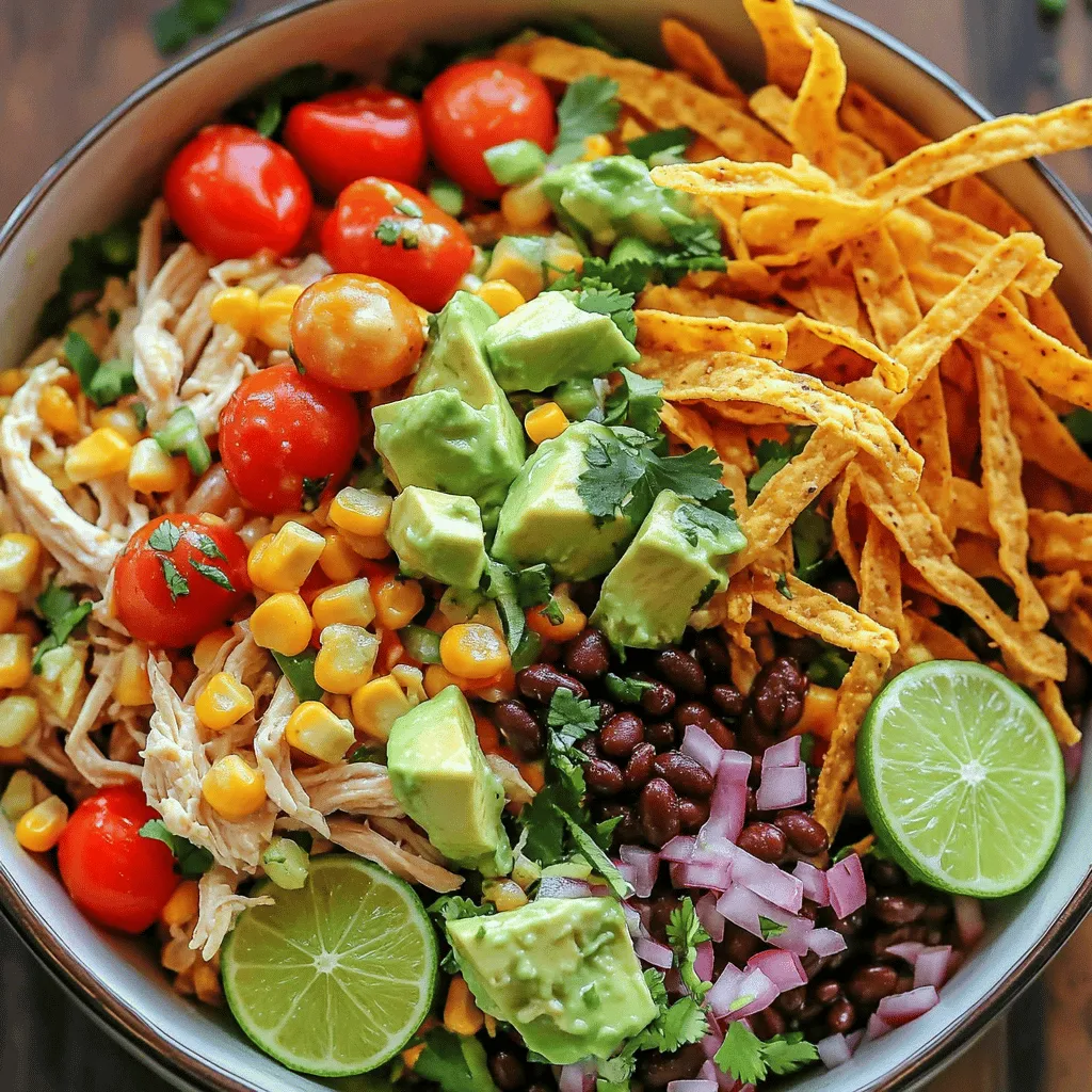 - 2 cups cooked chicken breast, shredded - 1 cup corn (canned or fresh, drained if canned) - 1 cup black beans, rinsed and drained thoroughly - 1 red bell pepper, diced into bite-sized pieces - 1 ripe avocado, diced - 1/2 cup cherry tomatoes, halved - 1/4 cup red onion, finely chopped - 1/2 cup fresh cilantro, chopped roughly - Juice of 1 lime - 3 tablespoons extra virgin olive oil - 1 teaspoon ground cumin - 1 teaspoon chili powder - Salt and freshly ground black pepper, to taste - Tortilla strips or crushed tortilla chips When I make this Zesty Southwest Chicken Salad, I love how fresh and vibrant the ingredients are. Each bite bursts with flavor. The shredded chicken provides a filling base. The corn and black beans add a sweet and earthy crunch. The red bell pepper brings a nice crunch and sweetness. Dicing a ripe avocado adds creaminess that balances the flavors. Cherry tomatoes bring a juicy pop. The red onion adds a sharp bite, while cilantro gives a bright finish. For the dressing, I squeeze fresh lime juice. It brings a tangy punch that ties it all together. I mix in olive oil for richness, cumin and chili powder for warmth, and a touch of salt and pepper. This dressing makes everything sing! When serving, I love adding crunchy tortilla strips on top. They add an extra texture that makes the salad fun to eat. You can find the full recipe to make this delightful dish. Enjoy! - Combine the chicken, corn, black beans, red bell pepper, avocado, cherry tomatoes, red onion, and cilantro in a mixing bowl. - Toss ingredients gently to ensure even mixing. First, I take my large mixing bowl and add the shredded chicken. Then, I add the corn and black beans. Next, I chop the red bell pepper and toss that in too. The creamy avocado comes next, followed by halved cherry tomatoes. I finely chop the red onion and add that for a bit of bite. Finally, I throw in roughly chopped cilantro for that fresh flavor. Toss everything gently so that each ingredient gets mixed well. - Whisk together lime juice, olive oil, cumin, chili powder, salt, and pepper. For the dressing, I use a small bowl. I squeeze the juice of one lime into the bowl. Then, I add three tablespoons of olive oil. This adds richness. Next, I sprinkle in ground cumin and chili powder for warmth. Finally, I season with salt and pepper. I whisk the mixture until it all blends smoothly. This dressing will bring zest to the salad. - Drizzle the dressing over the salad and toss until all ingredients are coated. - Let the salad rest for about 10 minutes to allow flavors to meld. - Serve with tortilla strips or chips for garnish. Once the dressing is ready, I drizzle it over the salad. I use a spatula to toss everything until it is coated in the dressing. This helps each bite burst with flavor! Next, I let the salad rest for about 10 minutes. This pause allows the flavors to come together. When it’s time to serve, I add crunchy tortilla strips or chips. This adds a fun texture and makes the salad even more enjoyable. For the full recipe, check the details listed above. To make your Zesty Southwest Chicken Salad even better, you can tweak the lime juice and spices. Start with the juice of one lime, but if you love zest, add more! Adjust the salt and pepper to suit your taste. Want a stronger kick? Add a pinch of cayenne or smoked paprika. These spices can change the whole dish! The way you serve the salad matters. Layer the ingredients in a bowl to create a beautiful look. Start with a base of chicken, then add corn, beans, and colorful peppers on top. Finish with avocado and tomatoes for pops of color. For a nice touch, add lime wedges and sprinkle fresh cilantro on top. It makes the dish look fresh and inviting! You can serve this salad in individual bowls for each guest. Or, put it on a big platter for everyone to share. This makes it fun and interactive! Pair it with crusty bread or tortilla chips on the side. The crunch of chips adds a nice texture and makes it a complete meal. Enjoy your creation! {{image_4}} You can switch the chicken for other proteins. Grilled shrimp adds a nice, smoky flavor. If you want a vegetarian option, tofu works great too. Just season it well before adding to the salad. Want more flavor? Add sliced jalapeños for a spicy kick. If you prefer a fresh crunch, diced cucumber is a perfect choice. Both options enhance the salad's appeal. Try changing the dressing for new tastes. A yogurt-based dressing can add creaminess without extra fat. You can also use a creamy avocado dressing for a rich, smooth texture. Both options make the salad even more exciting. For the complete recipe, check the [Full Recipe]. Store leftovers in an airtight container in the fridge for up to 3 days. This keeps the salad fresh and safe to eat. When you are ready to enjoy it again, just take it out and give it a quick stir. If freezing, consider keeping dressing separate to maintain texture. Freezing the salad with the dressing can make it soggy. Instead, freeze the chicken and veggies together. Just add the dressing later when you thaw it. Mix well before serving leftovers; a splash of lime juice can refresh flavors. This simple tip brings back the zesty taste and makes the salad feel fresh again. Enjoy the vibrant flavors every time! Yes, you can prep ingredients a day prior. Just keep the avocado and dressing separate. Add them just before serving for the best flavor and texture. Kidney beans or pinto beans can be good substitutes. Both will add protein and flavor. Feel free to use what you have on hand. Yes, this salad is gluten-free. Just check that your dressing ingredients are also gluten-free. Enjoy this healthy option without worry! This Zesty Southwest Chicken Salad is easy to make and packed with flavor. You learned how to combine fresh ingredients and a simple dressing for a tasty meal. You can switch up the protein or add favorite spices to make it your own. Plus, the salad keeps well in the fridge and tastes even better after some rest. Whether it's a quick lunch or a side dish, this salad fits any occasion perfectly. Enjoy making it your new go-to recipe.