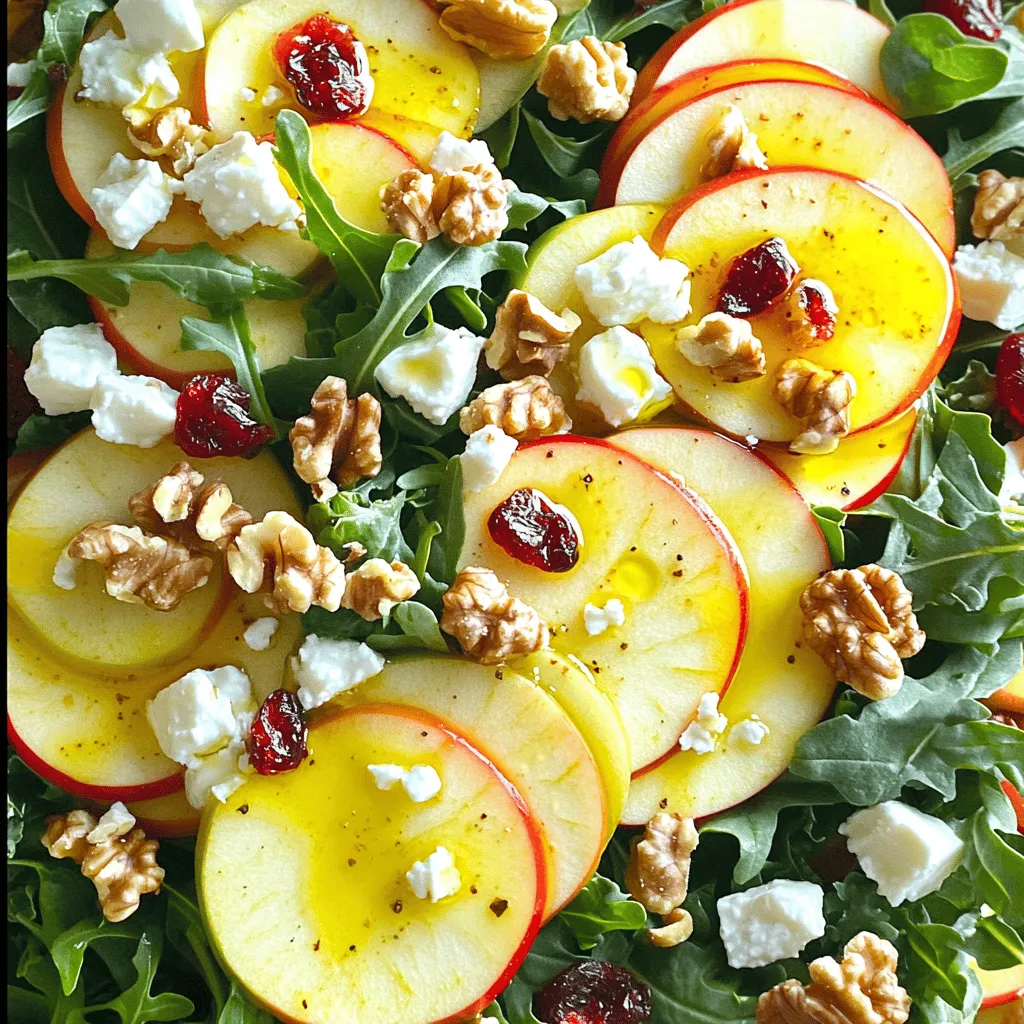 To make the Honeycrisp Apple and Feta Salad, gather these simple ingredients: - 2 Honeycrisp apples, cored and thinly sliced - 4 cups mixed greens (a delightful blend of arugula, spinach, and kale) - 1 cup feta cheese, crumbled - 1/2 cup walnuts, roughly chopped for crunch - 1/4 cup dried cranberries for a pop of sweetness - 1/4 cup extra-virgin olive oil - 2 tablespoons apple cider vinegar for tanginess - 1 tablespoon honey to enhance sweetness - Salt and freshly cracked pepper to taste I recommend using fresh, crisp Honeycrisp apples. They add a nice sweet and tart flavor. Look for apples that feel firm and smell fruity. The mixed greens should be vibrant and crisp too. Choose greens that are free from wilting or brown spots. The feta cheese should be creamy and crumbly. A good quality feta will enhance the salad's taste. The walnuts need to be fresh, too. Stale nuts can ruin the crunch. For the dried cranberries, select those without added sugar for a healthier option. The olive oil should be extra-virgin for the best flavor. When buying apple cider vinegar, opt for organic if you can. These choices make a big difference in your dish. This salad is not just tasty; it's also good for you! - Honeycrisp apples are full of fiber and vitamin C. They help with digestion and boost your immune system. - Mixed greens provide vitamins A, K, and antioxidants. They support heart health and help you feel full. - Feta cheese contains protein and calcium. It adds a creamy texture while keeping the salad light. - Walnuts are rich in healthy fats and omega-3s, which are great for brain health. - Dried cranberries add antioxidants, which protect your cells and promote good health. - Olive oil is a healthy fat that supports heart health and helps absorb nutrients. This salad is a perfect balance of flavors and nutrition. You can enjoy it and feel great about what you're eating! For the full recipe, check out the details above. Start with a large salad bowl. I like to use a clear glass bowl. It shows off the colors. First, add 4 cups of mixed greens. This should include arugula, spinach, and kale. Spread the greens evenly. This is the base of your salad. It gives you a fresh and crunchy feel. Next, grab 2 Honeycrisp apples. Core them and slice them thinly. Lay the apple slices over the greens. Their bright color makes the salad pop. Now, take 1 cup of crumbled feta cheese. Sprinkle it over the apples. The feta adds a creamy flavor that pairs perfectly with the apples. For extra crunch, add 1/2 cup of roughly chopped walnuts. They give a nice texture to the salad. After that, toss in 1/4 cup of dried cranberries. They add a sweet burst in every bite. This layering makes for a beautiful presentation. In a small bowl, whisk together 1/4 cup of extra-virgin olive oil, 2 tablespoons of apple cider vinegar, and 1 tablespoon of honey. This mix creates a tangy and sweet dressing. Add salt and freshly cracked pepper to taste. Whisk until the dressing is smooth and well combined. Just before serving, drizzle the dressing over the salad. This keeps the greens fresh and crisp. Gently toss the salad to mix the ingredients. Make sure not to bruise the greens. Serve right away to enjoy the flavors. For more details, check the Full Recipe. To make your Honeycrisp apple and feta salad even better, think about balance. The crunch of the apples pairs well with the creaminess of feta. Add a dash of lemon juice to brighten the flavors. A pinch of cinnamon can bring warmth, too. For a spicy kick, consider adding freshly cracked black pepper. How you present your salad can make it more appealing. Use clear bowls to show off the colors. Layer the salad in a way that makes each ingredient visible. Place apple slices on top to highlight their freshness. Garnish with extra walnuts and cranberries for a nice touch. A drizzle of olive oil right before serving adds shine and flavor. You can easily change this salad to fit your taste. Swap Honeycrisp apples for tart green apples if you like more zing. Add grilled chicken or chickpeas for protein. Try different nuts like pecans or almonds for unique flavor. Seasonal fruits, like pears or berries, can also add a refreshing twist. For a different cheese, use goat cheese or blue cheese for extra richness. For the full recipe, check out the earlier section. {{image_4}} You can add protein to this salad for a heartier meal. Grilled chicken or shrimp works well. Simply slice the cooked meat and place it on top of the salad. If you want a vegetarian option, try adding chickpeas or black beans. These add great taste and texture. Tofu is another option. Just pan-fry it for a crispy bite. You can change this salad with the seasons. In fall, add roasted sweet potatoes or butternut squash. They bring warmth and a bit of sweetness. In winter, consider using pomegranate seeds for a burst of color and flavor. Spring brings fresh herbs like mint or basil. They add a bright taste to each bite. Summer is perfect for adding fruits like peaches or strawberries. Their sweetness pairs well with the feta. If you don’t have some ingredients on hand, don’t worry. You can swap honeycrisp apples for another crisp apple, like Gala or Fuji. They will still taste great. For the greens, any mix of leafy greens works. Spinach or romaine is a great choice. If you can't find feta, goat cheese or blue cheese makes for a tasty alternative. Instead of walnuts, try pecans or sliced almonds for crunch. Keep these ideas in mind as you make this salad your own. Check out the Full Recipe for more inspiration! When you have leftover Honeycrisp apple and feta salad, store it in an airtight container. This keeps the salad fresh and prevents it from wilting. If you have extra dressing, store it separately. This way, you can add it later without making the greens soggy. To maintain the crispness of the salad, avoid mixing all the ingredients at once if you plan to store it. Keep the apples, greens, and feta separate until you are ready to serve. For the best flavor, eat the leftovers within two days. This ensures you enjoy the freshness of the apples and greens. Leftover salad can be very versatile. You can serve it on a wrap or a sandwich for lunch. Just spread some hummus or a light spread on a tortilla and layer the salad inside. Alternatively, toss it with some cooked grains like quinoa or farro for a hearty meal. You can even add some grilled chicken or chickpeas for extra protein. If you want a refreshing snack, enjoy it with some crackers. For more details, check the Full Recipe. The best apples for salad are crisp and sweet. Honeycrisp apples stand out due to their juicy, crunchy texture. You can also use Fuji or Gala apples. They add sweetness and a nice bite to your dish. Try mixing different apples for more flavor. Yes, you can prepare parts of this salad ahead of time. Wash and chop the greens and store them in a sealed bag. Slice the Honeycrisp apples right before serving to keep them fresh. You can also mix the dressing and keep it in the fridge. Just toss everything together when ready to eat. To make this salad vegan, replace feta cheese with a plant-based cheese or omit it entirely. Add more nuts or seeds for protein. You can also use a vinaigrette made from olive oil and vinegar. This way, you keep the salad tasty while making it vegan. For the full recipe, check out the complete details above. This blog post covered all key aspects of crafting a delicious salad. We explored the best ingredients and their freshness. You learned how to layer flavors and make a tasty dressing. I shared tips for enhancing texture and presentation. We even discussed protein options and seasonal variations to keep it exciting. Remember to store your leftovers well for maximum freshness. By following these steps, you can create a healthy dish that satisfies your taste buds. Enjoy your salad adventure!