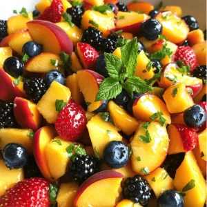 - 2 ripe peaches, diced - 1 cup fresh strawberries, hulled and halved - 1 cup blueberries - 1 cup blackberries - Honey or maple syrup (for a vegan option) - Freshly squeezed lemon juice - Fresh mint, finely chopped - Fine sea salt To create a peach berry fruit salad, you need fresh and ripe fruits. Ripe peaches bring sweetness and a juicy texture. Strawberries add a lovely red color and a slight tartness. Blueberries offer a burst of flavor, and blackberries add a rich taste. Honey or maple syrup sweetens the salad, perfect for balancing the fruit's natural tartness. Fresh lemon juice brightens the flavors and keeps the fruit looking fresh. Mint adds a refreshing touch, while a pinch of fine sea salt enhances all the flavors. Health benefits of peaches Peaches are low in calories but high in vitamins A and C. They help keep your skin healthy and boost your immune system. Peaches also have fiber, which aids in digestion. Advantages of berries Berries are nutrition powerhouses. They are rich in antioxidants, which fight free radicals in the body. Blueberries, strawberries, and blackberries can improve heart health and lower blood pressure. They also provide vitamins and minerals, making them great for your overall health. Using these fruits in your salad gives you a delicious treat and a healthy boost! For the full recipe, check the details provided. 1. Combine peaches and berries Start by taking your ripe peaches. Dice them into bite-sized pieces. Place these in a large mixing bowl. Next, add 1 cup of fresh strawberries, hulled and sliced in half. Then, toss in 1 cup of juicy blueberries and 1 cup of plump blackberries. Gently stir the fruits together. Be careful not to crush the delicate berries while mixing. 2. Prepare the dressing In a separate small bowl, whisk together 1 tablespoon of honey or maple syrup for a vegan option. Add 1 tablespoon of freshly squeezed lemon juice, 1 tablespoon of finely chopped mint, and a pinch of fine sea salt. Mix until all the ingredients blend well. This dressing will bring out the best flavors in your fruit salad. - Best ways to serve the salad Spoon the fruit salad into individual bowls for easy serving. You can also elegantly arrange it on a large serving platter for a stunning display. This salad is perfect for parties or a refreshing snack. - Presentation tips To make the salad more appealing, garnish with extra sprigs of fresh mint. This adds a splash of color and a lovely aroma. You can also sprinkle a few extra berries on top for a vibrant look. For the full recipe, remember to check the detailed steps and ingredient list. This will help you create the perfect Peach Berry Fruit Salad every time. Choosing ripe peaches When picking peaches, look for ones that feel slightly soft. A sweet scent means they are ripe and ready to eat. Avoid peaches with dark spots or wrinkles. These signs show they may not be fresh. Opt for peaches with a golden hue for the best taste. Picking fresh berries For berries, choose ones that are firm and vibrant. Check for any signs of mold or squished fruit in the container. Fresh strawberries should be bright red, and blueberries should have a nice bloom. Blackberries should be plump and dark. Rinse them gently before using to keep them fresh. Adding spices or ingredients To boost flavor, try adding a sprinkle of cinnamon or a dash of vanilla extract. A bit of grated ginger can add a refreshing kick. You can also mix in nuts like almonds or walnuts for some crunch. These small tweaks can elevate your peach berry fruit salad. Using alternative sweeteners If you want a different sweet taste, consider using agave nectar or coconut sugar. These options add a unique flavor and can suit various diets. Make sure to adjust the amount so it complements the fruit without overpowering it. {{image_4}} You can change up your peach berry fruit salad with seasonal fruits. In spring, add ripe cherries or sweet apricots. They pair well with peaches. Summer brings melons like cantaloupe and watermelon. These fruits add color and a refreshing taste. In the fall, think about crisp apples and juicy pears. They give a nice crunch. Winter is great for citrus. Try adding orange or grapefruit segments for a zesty twist. For a tropical fruit salad, swap in fruits like mango, pineapple, or kiwi. These fruits bring sunshine to your bowl. You can mix them with peach and berries for a bright, fresh flavor. The sweet and tangy notes will delight your taste buds. You can make your fruit salad even better with different dressings. A citrus-based dressing works wonders. Mix orange juice and lime juice with a bit of honey. This adds a bright, fresh taste that lifts all the flavors. Yogurt-based options are also a great idea. Use plain or Greek yogurt and mix it with honey. This creates a creamy dressing that coats the fruit nicely. You can add a dash of vanilla for extra flavor. Both dressings will make your salad shine, giving you a healthy and tasty treat. For the full recipe, be sure to check the instructions above! To keep your peach berry fruit salad at its best, store it in an airtight container. This helps to keep moisture out and prevents the salad from getting mushy. If you have leftover salad, make sure to eat it within three days. The salad stays fresh for about three days in the fridge, but the fruit may start to lose its crispness after that. You can prepare the salad ahead of time, but I recommend waiting to add the dressing. If you mix the dressing in too early, the fruit might get soggy. Instead, store the fruit and dressing separately. When you're ready to serve, just combine them. This keeps the salad fresh and crunchy. For extra freshness, consider adding a squeeze of lemon juice just before serving to brighten the flavors. Can I use canned peaches? Yes, you can use canned peaches. Make sure to drain and rinse them well. This keeps the salad fresh and tasty. Canned peaches may be softer, so handle them gently. What can I substitute if I don’t have mint? If you don’t have mint, try using basil or cilantro. Both herbs add a fresh flavor. You can also skip the herbs and still enjoy the salad. How do I make this salad vegan-friendly? To make it vegan, simply swap honey for maple syrup. This keeps the sweetness without using any animal products. Enjoy the same yummy taste! How should I store leftovers? Store leftovers in an airtight container. Keep it in the fridge for up to two days. The fruits will stay fresh, but eat it soon for the best taste. Can this salad be frozen? I do not recommend freezing this salad. The fruits lose their texture and taste when thawed. It’s best enjoyed fresh! This blog post covers a refreshing fruit salad made with peaches and berries. We explored the best ingredients, their health benefits, and how to prepare the salad. I shared tips for choosing ripe fruit and enhancing flavors for a delightful dish. We also discussed salad variations and storage methods to keep it fresh. The right mix of fruits can brighten any plate and offer great taste and nutrition. Enjoy making this easy and delicious salad any time!