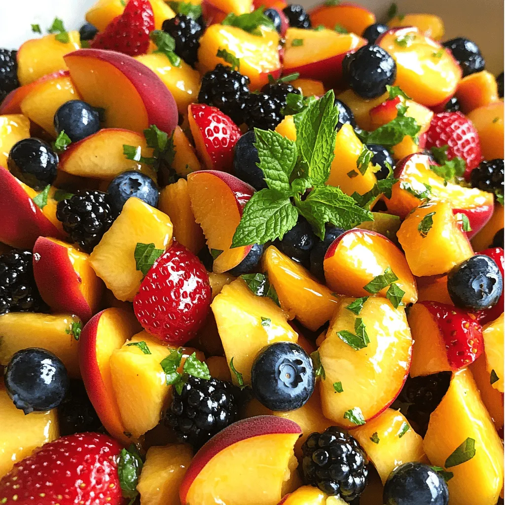 - 2 ripe peaches, diced - 1 cup fresh strawberries, hulled and halved - 1 cup blueberries - 1 cup blackberries - Honey or maple syrup (for a vegan option) - Freshly squeezed lemon juice - Fresh mint, finely chopped - Fine sea salt To create a peach berry fruit salad, you need fresh and ripe fruits. Ripe peaches bring sweetness and a juicy texture. Strawberries add a lovely red color and a slight tartness. Blueberries offer a burst of flavor, and blackberries add a rich taste. Honey or maple syrup sweetens the salad, perfect for balancing the fruit's natural tartness. Fresh lemon juice brightens the flavors and keeps the fruit looking fresh. Mint adds a refreshing touch, while a pinch of fine sea salt enhances all the flavors. Health benefits of peaches Peaches are low in calories but high in vitamins A and C. They help keep your skin healthy and boost your immune system. Peaches also have fiber, which aids in digestion. Advantages of berries Berries are nutrition powerhouses. They are rich in antioxidants, which fight free radicals in the body. Blueberries, strawberries, and blackberries can improve heart health and lower blood pressure. They also provide vitamins and minerals, making them great for your overall health. Using these fruits in your salad gives you a delicious treat and a healthy boost! For the full recipe, check the details provided. 1. Combine peaches and berries Start by taking your ripe peaches. Dice them into bite-sized pieces. Place these in a large mixing bowl. Next, add 1 cup of fresh strawberries, hulled and sliced in half. Then, toss in 1 cup of juicy blueberries and 1 cup of plump blackberries. Gently stir the fruits together. Be careful not to crush the delicate berries while mixing. 2. Prepare the dressing In a separate small bowl, whisk together 1 tablespoon of honey or maple syrup for a vegan option. Add 1 tablespoon of freshly squeezed lemon juice, 1 tablespoon of finely chopped mint, and a pinch of fine sea salt. Mix until all the ingredients blend well. This dressing will bring out the best flavors in your fruit salad. - Best ways to serve the salad Spoon the fruit salad into individual bowls for easy serving. You can also elegantly arrange it on a large serving platter for a stunning display. This salad is perfect for parties or a refreshing snack. - Presentation tips To make the salad more appealing, garnish with extra sprigs of fresh mint. This adds a splash of color and a lovely aroma. You can also sprinkle a few extra berries on top for a vibrant look. For the full recipe, remember to check the detailed steps and ingredient list. This will help you create the perfect Peach Berry Fruit Salad every time. Choosing ripe peaches When picking peaches, look for ones that feel slightly soft. A sweet scent means they are ripe and ready to eat. Avoid peaches with dark spots or wrinkles. These signs show they may not be fresh. Opt for peaches with a golden hue for the best taste. Picking fresh berries For berries, choose ones that are firm and vibrant. Check for any signs of mold or squished fruit in the container. Fresh strawberries should be bright red, and blueberries should have a nice bloom. Blackberries should be plump and dark. Rinse them gently before using to keep them fresh. Adding spices or ingredients To boost flavor, try adding a sprinkle of cinnamon or a dash of vanilla extract. A bit of grated ginger can add a refreshing kick. You can also mix in nuts like almonds or walnuts for some crunch. These small tweaks can elevate your peach berry fruit salad. Using alternative sweeteners If you want a different sweet taste, consider using agave nectar or coconut sugar. These options add a unique flavor and can suit various diets. Make sure to adjust the amount so it complements the fruit without overpowering it. {{image_4}} You can change up your peach berry fruit salad with seasonal fruits. In spring, add ripe cherries or sweet apricots. They pair well with peaches. Summer brings melons like cantaloupe and watermelon. These fruits add color and a refreshing taste. In the fall, think about crisp apples and juicy pears. They give a nice crunch. Winter is great for citrus. Try adding orange or grapefruit segments for a zesty twist. For a tropical fruit salad, swap in fruits like mango, pineapple, or kiwi. These fruits bring sunshine to your bowl. You can mix them with peach and berries for a bright, fresh flavor. The sweet and tangy notes will delight your taste buds. You can make your fruit salad even better with different dressings. A citrus-based dressing works wonders. Mix orange juice and lime juice with a bit of honey. This adds a bright, fresh taste that lifts all the flavors. Yogurt-based options are also a great idea. Use plain or Greek yogurt and mix it with honey. This creates a creamy dressing that coats the fruit nicely. You can add a dash of vanilla for extra flavor. Both dressings will make your salad shine, giving you a healthy and tasty treat. For the full recipe, be sure to check the instructions above! To keep your peach berry fruit salad at its best, store it in an airtight container. This helps to keep moisture out and prevents the salad from getting mushy. If you have leftover salad, make sure to eat it within three days. The salad stays fresh for about three days in the fridge, but the fruit may start to lose its crispness after that. You can prepare the salad ahead of time, but I recommend waiting to add the dressing. If you mix the dressing in too early, the fruit might get soggy. Instead, store the fruit and dressing separately. When you're ready to serve, just combine them. This keeps the salad fresh and crunchy. For extra freshness, consider adding a squeeze of lemon juice just before serving to brighten the flavors. Can I use canned peaches? Yes, you can use canned peaches. Make sure to drain and rinse them well. This keeps the salad fresh and tasty. Canned peaches may be softer, so handle them gently. What can I substitute if I don’t have mint? If you don’t have mint, try using basil or cilantro. Both herbs add a fresh flavor. You can also skip the herbs and still enjoy the salad. How do I make this salad vegan-friendly? To make it vegan, simply swap honey for maple syrup. This keeps the sweetness without using any animal products. Enjoy the same yummy taste! How should I store leftovers? Store leftovers in an airtight container. Keep it in the fridge for up to two days. The fruits will stay fresh, but eat it soon for the best taste. Can this salad be frozen? I do not recommend freezing this salad. The fruits lose their texture and taste when thawed. It’s best enjoyed fresh! This blog post covers a refreshing fruit salad made with peaches and berries. We explored the best ingredients, their health benefits, and how to prepare the salad. I shared tips for choosing ripe fruit and enhancing flavors for a delightful dish. We also discussed salad variations and storage methods to keep it fresh. The right mix of fruits can brighten any plate and offer great taste and nutrition. Enjoy making this easy and delicious salad any time!
