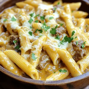 - 2 cups penne pasta - 1 pound ground beef - 4 tablespoons unsalted butter - 4 cloves garlic, minced - 1 medium onion, finely chopped - 1 teaspoon dried oregano - 1 teaspoon dried basil - 1 cup beef broth - 1 cup heavy cream - 2 cups shredded mozzarella cheese - 1/2 cup grated Parmesan cheese - Fresh parsley for garnish To make Cheesy Penne with Garlic Butter Beef, gather your ingredients. First, you need penne pasta. This pasta holds the sauce well. Next, ground beef adds flavor and protein. Then, butter makes everything rich and smooth. Garlic adds a punch of taste, while onion gives sweetness. Now, for seasonings, dried oregano and basil bring an Italian flair. Beef broth adds depth to the sauce, and heavy cream makes it creamy. Finally, cheese is the star here. Shredded mozzarella melts beautifully, and grated Parmesan adds a sharp bite. Don’t forget fresh parsley. It brightens the dish and adds color. For the full recipe, check out the details above. Enjoy cooking this delightful dish! - Boil salted water in a large pot. - Add 2 cups of penne pasta. - Cook for 8-10 minutes until al dente. - Drain the pasta and set aside in a bowl. - Melt 2 tablespoons of unsalted butter in a skillet. - Sauté 1 chopped onion for 3-4 minutes. - Add 4 minced garlic cloves and cook for 1 minute. - Increase heat and add 1 pound of ground beef. - Break it apart as it cooks for 5-7 minutes. - Season with 1 teaspoon of oregano, 1 teaspoon of basil, salt, and pepper. - Pour in 1 cup of beef broth and 1 cup of heavy cream. - Stir well and let it simmer for 5 minutes. - Mix in the cooked penne and 2 cups of shredded mozzarella. - Add 1/2 cup of grated Parmesan cheese and stir until melted. For the full recipe, check out the details above. Enjoy every bite of your cheesy penne with garlic butter beef! - Use fresh herbs for better taste. Fresh parsley or basil can brighten your dish. - Add a splash of white wine to the sauce. This adds depth and richness. - Prevent pasta from sticking together by stirring it often while cooking. This keeps it separate. - Manage heat to avoid burning garlic. Cook it on low heat until fragrant. - Best served immediately for the creamiest experience. The cheese melts perfectly when fresh. - Ideal pairings with salads or garlic bread. These sides balance the richness of the dish. For the full recipe, check out the details above. Happy cooking! {{image_4}} You can switch out the beef in this dish. Ground turkey or chicken works well. These options are lighter but still tasty. If you want a vegetarian meal, try using lentils or crumbled tofu. Both options provide protein and flavor. Cheese is key to this dish's creamy taste. You can play with different cheese blends. Try a mix of cheddar and mozzarella for a fun twist. If you need a lactose-free option, use lactose-free cheese. It melts well and keeps the dish creamy. Adding veggies can boost nutrition and flavor. Spinach or bell peppers blend well with the sauce. You can also serve steamed broccoli on the side. This adds color and crunch to the meal. For the full recipe, check out the Cheesy Penne with Garlic Butter Beef above. After cooking, let the Cheesy Penne with Garlic Butter Beef cool. Store leftovers in an airtight container. This dish tastes best when eaten within 3-4 days. To freeze, place the cooled dish in a freezer-safe container. Seal it tightly to avoid freezer burn. You can store it for up to three months. When ready to eat, thaw it overnight in the fridge for best results. Reheat the cheesy penne on the stove over low heat. Stir it gently to keep the flavors. Avoid the microwave, as it can make the pasta soggy. If needed, add a splash of beef broth or cream to restore its creamy texture. For tips on making this dish, check out the Full Recipe. This dish takes about 30 minutes to make. You need 10 minutes for prep and 20 minutes for cooking. It’s quick and perfect for busy nights. Yes, you can prepare it in advance. Cook the penne and beef separately. Mix them with cheese before serving. You can store it in the fridge for up to two days. Just reheat it slowly on the stove. This dish pairs well with many sides. Here are some great options: - Garlic bread - Fresh salad - Steamed broccoli - Roasted vegetables These sides add freshness and balance to the meal. Yes, this recipe is great for kids. If your little ones are picky, try these tips: - Use less garlic for a milder flavor. - Swap mozzarella for their favorite cheese. - Add veggies they like, such as peas or carrots. This way, everyone can enjoy a delicious meal! This blog post shared a simple recipe for Cheesy Penne with Garlic Butter Beef. We covered ingredients, step-by-step instructions, tips, variations, and storage info. Cooking with fresh herbs and trying new cheeses can enhance the taste. Don't forget to serve it hot for the best flavor! You can tailor this dish to fit any dietary needs or preferences. Enjoy experimenting with it and make it your own. Happy cooking!