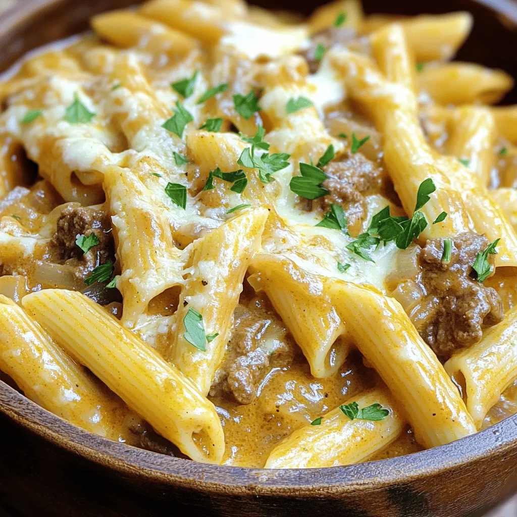 - 2 cups penne pasta - 1 pound ground beef - 4 tablespoons unsalted butter - 4 cloves garlic, minced - 1 medium onion, finely chopped - 1 teaspoon dried oregano - 1 teaspoon dried basil - 1 cup beef broth - 1 cup heavy cream - 2 cups shredded mozzarella cheese - 1/2 cup grated Parmesan cheese - Fresh parsley for garnish To make Cheesy Penne with Garlic Butter Beef, gather your ingredients. First, you need penne pasta. This pasta holds the sauce well. Next, ground beef adds flavor and protein. Then, butter makes everything rich and smooth. Garlic adds a punch of taste, while onion gives sweetness. Now, for seasonings, dried oregano and basil bring an Italian flair. Beef broth adds depth to the sauce, and heavy cream makes it creamy. Finally, cheese is the star here. Shredded mozzarella melts beautifully, and grated Parmesan adds a sharp bite. Don’t forget fresh parsley. It brightens the dish and adds color. For the full recipe, check out the details above. Enjoy cooking this delightful dish! - Boil salted water in a large pot. - Add 2 cups of penne pasta. - Cook for 8-10 minutes until al dente. - Drain the pasta and set aside in a bowl. - Melt 2 tablespoons of unsalted butter in a skillet. - Sauté 1 chopped onion for 3-4 minutes. - Add 4 minced garlic cloves and cook for 1 minute. - Increase heat and add 1 pound of ground beef. - Break it apart as it cooks for 5-7 minutes. - Season with 1 teaspoon of oregano, 1 teaspoon of basil, salt, and pepper. - Pour in 1 cup of beef broth and 1 cup of heavy cream. - Stir well and let it simmer for 5 minutes. - Mix in the cooked penne and 2 cups of shredded mozzarella. - Add 1/2 cup of grated Parmesan cheese and stir until melted. For the full recipe, check out the details above. Enjoy every bite of your cheesy penne with garlic butter beef! - Use fresh herbs for better taste. Fresh parsley or basil can brighten your dish. - Add a splash of white wine to the sauce. This adds depth and richness. - Prevent pasta from sticking together by stirring it often while cooking. This keeps it separate. - Manage heat to avoid burning garlic. Cook it on low heat until fragrant. - Best served immediately for the creamiest experience. The cheese melts perfectly when fresh. - Ideal pairings with salads or garlic bread. These sides balance the richness of the dish. For the full recipe, check out the details above. Happy cooking! {{image_4}} You can switch out the beef in this dish. Ground turkey or chicken works well. These options are lighter but still tasty. If you want a vegetarian meal, try using lentils or crumbled tofu. Both options provide protein and flavor. Cheese is key to this dish's creamy taste. You can play with different cheese blends. Try a mix of cheddar and mozzarella for a fun twist. If you need a lactose-free option, use lactose-free cheese. It melts well and keeps the dish creamy. Adding veggies can boost nutrition and flavor. Spinach or bell peppers blend well with the sauce. You can also serve steamed broccoli on the side. This adds color and crunch to the meal. For the full recipe, check out the Cheesy Penne with Garlic Butter Beef above. After cooking, let the Cheesy Penne with Garlic Butter Beef cool. Store leftovers in an airtight container. This dish tastes best when eaten within 3-4 days. To freeze, place the cooled dish in a freezer-safe container. Seal it tightly to avoid freezer burn. You can store it for up to three months. When ready to eat, thaw it overnight in the fridge for best results. Reheat the cheesy penne on the stove over low heat. Stir it gently to keep the flavors. Avoid the microwave, as it can make the pasta soggy. If needed, add a splash of beef broth or cream to restore its creamy texture. For tips on making this dish, check out the Full Recipe. This dish takes about 30 minutes to make. You need 10 minutes for prep and 20 minutes for cooking. It’s quick and perfect for busy nights. Yes, you can prepare it in advance. Cook the penne and beef separately. Mix them with cheese before serving. You can store it in the fridge for up to two days. Just reheat it slowly on the stove. This dish pairs well with many sides. Here are some great options: - Garlic bread - Fresh salad - Steamed broccoli - Roasted vegetables These sides add freshness and balance to the meal. Yes, this recipe is great for kids. If your little ones are picky, try these tips: - Use less garlic for a milder flavor. - Swap mozzarella for their favorite cheese. - Add veggies they like, such as peas or carrots. This way, everyone can enjoy a delicious meal! This blog post shared a simple recipe for Cheesy Penne with Garlic Butter Beef. We covered ingredients, step-by-step instructions, tips, variations, and storage info. Cooking with fresh herbs and trying new cheeses can enhance the taste. Don't forget to serve it hot for the best flavor! You can tailor this dish to fit any dietary needs or preferences. Enjoy experimenting with it and make it your own. Happy cooking!