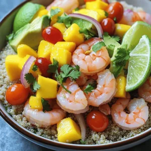 To create a delicious shrimp avocado mango bowl, gather these key ingredients: - 1 lb large shrimp, peeled and deveined - 1 ripe mango, diced into bite-sized pieces - 2 avocados, diced - 1 cup cherry tomatoes, halved - 1 small red onion, finely chopped - 2 tablespoons extra virgin olive oil - 1 tablespoon fresh lime juice - 1 teaspoon chili powder - 1 teaspoon garlic powder - Salt and freshly ground black pepper to taste - Fresh cilantro leaves, for garnish - Cooked quinoa or rice (optional, for added heartiness) Each ingredient brings a fresh and vibrant flavor to the dish. The shrimp provides protein, while the mango and avocado add creaminess and sweetness. Feel free to customize your bowl! Here are some great add-ins: - Sliced radishes for crunch - Black beans for added protein - Corn for sweetness and color - Sliced jalapeños for heat - Feta cheese for a salty kick These options can enhance the taste and make your bowl even more exciting. When shopping, seek out the freshest ingredients: - Shrimp: Look for shrimp that smells fresh, not fishy. Wild shrimp often have better flavor. - Mango: Choose a mango that gives slightly when you press it. This means it is ripe. - Avocado: A ripe avocado should yield to gentle pressure. Avoid brown spots. - Tomatoes and Onion: Select firm tomatoes and a vibrant red onion for the best flavor. For the best taste, shop at local markets or trusted grocery stores. Fresh ingredients make a huge difference in your shrimp avocado mango bowls. You can find the full recipe for these delicious bowls [here](#). To start, you need to marinate the shrimp. In a mixing bowl, add the peeled and deveined shrimp. Pour in the extra virgin olive oil and fresh lime juice. Then, sprinkle in the chili powder and garlic powder. Add a pinch of salt and freshly ground black pepper. Toss the shrimp until they are fully coated with the marinade. Cover the bowl and let the shrimp sit for 15-20 minutes. This step boosts the flavor and ensures the shrimp are tender. Next, it's time to cook the shrimp. Preheat a non-stick skillet over medium-high heat. Once the skillet is hot, add the marinated shrimp in a single layer. Cook the shrimp for 2-3 minutes on each side. You will know they are done when they turn pink and opaque. This shows they are cooked through. When finished, remove the skillet from heat and let the shrimp cool slightly. Perfectly cooked shrimp are juicy and flavorful. Now, let's assemble the bowls. If you want a heartier meal, start with a base of cooked quinoa or rice in each serving bowl. Arrange the diced avocado, mango, halved cherry tomatoes, and chopped red onion around the bowl's edge. This makes it look nice and colorful. Place the cooked shrimp in the center of each bowl. For extra flavor, sprinkle a bit more salt and a squeeze of fresh lime juice over the shrimp. Finish by topping each bowl with fresh cilantro leaves. Serve immediately, and enjoy this fresh and vibrant dish! You can find the full recipe [here](#). To cook shrimp just right, focus on timing. Shrimp cook fast. Keep an eye on them as they change color. Cook them until they turn bright pink and opaque. This usually takes about 2-3 minutes per side. Overcooking shrimp makes them tough. If they curl up tightly, they are likely overdone. Use a non-stick skillet for easy cooking and cleaning. To make your shrimp avocado mango bowls a full meal, add a base. You can use cooked quinoa or rice for this. These options add fiber and protein. You can also serve the bowls with a side of greens. A simple green salad pairs well. If you want more flavor, drizzle a light vinaigrette on the salad. Presentation matters in a dish like this. Use colorful ingredients to catch the eye. Arrange the mango, avocado, and shrimp in a circle for a beautiful look. Add fresh cilantro leaves on top for a pop of green. You can also squeeze fresh lime juice over the top. This adds brightness and flavor. For a fun touch, serve lime wedges on the side. These tips will make your bowls look great and taste even better. For more details, check out the Full Recipe. {{image_4}} Adding pineapple brings a fun twist to this dish. Pineapple adds a sweet and tangy flavor that pairs well with shrimp. To use pineapple, simply chop fresh or canned pineapple into small pieces. Add it to your bowl along with the mango and avocado. This tropical addition makes every bite exciting and refreshing. If you like heat, jalapeños are a great choice. They add a spicy kick that elevates the flavors. Slice fresh jalapeños and sprinkle them over your bowl. You can also remove the seeds for less heat. This spicy addition contrasts nicely with the creamy avocado and sweet mango. For a vegetarian version, swap shrimp for tofu or chickpeas. Tofu gives a nice texture and absorbs flavors well. Cut tofu into cubes and marinate it like the shrimp. If using chickpeas, drain and rinse canned ones, then toss them in your marinade. This option is filling and delicious, ensuring everyone can enjoy this dish. For the full recipe, visit the Shrimp Avocado Mango Bowls section above. To store leftover shrimp avocado mango bowls, first cool them down. Place the bowls in an airtight container. Make sure to keep the shrimp and fresh ingredients separate if you can. This keeps everything fresh. Store the container in the fridge. Your leftovers will last about two days. When you want to eat your leftovers, take out only what you need. Reheat the shrimp separately in a pan over low heat. This helps keep them tender. Avoid using the microwave, as it can make shrimp rubbery. For the avocado and mango, it’s best to eat them cold. Add the fresh ingredients back just before serving. The shelf life of the main ingredients varies. Shrimp stays fresh in the fridge for about one to two days. Avocados can last three to four days if they are not cut. Mangoes are good for about five days when ripe. Cherry tomatoes last about a week. Red onions can last weeks in a cool, dark place. Keep an eye on these dates to enjoy your meal fresh. For the full recipe of shrimp avocado mango bowls, check out the recipe section above. You can marinate shrimp for 15 to 30 minutes. This time gives the shrimp flavor without making them mushy. If you marinate too long, the acid in the lime juice can change the texture. Yes, you can prepare many parts in advance. Chop the mango, avocado, and veggies a few hours before. Store them in airtight containers to keep them fresh. However, I recommend cooking the shrimp just before serving for the best taste and texture. If you want a different protein, you can use chicken or firm tofu. Both work well with the marinade. Cook chicken until fully done, and sauté tofu until golden. For a quicker option, try canned chickpeas. They add protein and a nice taste. For the full recipe, check out the Shrimp Avocado Mango Bowls. In this post, we covered how to make delicious shrimp avocado mango bowls. We discussed key ingredients, cooking steps, and creative variations. You learned how to marinate and cook shrimp just right. We also shared tips for serving and storing your bowls. Remember, you can always switch shrimp for tofu or chickpeas. Enjoy exploring different flavors that fit your taste. I hope this guide helps you create tasty meals that impress!
