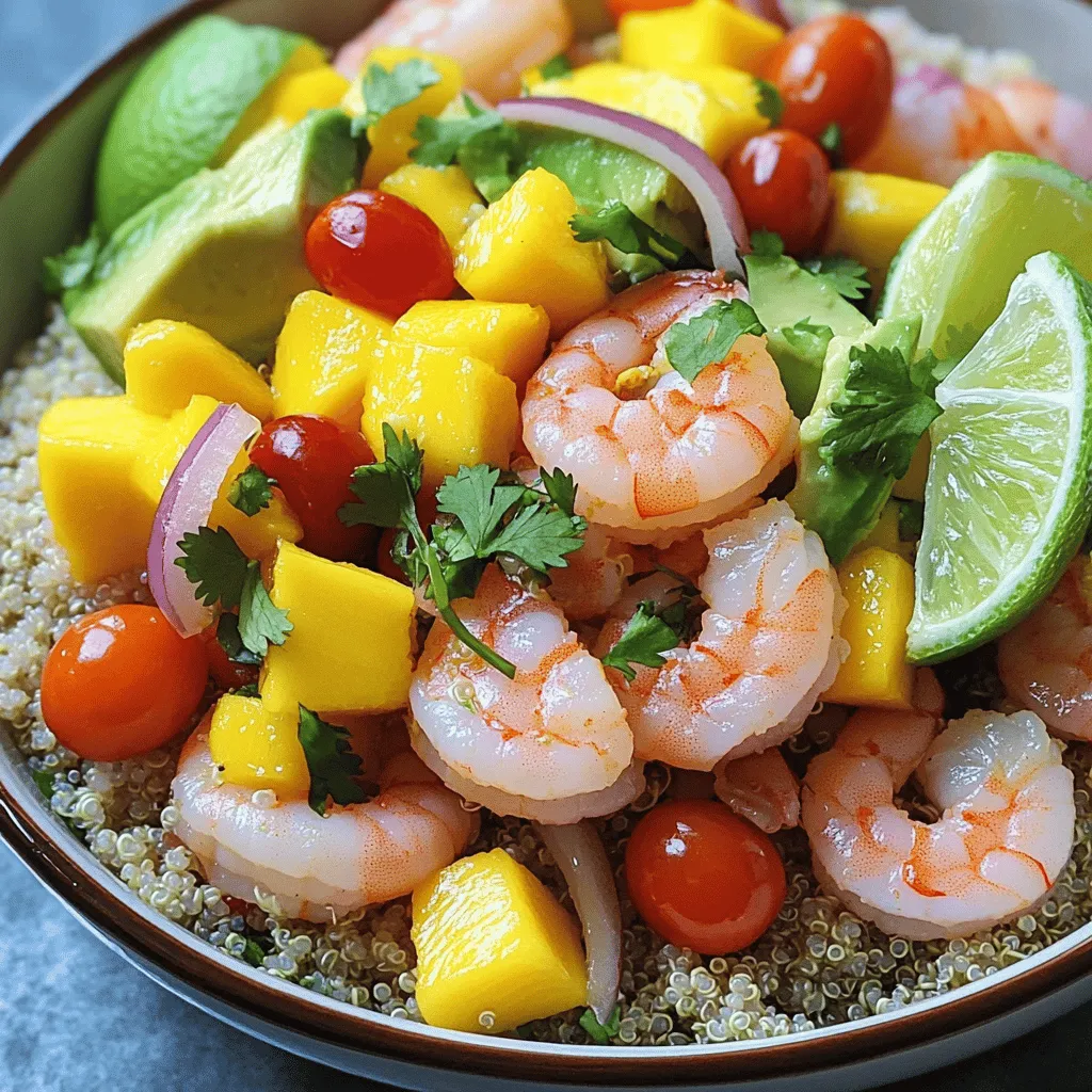 To create a delicious shrimp avocado mango bowl, gather these key ingredients: - 1 lb large shrimp, peeled and deveined - 1 ripe mango, diced into bite-sized pieces - 2 avocados, diced - 1 cup cherry tomatoes, halved - 1 small red onion, finely chopped - 2 tablespoons extra virgin olive oil - 1 tablespoon fresh lime juice - 1 teaspoon chili powder - 1 teaspoon garlic powder - Salt and freshly ground black pepper to taste - Fresh cilantro leaves, for garnish - Cooked quinoa or rice (optional, for added heartiness) Each ingredient brings a fresh and vibrant flavor to the dish. The shrimp provides protein, while the mango and avocado add creaminess and sweetness. Feel free to customize your bowl! Here are some great add-ins: - Sliced radishes for crunch - Black beans for added protein - Corn for sweetness and color - Sliced jalapeños for heat - Feta cheese for a salty kick These options can enhance the taste and make your bowl even more exciting. When shopping, seek out the freshest ingredients: - Shrimp: Look for shrimp that smells fresh, not fishy. Wild shrimp often have better flavor. - Mango: Choose a mango that gives slightly when you press it. This means it is ripe. - Avocado: A ripe avocado should yield to gentle pressure. Avoid brown spots. - Tomatoes and Onion: Select firm tomatoes and a vibrant red onion for the best flavor. For the best taste, shop at local markets or trusted grocery stores. Fresh ingredients make a huge difference in your shrimp avocado mango bowls. You can find the full recipe for these delicious bowls [here](#). To start, you need to marinate the shrimp. In a mixing bowl, add the peeled and deveined shrimp. Pour in the extra virgin olive oil and fresh lime juice. Then, sprinkle in the chili powder and garlic powder. Add a pinch of salt and freshly ground black pepper. Toss the shrimp until they are fully coated with the marinade. Cover the bowl and let the shrimp sit for 15-20 minutes. This step boosts the flavor and ensures the shrimp are tender. Next, it's time to cook the shrimp. Preheat a non-stick skillet over medium-high heat. Once the skillet is hot, add the marinated shrimp in a single layer. Cook the shrimp for 2-3 minutes on each side. You will know they are done when they turn pink and opaque. This shows they are cooked through. When finished, remove the skillet from heat and let the shrimp cool slightly. Perfectly cooked shrimp are juicy and flavorful. Now, let's assemble the bowls. If you want a heartier meal, start with a base of cooked quinoa or rice in each serving bowl. Arrange the diced avocado, mango, halved cherry tomatoes, and chopped red onion around the bowl's edge. This makes it look nice and colorful. Place the cooked shrimp in the center of each bowl. For extra flavor, sprinkle a bit more salt and a squeeze of fresh lime juice over the shrimp. Finish by topping each bowl with fresh cilantro leaves. Serve immediately, and enjoy this fresh and vibrant dish! You can find the full recipe [here](#). To cook shrimp just right, focus on timing. Shrimp cook fast. Keep an eye on them as they change color. Cook them until they turn bright pink and opaque. This usually takes about 2-3 minutes per side. Overcooking shrimp makes them tough. If they curl up tightly, they are likely overdone. Use a non-stick skillet for easy cooking and cleaning. To make your shrimp avocado mango bowls a full meal, add a base. You can use cooked quinoa or rice for this. These options add fiber and protein. You can also serve the bowls with a side of greens. A simple green salad pairs well. If you want more flavor, drizzle a light vinaigrette on the salad. Presentation matters in a dish like this. Use colorful ingredients to catch the eye. Arrange the mango, avocado, and shrimp in a circle for a beautiful look. Add fresh cilantro leaves on top for a pop of green. You can also squeeze fresh lime juice over the top. This adds brightness and flavor. For a fun touch, serve lime wedges on the side. These tips will make your bowls look great and taste even better. For more details, check out the Full Recipe. {{image_4}} Adding pineapple brings a fun twist to this dish. Pineapple adds a sweet and tangy flavor that pairs well with shrimp. To use pineapple, simply chop fresh or canned pineapple into small pieces. Add it to your bowl along with the mango and avocado. This tropical addition makes every bite exciting and refreshing. If you like heat, jalapeños are a great choice. They add a spicy kick that elevates the flavors. Slice fresh jalapeños and sprinkle them over your bowl. You can also remove the seeds for less heat. This spicy addition contrasts nicely with the creamy avocado and sweet mango. For a vegetarian version, swap shrimp for tofu or chickpeas. Tofu gives a nice texture and absorbs flavors well. Cut tofu into cubes and marinate it like the shrimp. If using chickpeas, drain and rinse canned ones, then toss them in your marinade. This option is filling and delicious, ensuring everyone can enjoy this dish. For the full recipe, visit the Shrimp Avocado Mango Bowls section above. To store leftover shrimp avocado mango bowls, first cool them down. Place the bowls in an airtight container. Make sure to keep the shrimp and fresh ingredients separate if you can. This keeps everything fresh. Store the container in the fridge. Your leftovers will last about two days. When you want to eat your leftovers, take out only what you need. Reheat the shrimp separately in a pan over low heat. This helps keep them tender. Avoid using the microwave, as it can make shrimp rubbery. For the avocado and mango, it’s best to eat them cold. Add the fresh ingredients back just before serving. The shelf life of the main ingredients varies. Shrimp stays fresh in the fridge for about one to two days. Avocados can last three to four days if they are not cut. Mangoes are good for about five days when ripe. Cherry tomatoes last about a week. Red onions can last weeks in a cool, dark place. Keep an eye on these dates to enjoy your meal fresh. For the full recipe of shrimp avocado mango bowls, check out the recipe section above. You can marinate shrimp for 15 to 30 minutes. This time gives the shrimp flavor without making them mushy. If you marinate too long, the acid in the lime juice can change the texture. Yes, you can prepare many parts in advance. Chop the mango, avocado, and veggies a few hours before. Store them in airtight containers to keep them fresh. However, I recommend cooking the shrimp just before serving for the best taste and texture. If you want a different protein, you can use chicken or firm tofu. Both work well with the marinade. Cook chicken until fully done, and sauté tofu until golden. For a quicker option, try canned chickpeas. They add protein and a nice taste. For the full recipe, check out the Shrimp Avocado Mango Bowls. In this post, we covered how to make delicious shrimp avocado mango bowls. We discussed key ingredients, cooking steps, and creative variations. You learned how to marinate and cook shrimp just right. We also shared tips for serving and storing your bowls. Remember, you can always switch shrimp for tofu or chickpeas. Enjoy exploring different flavors that fit your taste. I hope this guide helps you create tasty meals that impress!