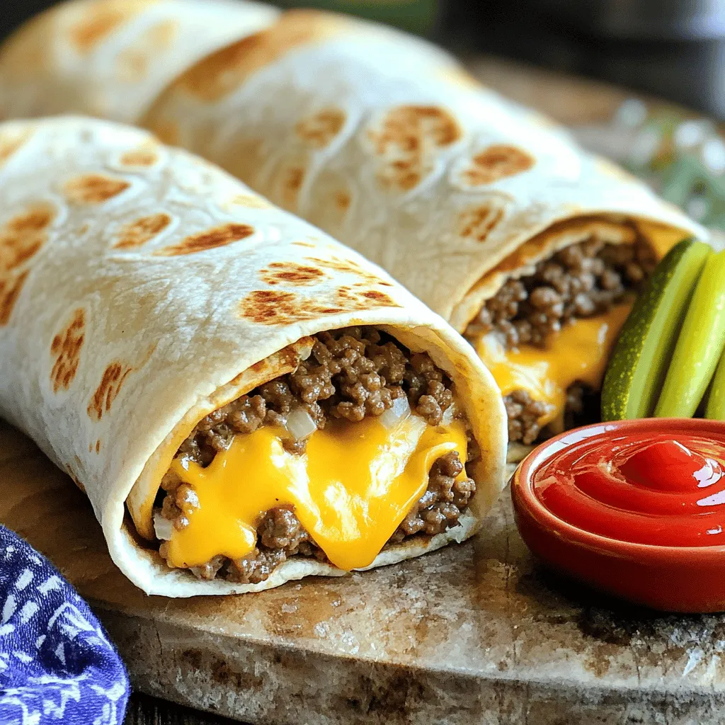 - 1 lb ground beef (80/20 blend) - 1 cup shredded sharp cheddar cheese - 4 large flour tortillas - 1/2 cup dill pickles, sliced - 1 teaspoon garlic powder - 1 teaspoon onion powder - 1 teaspoon smoked paprika - Salt and freshly cracked black pepper to taste - 1/4 cup ketchup - 1/4 cup yellow mustard - Cooking spray Gathering fresh ingredients is key to making these Air Fryer Cheeseburger Wraps shine. Start with ground beef that has enough fat, like an 80/20 blend. This blend keeps the meat juicy and full of flavor. Use sharp cheddar cheese for a strong taste that melts well. The tortillas should be large and soft, making them easy to roll. When it comes to pickles, choose dill pickles for a tangy crunch. They add a great contrast to the rich meat and cheese. Seasonings are simple but important. Garlic powder, onion powder, and smoked paprika give the beef a tasty kick. Salt and black pepper help bring all the flavors together. For condiments, ketchup and yellow mustard keep it classic. They add moisture and flavor inside the wrap. Lastly, a light spray of cooking oil helps achieve that crispy outer layer in the air fryer. This mix of ingredients will create a delicious wrap that everyone will love. For a full guide on how to prepare these tasty wraps, check the Full Recipe. - In a large bowl, combine 1 lb of ground beef with: - 1 teaspoon garlic powder - 1 teaspoon onion powder - 1 teaspoon smoked paprika - Salt and freshly cracked black pepper to taste - Heat a skillet over medium heat. - Add the seasoned beef mixture, breaking it apart as it cooks. - Cook for about 6 to 8 minutes until the meat is browned. - Drain any excess fat if necessary. - Remove the skillet from heat and stir in 1 cup of shredded sharp cheddar cheese. - Lay 4 large flour tortillas flat on a clean surface. - Spread a thin layer of ketchup and mustard in the center of each tortilla. - Spoon the cheeseburger filling on top of the condiments. - Add some sliced dill pickles for extra flavor. - Fold the sides of the tortilla inward. - Roll tightly from the bottom up to secure the filling inside. - Preheat your air fryer to 380°F (193°C) for about 5 minutes. - Lightly spray the outside of each wrap with cooking spray. - Place the wraps in the air fryer basket in a single layer. - Air fry for 8 to 10 minutes, flipping halfway through. - Cook until the wraps are golden brown and crispy. - Allow the wraps to cool for a minute before slicing in half for serving. For detailed instructions, you can check the Full Recipe. To cook your wraps evenly, make sure to spread the filling well. Distribute the meat mixture across the tortillas before rolling. This ensures every bite is packed with flavor. For a crispy exterior, use cooking spray on the outside. A light coat helps the wraps brown nicely. Set your air fryer to the right temperature. Preheating it ensures the wraps cook uniformly. For a great presentation, place the wraps on a colorful platter. You can cut them in half for easy eating. Add small bowls of ketchup and mustard for dipping. To enhance your meal, serve with fresh veggies or a side salad. Crunchy fries or onion rings also pair well with the wraps. Feel free to change the filling to fit your taste. You can use turkey or chicken instead of beef. For a vegetarian option, try black beans or lentils. Switch up the cheese, too! Pepper jack or mozzarella can add a fun twist. If you love spice, add jalapeños or hot sauce to the mix. {{image_4}} If you want a meat-free meal, try using plant-based meat. You can swap the ground beef for a meat alternative like lentils or black beans. Both options pack a punch of flavor. Just season them like you would the beef. Cook until they are warm and soft. This way, you keep the taste while being kind to the planet. Cheese makes everything better. You can use various cheese types to switch things up. Try mozzarella for a gooey texture or pepper jack for a spicy kick. Goat cheese can add a unique tang. Mix and match until you find your favorite combo. The cheese can really change the flavor of your wrap. Adding veggies is a great way to boost nutrition. You can throw in sliced bell peppers, onions, or spinach. These add crunch and color to your wraps. Just sauté them lightly before adding them to your filling. This makes your wraps even more delicious and healthy. Don’t forget to experiment with different veggies to find your perfect mix. To keep your Air Fryer cheeseburger wraps fresh, store them in an airtight container. Place parchment paper between layers to prevent sticking. Refrigerate them right away. They stay good for about 3 to 4 days. To reheat without losing crispiness, use the air fryer again. Preheat it to 350°F (175°C). Air fry the wraps for 3 to 5 minutes. This method keeps them crispy and warm. You can also use a skillet on medium heat for about 2 to 3 minutes on each side. For long-term storage, you can freeze the wraps. Wrap each one in plastic wrap, then place them in a freezer bag. They last up to 2 months in the freezer. To thaw, leave them in the fridge overnight. Reheat in the air fryer as mentioned above for the best texture. For the complete recipe, check out the Full Recipe section. Yes, you can use many types of meat. Ground turkey or chicken works well. You could also try ground pork for a different taste. For a vegetarian option, use lentils or black beans. Both give a hearty texture and flavor. Just make sure to season them well. To make gluten-free wraps, choose gluten-free tortillas. Many brands offer good options now. Look for ones made from rice or corn. You can also make your own using almond flour. This way, you control the ingredients and taste. You can pair these wraps with many sides. A fresh salad works great. Try a creamy coleslaw for crunch. Sweet potato fries add a tasty twist. For dips, serve extra ketchup and mustard. You could also try ranch or barbecue sauce for something different. Check out the Full Recipe for more ideas! This blog post shared a simple recipe for Air Fryer Cheeseburger Wraps. You learned about the key ingredients, step-by-step instructions, and storage tips. I also highlighted ways to customize the wraps and suggested delicious variations. These wraps are versatile and easy to make, perfect for family meals or quick snacks. Enjoy exploring flavors that suit your tastes. Now, gather your ingredients and start creating your tasty wraps today!