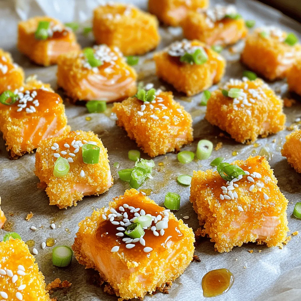 For these easy Bang Bang Salmon Bites, you will need: - 1 lb salmon fillet, skinless and boneless - 1/4 cup cornstarch - 1/2 teaspoon salt - 1/2 teaspoon black pepper - 1 teaspoon garlic powder - 1 teaspoon smoked paprika - 1/4 cup mayonnaise - 2 tablespoons sriracha (adjust according to your spice preference) - 1 tablespoon honey - 1 teaspoon fresh lime juice These ingredients come together to create a tasty snack. The cornstarch gives the salmon a nice crunch. The spices add depth and flavor. The sauce ties it all together. You can elevate your dish with some simple garnishes. Consider adding: - Chopped green onions - Sesame seeds These garnishes not only look good but also add a fresh taste. They make your salmon bites pop on the plate. To make Bang Bang Salmon Bites, have these tools ready: - Baking sheet - Parchment paper - Mixing bowls - Whisk - Knife and cutting board These items will help you prepare and cook your dish easily. They make the process smooth and fun. Don't forget to check the [Full Recipe] for all steps! To start, preheat your oven to 400°F (200°C). This temperature gives your salmon bites a nice crisp. Next, take your skinless, boneless salmon fillet. Cut it into 1-inch cubes. Make sure the pieces are similar in size. This helps them cook evenly. In a mixing bowl, combine the cornstarch, salt, black pepper, garlic powder, and smoked paprika. Stir well to mix all the dry ingredients. Now, gently add your salmon cubes to this bowl. Toss them carefully until each piece is coated in the cornstarch mix. This will give your salmon bites a crispy outer layer when baked. Place the coated salmon bites in a single layer on a lined baking sheet. Leave some space between each piece. This allows heat to circulate and makes them crispier. Bake the salmon bites for 12 to 15 minutes. They should be cooked through and slightly crispy on the outside. While they bake, prepare the bang bang sauce. Mix mayonnaise, sriracha, honey, and lime juice in a small bowl. Once the salmon bites are done, let them sit for a minute. Serve them drizzled with the bang bang sauce or on the side for dipping. Don't forget to garnish with green onions and sesame seeds for a lovely touch! For the full recipe, check out the detailed instructions above. To make the best bang bang sauce, balance is key. Start with mayonnaise for a creamy base. Then, add sriracha for heat. You can adjust the sriracha amount based on your spice level. Mix in honey for sweetness. Finally, add lime juice for a zesty kick. This sauce shines as a dip or drizzle. For perfect salmon bites, cut your salmon into even cubes. Aim for one-inch pieces. This size helps them cook evenly. Coating them in cornstarch gives a nice crunch. Bake until golden brown. Your salmon should flake easily when cooked. You can prepare the salmon bites in advance. Cut and coat the salmon, then chill it in the fridge. You can also mix the bang bang sauce ahead of time. Store it in a sealed container. When ready to eat, bake the salmon bites fresh. This keeps them crispy! Explore the [Full Recipe] for more details on preparation. {{image_4}} You can switch up the bang bang sauce for fun. Try using a spicy mayo for a kick. Mix mayonnaise with hot sauce for a fast sauce. You can also blend yogurt and herbs for a cool twist. If you want a sweet touch, mix honey and mustard. Each sauce brings a new flavor. To make your bites even spicier, add fresh peppers. Diced jalapeños or serrano peppers work great. You can also sprinkle on red pepper flakes for heat. If you want a smoky flavor, add chipotle powder. Experiment and find the heat level you love. You can cook salmon bites in many ways. Air frying gives them a nice crisp. Set your air fryer to 400°F and cook for about 10 minutes. Grilling adds a smoky flavor. Just preheat your grill and cook for 3-4 minutes on each side. Both methods make for tasty bites. For full details on making these bites, check the Full Recipe. To keep your Bang Bang Salmon Bites fresh, store them in an airtight container. Make sure they cool down before sealing. This prevents steam and keeps them crispy. They stay good in the fridge for up to three days. Reheat them in the oven for the best texture. For reheating, the oven is your best friend. Preheat it to 350°F (175°C). Place the salmon bites on a baking sheet. Heat for about 10 minutes. This keeps them crunchy. You can also use an air fryer. Set it to 350°F (175°C) and cook for 5 minutes. You can freeze Bang Bang Salmon Bites for later. Place them in a freezer-safe bag or container. They last up to three months. To thaw, move them to the fridge overnight. Reheat them in the oven or air fryer once thawed. Enjoy your tasty snack anytime! For more details, check out the Full Recipe. To tone down the heat in the sauce, reduce the sriracha. You can also add more mayonnaise to balance the spice. Mixing in some Greek yogurt works well too. This will keep the sauce creamy while making it milder. Yes, you can use frozen salmon. Just make sure to thaw it first. Place the salmon in the fridge overnight for the best results. If you're short on time, you can also submerge it in cold water for about 30 minutes. After thawing, pat it dry to ensure the coating sticks well. Bang Bang Salmon Bites work great with various sides. Here are some tasty options: - Steamed broccoli: Its mild flavor complements the spicy bites. - Rice: White or brown rice absorbs the sauce nicely. - Salad: A fresh green salad adds crunch and lightness. - Coleslaw: Its creaminess balances the heat of the salmon. Feel free to explore more sides to match your taste! For the full recipe, check out the Bangin' Bang Bang Salmon Bites. You’ve learned how to make easy Bang Bang Salmon Bites, from key ingredients to cooking methods. We discussed sauces, texture, and even storage tips to keep your bites fresh. Don’t forget, you can customize flavors and try different techniques, like grilling or air frying. Always feel free to tweak the recipe to fit your taste. Enjoy these bites as a fun snack or a meal. You’re now ready to impress family and friends with your cooking skills!