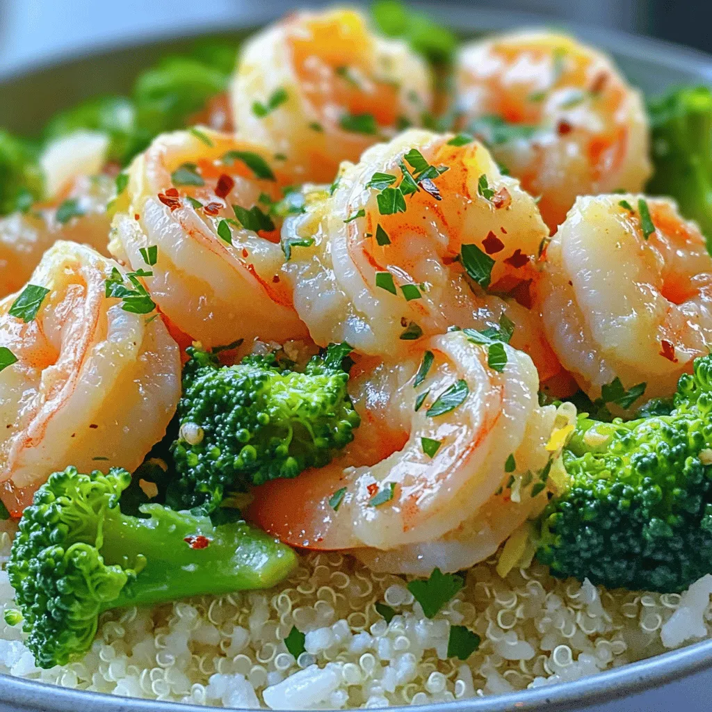 - 1 lb shrimp, peeled and deveined - 2 cups broccoli florets - 4 tablespoons unsalted butter - 4 cloves garlic, minced - 1 teaspoon red pepper flakes (adjust to taste) - Salt and freshly ground black pepper to taste - Zest and juice of 1 lemon - 2 tablespoons fresh parsley, finely chopped - Cooked rice or quinoa, for serving For this dish, each ingredient plays a key role. The shrimp brings a sweet, mild flavor. Broccoli adds a nice crunch and nutrition. Unsalted butter gives a rich taste. Garlic enhances the flavor profile with a warm, aromatic note. Red pepper flakes add a touch of heat. You can adjust this to suit your taste. Salt and pepper are essential for seasoning, helping to balance the flavors. The lemon zest and juice brighten the dish, giving it a fresh and zesty twist. Finally, parsley adds color and freshness, making your meal pop. You can find the full recipe by following the link. It's straightforward and perfect for any skill level. Enjoy the cooking journey! - Bring a pot of salted water to a boil. - Blanch broccoli for 2-3 minutes. To get the broccoli just right, bring your pot of salted water to a vigorous boil. This helps keep the broccoli bright and fresh. Blanch the broccoli for about 2-3 minutes. You want it tender yet still crisp. After blanching, quickly transfer the broccoli to an ice bath. This step halts the cooking process and keeps the color vibrant. Set it aside for later. - Melt unsalted butter over medium heat. - Add minced garlic and red pepper flakes. Next, let’s whip up that garlic butter sauce. In a large skillet, melt the unsalted butter over medium heat. You’ll know it’s ready when it starts to smell amazing. Once melted, toss in the minced garlic and red pepper flakes. Stir them together for about a minute. The garlic should turn golden, and the aroma will fill your kitchen. - Increase heat and add shrimp to the skillet. - Season and cook until shrimp are pink and opaque. Now, crank up the heat and add the shrimp to the skillet. Sprinkle them with salt and freshly cracked black pepper. Cook them for about 3-4 minutes. Stir occasionally, and watch as they turn a lovely pink hue and become opaque. This is when they are perfectly done. - Return blanched broccoli to the skillet. - Drizzle with lemon juice and sprinkle zest. It’s time to bring everything together! Gently return the blanched broccoli to the skillet with the shrimp. Drizzle fresh lemon juice and sprinkle lemon zest over the top. This adds a bright flavor. Stir everything together and let it heat through for another minute. - Toss everything together. - Adjust seasoning as needed. Give it all a good toss. Make sure the sauce coats every piece of shrimp and broccoli. Taste the dish and adjust the seasoning if needed. You want the flavors to pop! - Serve over rice or quinoa. - Garnish with parsley. To serve, ladle the garlic butter shrimp and broccoli over a bed of fluffy rice or quinoa. This will soak up all that delicious sauce. Finish with a sprinkle of fresh parsley. This adds a nice color and a hint of freshness. Enjoy this delightful dish! For the complete recipe, check the Full Recipe section. - Perfectly blanching broccoli: Start by boiling salted water in a large pot. When the water reaches a rolling boil, add the broccoli florets. Blanch them for 2-3 minutes. You want them bright green and slightly tender. Quickly move them to an ice bath to stop cooking. This keeps the color and crunch. - Sautéing shrimp without overcooking: Heat a spacious skillet over medium heat. Melt the butter first, then add the garlic and red pepper flakes. Once fragrant, increase the heat to medium-high. Add the shrimp and season with salt and pepper. Cook for 3-4 minutes. Look for a pink color and opaque texture. Remove them from heat as soon as they are done. - Alternative ingredients for more flavor: You can swap the unsalted butter for olive oil or ghee. This adds a different taste. Try adding a splash of white wine to the garlic butter for more depth. A dash of soy sauce can also deepen the flavor profile. - Adjusting red pepper flakes for spice level: If you like heat, keep the red pepper flakes. If you prefer mild flavors, reduce the amount. You can also substitute with smoked paprika for a smoky taste without the heat. - Plating techniques for a professional look: Use a large, white plate to highlight the colors. Place the rice or quinoa in the center. Arrange the shrimp and broccoli around it. Drizzle some sauce over the dish to make it shine. - Using garnishes effectively: Fresh parsley adds a pop of color. Scatter it over the top just before serving. You can also add a few lemon wedges on the side for a fresh touch. This makes the dish look elegant and inviting. For the complete recipe, check out the Full Recipe section. {{image_4}} You can easily adapt this recipe to fit your diet. To make it gluten-free, simply ensure that any sauces or ingredients you use are labeled gluten-free. Most fresh ingredients in this dish are naturally gluten-free, so you’re off to a good start. If you need a dairy-free option, swap unsalted butter for a plant-based butter or oil. This change keeps the dish tasty without dairy. Feel free to switch out the vegetables. Instead of broccoli, try using asparagus, snap peas, or even bell peppers. These veggies add color and crunch. If shrimp isn’t your thing, you can use chicken or tofu as a protein. Just make sure to adjust the cooking time accordingly to ensure everything cooks evenly. Looking to mix things up? Add herbs like basil or cilantro for a fresh twist. You could also sprinkle in some smoked paprika for a deeper flavor. If you enjoy sauces, consider adding a splash of soy sauce or a drizzle of sriracha for some heat. These small changes make your garlic butter shrimp and broccoli even more exciting. For the full recipe, check out the detailed steps above. To keep your Garlic Butter Shrimp and Broccoli fresh, use airtight containers. Place the leftovers in the fridge right after they cool down. They stay good for up to three days. Always check for any off-smells or changes in texture before eating. When you reheat this dish, do it gently. I recommend using a skillet over low heat. This way, the shrimp won’t dry out. Another option is to use a microwave. Cover it with a damp paper towel to keep moisture in. You can also make this meal ahead of time. It works well for meal prep and saves time during busy days. Yes, you can freeze Garlic Butter Shrimp and Broccoli! First, let it cool completely. Then, place it in freezer-safe bags or containers. Be sure to remove as much air as possible. It can last up to three months in the freezer. To thaw, just place it in the fridge overnight. Reheat it on the stove or in the microwave to bring back its flavor. For the best results, avoid freezing it with rice or quinoa, as those can become mushy. It takes about 10 minutes to prep and 20 minutes total. You can serve this dish to four people. Yes, you can use frozen shrimp. Thaw them in cold water before cooking. This helps them cook evenly. You can serve this dish with rice or quinoa. A fresh salad also pairs well for a complete meal. To adjust spice, add more or less red pepper flakes. You can also use fresh chili peppers for heat. Yes, it is great for meal prep. Cook it ahead, store it in containers, and enjoy it later. This Garlic Butter Shrimp and Broccoli dish is quick and full of flavor. You learned how to prepare the ingredients and make a delicious garlic butter sauce. Using fresh shrimp and broccoli gives a healthy meal option. Don’t forget the tips for variations and storage. Try this recipe for an easy weeknight dinner or meal prep. Enjoy the simple steps and great taste! Cooking can be fun and rewarding.