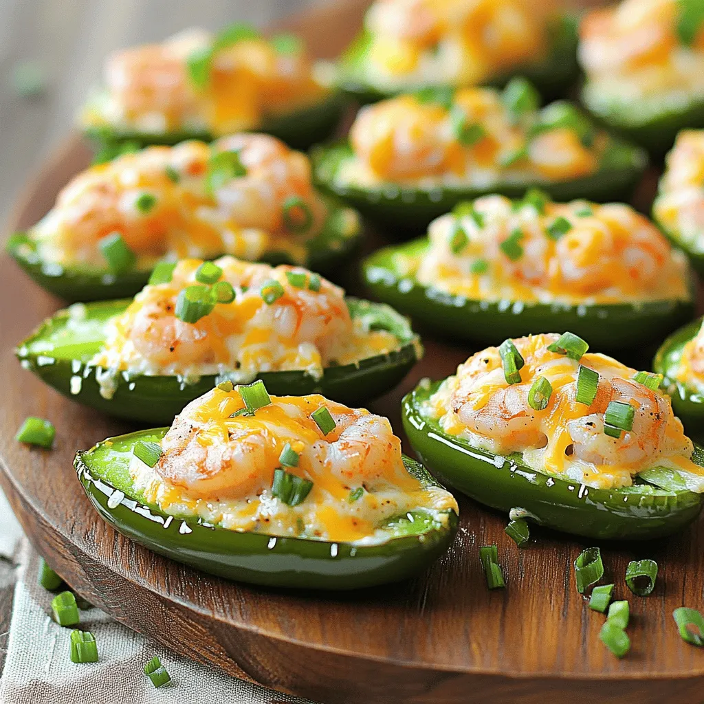- 12 large jalapeño peppers - 1 pound shrimp, peeled and deveined - 1 cup cream cheese, softened to room temperature - 1/2 cup shredded sharp cheddar cheese - 1/4 cup green onions, finely chopped - 2 cloves garlic, minced - 2 tablespoons Cajun seasoning - 1 tablespoon olive oil - Salt and freshly ground black pepper to taste - Cooking spray or additional olive oil for greasing Fiery Cajun Shrimp Stuffed Jalapeños start with fresh ingredients. The star here is the jalapeño. I love using large peppers for this dish. They have enough space for plenty of stuffing. You need shrimp to bring flavor and protein. Always choose fresh shrimp. Make sure they are peeled and deveined, so they are ready to cook. Cream cheese is vital for that rich and creamy texture. It helps balance the heat of the jalapeños. Sharp cheddar cheese adds depth to the flavor. Green onions give a fresh crunch. Don’t skip the garlic; it adds a nice aroma. Cajun seasoning gives a bold kick to the filling. Olive oil helps in cooking the shrimp. You can use salt and pepper to taste. Lastly, cooking spray or extra olive oil prevents sticking when baking. These ingredients come together to create a delightful treat. For the full recipe, check the details above. - Preheat the oven to 375°F (190°C). - Slice jalapeños in half lengthwise and remove seeds and membranes. Start by preheating your oven. This step ensures the jalapeños cook evenly. While the oven heats, prepare your peppers. Carefully cut each jalapeño in half. Use a spoon to scoop out the seeds and membranes. This helps lower the heat. If you want less spice, wear gloves to protect your hands. - Warm olive oil in a skillet and sauté minced garlic. - Add shrimp and Cajun seasoning, cooking until shrimp are pink and opaque. Next, heat olive oil in a skillet over medium heat. Add minced garlic and sauté for about one minute. You want the garlic fragrant, not browned. Then, toss in the shrimp and Cajun seasoning. Cook the shrimp for three to four minutes. Stir often until they turn pink and opaque. Once done, remove from heat and let them cool slightly. - Combine cream cheese, cheddar cheese, green onions, and cooked shrimp. - Season the mixture with salt and pepper. In a large bowl, mix softened cream cheese and shredded cheddar cheese. Add finely chopped green onions along with the cooked shrimp. Stir everything together until it’s well combined. Then, season with salt and freshly ground black pepper to taste. This mixture is creamy and full of flavor. - Fill each jalapeño half with the shrimp mixture using a spoon or piping bag. Now it’s time to stuff the jalapeños. Use a spoon or piping bag to fill each half with the shrimp mixture. Make sure to heap the filling for a tasty bite. Each jalapeño should look full and inviting. - Arrange jalapeños on a baking sheet and bake for 15-20 minutes until tender. Place the stuffed jalapeños on a baking sheet. Bake them in the preheated oven for 15 to 20 minutes. Look for them to be tender and the cheese melted into a bubbly, golden topping. After baking, let them cool for a few minutes. This helps enhance the flavors. Enjoy your delicious creation! For the full recipe, check out the detailed cooking instructions. To control heat, you can remove the seeds and membranes from the jalapeños. This simple step helps tone down the spice. If you want a milder flavor, you can also use other peppers, like bell peppers or banana peppers. Both of these options keep the dish vibrant and tasty without too much heat. If you want a lighter option, choose low-fat cream cheese. This swap cuts calories without losing flavor. For those who avoid dairy, dairy-free cream cheese works well too. Brands like Tofutti or Kite Hill offer great alternatives that blend smoothly with the filling. Broiling the stuffed jalapeños gives them an extra crispy top. After baking, switch to broil for a few minutes. Watch them closely to avoid burning. Another great option is air frying. It cooks them evenly and adds a nice crunch. Just set the temperature to 375°F and cook for about 10-12 minutes. For the Full Recipe, check the section above. Enjoy making this delicious treat! {{image_4}} You can switch up the protein in these stuffed jalapeños. Try using crab, chicken, or sausage instead of shrimp. Each option brings a unique flavor. If you want a vegetarian version, use black beans or corn. Both options add a hearty touch and keep the dish tasty. Cheese plays a big role in flavor. You can experiment with different cheeses like gouda or pepper jack. Both add a rich taste and creaminess. Another option is to add cream cheese flavors, such as garlic herb. This gives a nice twist and enhances the overall taste. Spice is key in Cajun cooking. You can use different spice blends like taco seasoning for a fun twist. If you crave more heat, add chopped jalapeños or a splash of hot sauce to the stuffing. This will amp up the flavor and heat. Each variation keeps the dish exciting and fresh. Store your stuffed jalapeños in an airtight container. This keeps them fresh longer. I suggest refrigerating them for up to three days. After that, they may lose their taste and texture. You can reheat stuffed jalapeños in three ways: oven, microwave, or air fryer. If you want the best results, use the oven. Preheat it to 350°F (175°C) and heat for about 10 minutes. This method keeps the jalapeños crisp. In the microwave, place them on a plate and cover with a damp paper towel. Heat for 30-second intervals until warm. This method is quick but may make them soft. For the air fryer, set it to 350°F (175°C) and cook for about 5 minutes. This method also keeps them crispy. No matter how you reheat, enjoy your flavorful treat! For the full recipe, visit the earlier section. Yes, you can prepare these jalapeños in advance. First, stuff the jalapeños with the shrimp mixture. Then, cover them and place them in the fridge. They can stay fresh for up to 24 hours. When you are ready to bake, just take them out and follow the baking steps. This makes hosting easy and fun! The spice level can vary. Jalapeños can be mild or hot based on their ripeness. If you want less heat, remove the seeds and inner membranes. You can also use milder peppers like bell peppers. If you enjoy heat, add more Cajun seasoning or a dash of hot sauce to the filling. These stuffed jalapeños pair well with various dips and sides. Sour cream or ranch dressing cools the heat. You can also serve them with guacamole or a fresh salsa. For a complete meal, add a side salad or chips and dip. The jalapeños are done when they are tender and the cheese is bubbly and golden. You can also poke one with a fork. If it feels soft, they are ready. Keep an eye on them to avoid overcooking. To make Fiery Cajun Shrimp Stuffed Jalapeños, we covered ingredients, cooking steps, and tips. You can adjust spiciness or change proteins to fit your taste. Don’t forget about storage and reheating options to keep leftovers fresh. These stuffed jalapeños offer flavor and fun for any gathering. Enjoy making this tasty dish, whether for yourself or a crowd. Get ready to share some spicy goodness!