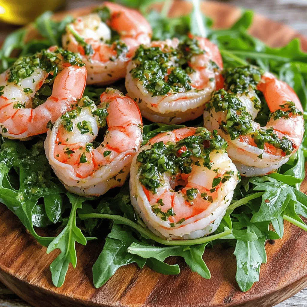- Large shrimp (1 pound, peeled and deveined) - Fresh herbs (1/4 cup each of parsley and cilantro, finely chopped) - Extra virgin olive oil (1/4 cup + for skillet) - Red wine vinegar or lemon juice (3 tablespoons) - Garlic (2 cloves, minced) - Red pepper flakes (1 teaspoon) - Salt and black pepper to taste - Fresh lemon juice (1 tablespoon) - Optional garnish (fresh arugula for serving) When I make Pan Seared Chimichurri Shrimp, I love using large shrimp. One pound is just right. I always peel and devein them for the best taste. Fresh herbs add a burst of flavor. I use both parsley and cilantro, each finely chopped. For the sauce, I rely on extra virgin olive oil. You need about a quarter cup, plus a bit for the skillet. You can use red wine vinegar or lemon juice. I often choose lemon juice for a bright kick. Garlic is a must in this dish. Two cloves, minced, give a great taste. I add red pepper flakes for a little heat. A teaspoon is perfect. Don’t forget salt and black pepper to taste! A tablespoon of fresh lemon juice gives a nice zing. If you want to make it pretty, fresh arugula works well as a garnish. To see how to combine these ingredients into a tasty dish, check the Full Recipe. To start, I take a medium bowl and add the ingredients. First, I chop 1/4 cup each of fresh parsley and cilantro. Next, I pour in 1/4 cup of extra virgin olive oil. Then, I add 3 tablespoons of red wine vinegar or lemon juice. After that, I mince 2 garlic cloves and toss them in. Finally, I sprinkle in red pepper flakes, along with salt and black pepper to taste. I mix everything well and set the sauce aside to let the flavors come together. Now, I grab a large bowl and place 1 pound of peeled and deveined shrimp inside. I drizzle fresh lemon juice over the shrimp. Then, I season them with salt and pepper. I gently toss the shrimp until they are well coated in the marinade. This step adds great flavor and helps the shrimp stay tender. Next, I heat a tablespoon of olive oil in a large skillet over medium-high heat. I wait until the oil shimmers but does not smoke. This shows the oil is hot enough for cooking. I then add the marinated shrimp to the skillet in a single layer. It’s important not to overcrowd the pan. I sear the shrimp for about 2-3 minutes on one side until they turn pink and curl up. After flipping, I cook the shrimp for another 2-3 minutes until they are fully cooked and opaque. Once done, I remove the skillet from the heat. I immediately toss the cooked shrimp with the chimichurri sauce, ensuring each shrimp is coated. For serving, I arrange fresh arugula on a large platter. I layer the chimichurri shrimp on top and drizzle any leftover sauce over them. This dish looks vibrant and tastes amazing! For the full recipe, check out the details above. To make great pan-seared chimichurri shrimp, start with a hot skillet. Heat it well before adding oil. This helps create a nice crust on the shrimp. Avoid overcrowding the pan. Cook in batches if needed. This ensures even cooking and prevents steaming. The chimichurri sauce is flexible. Feel free to change the herbs and spices. If you love garlic, add more. Prefer a milder sauce? Reduce the red pepper flakes. This way, you can make the sauce your own and enhance its flavor. Knowing when shrimp are done is key. Look for a pink color and a slight curl. The shrimp should also be opaque. This means they are cooked just right. Overcooking makes shrimp tough and rubbery. Keep an eye on them for the best results. For the full recipe, check out the complete guide above. {{image_4}} You can switch up the protein in this dish easily. Scallops make a nice choice. They cook fast and bring a sweet flavor. Chicken is another option. Just cut it into bite-sized pieces and cook it until golden brown. Tofu works well too, especially for a plant-based meal. Press it to remove excess water, then pan-sear until crispy. If you like more heat, add more red pepper flakes. Start with a pinch and taste as you go. You can also use fresh chili peppers for a different kick. Just chop them finely and mix them in. For less heat, cut back on the flakes. This way, everyone can enjoy the dish at their own spice level. Serving your chimichurri shrimp with rice gives it a hearty feel. Quinoa is another great side. It adds a nutty taste and extra protein. A fresh salad can lighten the meal too. Toss in some greens, tomatoes, and cucumber for crunch. You can even add avocado for creaminess. Each of these sides makes for a complete and satisfying meal. For the full recipe, check out the instructions above. Store any leftover Pan Seared Chimichurri Shrimp in an airtight container. This keeps the shrimp fresh and tasty. Try to eat them within 2 days. The longer you wait, the less flavor they have. If you want to save the shrimp for later, freeze shrimp and chimichurri sauce separately. This helps them stay fresh for a longer time. When you’re ready to eat, just thaw them in the fridge overnight before reheating. To keep the shrimp tender, reheat them gently. You can use a skillet over low heat. Stir them often to avoid sticking. If you want, add a splash of olive oil or butter to help with moisture. This way, you keep the great taste and texture. Yes, you can use frozen shrimp. Just make sure to thaw them first. To thaw, place the shrimp in a bowl of cold water for about 15-20 minutes. This method is quick and helps keep the shrimp firm. After thawing, pat them dry with a paper towel before using them in the recipe. This step ensures a good sear and keeps them from becoming soggy. Yes, chimichurri sauce is gluten-free. The basic ingredients, such as parsley, cilantro, olive oil, vinegar, garlic, and spices, do not contain gluten. This makes chimichurri a great choice for those with gluten sensitivities or celiac disease. Always check labels on any packaged ingredients to make sure they are certified gluten-free. You can serve Pan Seared Chimichurri Shrimp with several side dishes. Here are some ideas: - Rice: White or brown rice pairs well. - Quinoa: A healthy option that adds protein. - Salad: A fresh green salad with a light dressing complements the shrimp. - Roasted vegetables: Carrots, zucchini, or bell peppers enhance the meal. - Pasta: Tossed with olive oil and herbs, pasta makes a great base. For the full recipe, check out the detailed instructions above. This blog post shared a tasty shrimp recipe. You learned about fresh ingredients and how to make chimichurri sauce. We covered marinating and searing methods for your shrimp, plus tips for perfect results. You can customize the dish with different proteins and sides. Storing and reheating leftovers was also included. In summary, this easy recipe satisfies your taste and creativity in the kitchen. It's a fun dish you can make today!