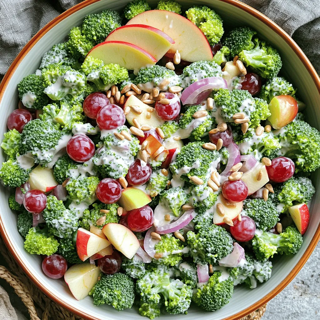 - 2 cups fresh broccoli florets - 1 large Honeycrisp apple, diced - ½ cup red grapes, halved - ¼ cup red onion, thinly sliced - ½ cup unsalted sunflower seeds - ½ cup plain Greek yogurt - 2 tablespoons honey - 1 tablespoon apple cider vinegar - Salt and freshly ground pepper to taste The Honeycrisp apple gives this salad a sweet crunch. Broccoli adds a fresh pop of color and nutrients. Red grapes add a lovely sweetness that balances the flavors. The red onion brings a nice bite that rounds out the mix. Sunflower seeds add a delightful crunch and healthy fats. Greek yogurt serves as a creamy base for the dressing. Honey sweetens the dressing naturally, while apple cider vinegar gives it a tangy kick. Adjust the salt and pepper to your taste for the perfect blend. - Calories: Approximately 290 per serving - Protein: 8g - Fat: 15g - Carbohydrates: 36g - Fiber: 4g This salad is not just tasty but also packed with nutrients. It provides a good amount of protein and fiber, making it a great choice for a light meal or side dish. - Medium pot - Mixing bowl - Small bowl - Whisk - Kitchen towel Having the right tools makes the process easier. Use the medium pot for blanching the broccoli. A mixing bowl helps combine all the ingredients well. The small bowl is perfect for whisking the dressing together. A kitchen towel is handy for drying the broccoli. With these tools, you are all set to create this fresh and crisp delight. You can check the Full Recipe for more details on how to prepare this salad. To start, we need to blanch the broccoli. First, bring a medium pot of salted water to a rolling boil. Then, add the 2 cups of broccoli florets. Cook them for about 1-2 minutes until they turn bright green and are tender-crisp. Blanching helps keep the broccoli's color and crunch. Next, we use an ice bath technique. Quickly drain the broccoli and plunge it into a bowl filled with ice water. This stops the cooking process right away. After a few minutes, drain the broccoli again and pat it dry with a clean kitchen towel. This step is key to keeping the broccoli crisp and fresh. Now, let’s mix the salad. In a spacious mixing bowl, combine the blanched broccoli, 1 large diced Honeycrisp apple, ½ cup halved red grapes, and ¼ cup thinly sliced red onion. Make sure to toss everything well to create a colorful base. Mixing helps each bite be full of flavor and texture. Time to prepare the dressing! In a small bowl, whisk together ½ cup of plain Greek yogurt, 2 tablespoons of honey, 1 tablespoon of apple cider vinegar, salt, and pepper. Blend until the dressing is smooth. This creamy dressing adds a nice tangy flavor to the salad. When you coat the salad, pour the dressing over the broccoli mix. Gently toss everything together with a large spoon or spatula. Be careful not to mash the apples or grapes. You want to keep them whole for a nice crunch. Now for the final touches. Sprinkle ½ cup of unsalted sunflower seeds over the top of the salad. Give it another gentle toss to spread the seeds throughout the salad. To enhance the flavor, chill the salad for at least 30 minutes. Cover it with plastic wrap or place it in an airtight container. This chilling time allows the flavors to meld beautifully. When you serve it, you’ll enjoy a fresh and crisp delight. Be sure to check out the Full Recipe for all the details! To get the best broccoli texture, blanch the florets for just 1-2 minutes. This keeps them bright green and crisp. After blanching, place them in an ice bath. This stops the cooking and locks in flavor. Chilling the salad for at least 30 minutes is key. It lets the flavors mix well and taste better. When serving, use a large bowl to show off the colors. Arrange slices of Honeycrisp apple on top for a pretty look. You can also sprinkle more sunflower seeds for a nice touch. Serve the salad over fresh spinach or arugula. This adds color and makes it more appetizing. To boost flavor, add a pinch of cinnamon or nutmeg. These spices pair well with the sweetness of the apples. You can also toss in extra nuts for crunch, like chopped walnuts or almonds. For added sweetness, consider dried cranberries or raisins. These options will make your salad even more delightful. For the full recipe, check out the complete instructions above! {{image_4}} You can change the flavors with different ingredients. Try using a Gala or Fuji apple for a sweet twist. If you want crunch, swap sunflower seeds for chopped walnuts or almonds. For the creamy dressing, you can replace Greek yogurt with silken tofu or a dairy-free yogurt. This keeps the same texture while making it vegan. To make a vegan version, use the swaps for Greek yogurt. You can also skip the honey or use maple syrup instead. For gluten-free needs, ensure your dressing is free from gluten. Most ingredients in this salad are naturally gluten-free. Add seasonal fruits like pears or pomegranate seeds for a fun touch. In the summer, toss in fresh berries for brightness. You can also change the dressing based on the season. In fall, try a spiced apple cider vinaigrette. It adds warmth and pairs well with the apples. To keep your Honeycrisp apple broccoli salad fresh, always refrigerate it. Use an airtight container to prevent moisture loss. Proper storage helps maintain the crispness of the broccoli and apples. The salad lasts about 3 days in the fridge. After that, the veggies may become soggy, and flavors can fade. You can freeze the salad, but it may lose its texture. Freezing is not ideal for salads with fresh fruits and crunchy veggies. If you still want to freeze it, do so without the apples and dressing. Store the broccoli, grapes, and onions together. Use a freezer-safe container or bag. When ready to eat, thaw it in the fridge overnight. Before serving leftovers, refresh the salad. Add fresh diced apples and a little extra dressing. This boosts flavor and crunch. Always check for any odd smells or changes in texture. If it seems off, it’s best to toss it. Enjoy your salad fresh for the best taste! For the full recipe, check the details above. You can use different dairy-free options if you want. Silken tofu works great as a creamy base. It gives a smooth texture without dairy. Another choice is cashew cream, made from soaked cashews blended until smooth. You can also use coconut yogurt for a slight sweet flavor. These options keep your salad creamy while catering to dietary needs. Adding protein sources is a smart way to make this salad more filling. You can toss in cooked chicken or chickpeas for extra protein. For a plant-based option, add beans or lentils. Nuts like almonds or walnuts also provide protein and crunch. These additions turn your salad into a full meal. Yes, you can prepare this salad ahead of time. Make it up to a day before and store it in the fridge. Just remember to keep the dressing separate until you are ready to serve. This keeps the salad fresh and crisp. When ready to eat, mix in the dressing and enjoy! This blog post covers a tasty and healthy salad with broccoli, apples, and grapes. You learned how to prepare, mix, and dress the salad to highlight the fresh flavors. I shared tips for perfecting texture and ideas for presentation. You can explore ingredient swaps and seasonal options to fit your needs. Remember, proper storage helps maintain freshness. Enjoy making this vibrant salad, and feel free to experiment for your own twist! Happy cooking!